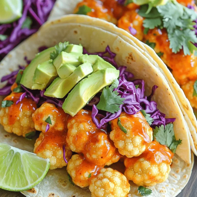 - 1 medium head of cauliflower, cut into florets - 1 cup all-purpose flour - 1 cup almond milk (or any plant-based milk) - 1 tablespoon garlic powder - 1 tablespoon smoked paprika - 1 teaspoon salt - 1 cup buffalo sauce (store-bought or homemade) - 8 small corn tortillas - 1 avocado, sliced - 1 cup shredded red cabbage - Fresh cilantro, for garnish - Lime wedges, for serving Each ingredient in Buffalo cauliflower tacos plays a key role in taste and texture. - Cauliflower: This is the star of the dish. It gives a hearty bite and soaks up flavors well. - Flour: This helps create a light, crispy coating for the cauliflower. - Almond milk: This adds moisture to the batter and keeps it plant-based. - Garlic powder: This brings a savory depth to the batter. - Smoked paprika: This adds a warm, smoky flavor that pairs well with buffalo sauce. - Salt: This enhances all the other flavors in the dish. - Buffalo sauce: This gives the dish its spicy kick and tangy flavor. - Corn tortillas: These provide a soft, chewy base for the tacos. - Avocado: This adds creaminess and balances the spice. - Red cabbage: This adds crunch and a pop of color. - Cilantro: This gives a fresh, herbal note to the dish. - Lime wedges: These add a zesty finish when squeezed on top. When choosing cauliflower, look for these signs of freshness: - Firmness: The head should feel solid and not soft. - Color: Choose white heads without dark spots or discoloration. - Leaves: Fresh leaves should be green and crisp, not wilted. - Size: Medium heads work best for this recipe. Too large may not cook evenly. By picking a fresh cauliflower, you ensure your tacos will taste their best! Start by washing your cauliflower. Cut it into small florets. This gives each piece a nice bite. Place the florets in a large bowl. This will help when you coat them. In the same bowl, mix one cup of flour and one cup of almond milk. Add one tablespoon of garlic powder and one tablespoon of smoked paprika. Sprinkle in one teaspoon of salt. Whisk it all together until it is smooth. This batter will stick well to the cauliflower. Preheat your oven to 450°F (230°C) and line a baking sheet with parchment paper. Dip each cauliflower floret into the batter. Let any extra batter drip off. Spread the florets on the baking sheet in a single layer. Bake for 20-25 minutes. Flip them halfway for even cooking. When they are golden and crispy, take them out. In a large bowl, toss the baked cauliflower with one cup of buffalo sauce. Make sure each piece is coated well. To get your cauliflower extra crispy, follow these steps: - Use a dry head of cauliflower. Make sure it is not wet. - Coat each floret well in the batter. This helps it stick. - Space the florets apart on the baking sheet. This allows hot air to circulate. - Flip the florets halfway through baking. This ensures even crispiness. For even better crunch, broil the cauliflower for 2-3 minutes at the end. Keep an eye on it to avoid burning. Layering your tacos correctly makes a big difference. Here’s how I do it: - Start with a warm tortilla. This keeps it pliable and easy to fold. - Add the buffalo cauliflower first. This helps it stay in place. - Next, layer on the avocado slices. They add creaminess and balance heat. - Finish with shredded red cabbage. It gives a nice crunch and color. For a fun twist, consider adding some cheese or pickled onions for extra flavor. Making your buffalo sauce at home is simple and fun. Here’s a quick guide: - Start with unsalted butter or a plant-based alternative. Melt it in a pan. - Mix in hot sauce of your choice. Adjust the heat to your liking. - Add a dash of garlic powder and a squeeze of lemon juice. This adds depth. Taste your sauce and adjust as needed. You can make it spicier or milder. Store any leftovers in a jar in the fridge. {{image_2}} You can swap cauliflower for other veggies or proteins. Try using chickpeas for a protein boost. They soak up flavor well. You can also use sweet potatoes. Roast them until they are soft and sweet. Zucchini is another great choice. Just slice it and grill it for a smoky taste. Each option adds a fresh twist to your tacos. If you need gluten-free tacos, replace all-purpose flour with a gluten-free blend. Many brands offer great options. You can also use almond flour for a nutty flavor. Always check the labels to ensure they are gluten-free. For the tortillas, choose corn tortillas. They are naturally gluten-free and work perfectly with the filling. Spices can take your tacos to the next level. Consider adding cayenne pepper for heat. A pinch will add a nice kick. You might enjoy smoked paprika for a deeper flavor. Cumin can also add warmth and richness. Mix and match spices to suit your taste. Don’t be afraid to experiment! To keep leftover buffalo cauliflower fresh, let it cool first. Place the cooled cauliflower in an airtight container. Store it in the fridge. It will last for about 3 to 4 days. Make sure to seal the container well to avoid moisture. When you are ready to eat the leftovers, you want them crispy again. Preheat your oven to 400°F (200°C). Spread the cauliflower on a baking sheet. Bake for about 10-15 minutes. This helps it regain its crunch. Avoid using the microwave as it can make the cauliflower soggy. Freezing buffalo cauliflower tacos is easy! First, let the tacos cool completely. Wrap each taco in plastic wrap tightly. Then, place them in a freezer-safe bag. You can freeze them for up to 2 months. To eat, thaw them in the fridge overnight and reheat in the oven for a crispy bite. Yes, you can use other flours. For gluten-free options, try almond or chickpea flour. These flours give a nice texture. Just keep in mind, the final taste might change a bit. Experiment with different types to find what you like best. To add heat, use more buffalo sauce. You can also mix in cayenne pepper or chili powder into the batter. Adding sliced jalapeños or a spicy salsa can boost the flavor too. If you like heat, don’t hold back. Great toppings include sliced avocado and shredded red cabbage. Fresh cilantro adds flavor and color. You can also try diced tomatoes, pickled onions, or a squeeze of lime for extra zing. Feel free to mix and match to find your favorite combo. To make Buffalo Cauliflower Tacos, gather these simple ingredients: - 1 medium head of cauliflower, cut into florets - 1 cup all-purpose flour - 1 cup almond milk (or any plant-based milk) - 1 tablespoon garlic powder - 1 tablespoon smoked paprika - 1 teaspoon salt - 1 cup buffalo sauce (store-bought or homemade) - 8 small corn tortillas - 1 avocado, sliced - 1 cup shredded red cabbage - Fresh cilantro, for garnish - Lime wedges, for serving This dish is easy to prepare and packed with flavor. 1. Preheat the oven: Set it to 450°F (230°C). Line a baking sheet with parchment paper. 2. Prepare the cauliflower: In a large bowl, mix the flour, almond milk, garlic powder, smoked paprika, and salt until smooth. 3. Coat the cauliflower: Dip each floret into the batter. Let excess batter drip off. Place florets on the baking sheet in a single layer. 4. Bake the cauliflower: Bake for about 20-25 minutes. Flip halfway for an even crisp. 5. Toss with buffalo sauce: Take the baking sheet out. In a bowl, mix the baked cauliflower with buffalo sauce. Toss gently to coat. 6. Warm the tortillas: Heat corn tortillas in a skillet over medium heat for 30 seconds on each side. 7. Assemble the tacos: On each tortilla, layer buffalo cauliflower, avocado slices, and shredded red cabbage. 8. Garnish and serve: Top with fresh cilantro and lime wedges for squeezing. This recipe makes four tacos. You can enjoy them in just 45 minutes! This blog post gave you a complete guide to Buffalo Cauliflower Tacos. We explored key ingredients, how to prep, and how to achieve crispiness. You learned some handy tips for selecting fresh cauliflower and enhancing flavor with spices. Remember to store leftovers properly to keep that great taste. Enjoy experimenting with variations like different proteins or gluten-free swaps. These tacos can be a fun dish for any meal. Dive into your kitchen and make your Buffalo Cauliflower Tacos today!