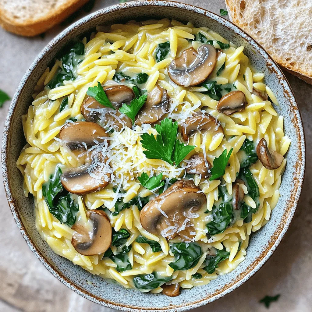 To make creamy mushroom spinach orzo, you need: - 1 cup orzo pasta - 2 tablespoons olive oil - 1 small onion, diced - 3 cloves garlic, minced - 8 ounces mushrooms, sliced (cremini or button) - 4 cups fresh spinach - 1 cup vegetable broth - 1 cup heavy cream (or coconut cream for a dairy-free option) - 1 teaspoon dried thyme - 1 teaspoon garlic powder - Salt and pepper to taste - 1/4 cup grated Parmesan cheese (optional) - Fresh parsley for garnish You can change the flavor with these optional ingredients: - Add sun-dried tomatoes for a tangy kick. - Use different mushrooms like shiitake or portobello for richer taste. - Include fresh herbs like basil or thyme for extra depth. Each serving of creamy mushroom spinach orzo has: - Calories: Approximately 380 - Protein: 11 grams - Fat: 20 grams - Carbohydrates: 39 grams - Fiber: 2 grams - Sugars: 3 grams This dish offers a balanced meal rich in flavor and nutrients. Enjoy the creamy texture and the taste of fresh ingredients. Start by boiling salted water in a large pot. Add 1 cup of orzo pasta. Cook it according to package instructions until al dente. This usually takes about 8-10 minutes. Once done, drain the orzo and set it aside. This step is key to getting a great texture for your dish. In the same pot, heat 2 tablespoons of olive oil over medium heat. Add 1 small diced onion. Sauté it for about 3 minutes until it turns translucent. Next, stir in 3 cloves of minced garlic and 8 ounces of sliced mushrooms. Cook this mix for 5-7 minutes. Stir occasionally to ensure even cooking. You want the mushrooms to be tender and starting to brown. Then, add 4 cups of fresh spinach. Cook it until it wilts, which takes around 2 minutes. Now, pour in 1 cup of vegetable broth and bring it to a simmer. Once it simmers, lower the heat. Stir in 1 cup of heavy cream, 1 teaspoon of dried thyme, and 1 teaspoon of garlic powder. Add salt and pepper to taste. Let this mixture cook for 2-3 minutes while stirring occasionally. Finally, mix in the cooked orzo until everything is well combined. Allow it to cook for another minute to heat through. If you want, stir in 1/4 cup of grated Parmesan cheese until it melts evenly. Taste and adjust the seasoning if needed. To cook orzo well, use a large pot of salted water. Boil the water before adding the orzo. Stir it often to prevent sticking. Cook until the orzo is al dente, which means firm to the bite. This usually takes about 8 to 10 minutes. Drain it well and set it aside. This step ensures your orzo stays fluffy. If you want to change things up, you can substitute some ingredients. Use any small pasta if you don’t have orzo. For the mushrooms, try using shiitake or portobello for a richer taste. If you want a dairy-free dish, coconut cream works great. You can also swap out vegetable broth for chicken broth if you prefer. To make this dish even tastier, think about adding extra herbs. Fresh basil or parsley will brighten the meal. A splash of lemon juice adds zing, balancing the creaminess. You can also add some crushed red pepper for heat or a sprinkle of nutmeg for warmth. Don't forget to taste and adjust the salt and pepper as needed. Enjoy experimenting! {{image_2}} You can easily keep this dish vegetarian. It already uses vegetable broth. For a richer flavor, add more mushrooms. Try using portobello or shiitake mushrooms. They bring a deep umami taste. Also, don't skip the Parmesan cheese if you eat dairy. It adds creaminess and a nice bite. Making this dish vegan is simple. Just swap heavy cream for coconut cream. Coconut cream gives a rich taste while keeping it dairy-free. Use nutritional yeast instead of Parmesan for a cheesy flavor. You can also add more spices like smoked paprika for depth. Check the broth to ensure it’s vegan-friendly. If you want more protein, add cooked chicken or shrimp. Both pair well with the creamy sauce. You can also use beans, like chickpeas or white beans. They add a hearty texture and keep the dish filling. For a meaty flavor, try adding tempeh or tofu, sautéed until golden. After enjoying your creamy mushroom spinach orzo, let it cool. Transfer leftovers to an airtight container. This helps keep the dish fresh. Place the container in the fridge. The orzo will stay good for up to three days. If you need to store longer, consider freezing. To freeze your creamy orzo, use a freezer-safe container. Portion the dish into smaller servings. This makes it easy to thaw only what you need. Seal the container tightly to avoid freezer burn. Your orzo can last up to three months in the freezer. When you're ready to eat, thaw it in the fridge overnight. Reheating your creamy mushroom spinach orzo is simple. For the best texture, use the stovetop. Add a splash of vegetable broth to keep it moist. Heat over low to medium heat, stirring often. You can also use the microwave. Place it in a microwave-safe bowl and cover. Heat in short bursts, stirring in between. Enjoy this tasty dish again! Yes, you can make this dish ahead of time. Cook the orzo and sauce as the recipe says. Let it cool, then store it in a sealed container in the fridge. When you're ready to eat, reheat it on the stove over low heat and add a splash of broth or water to loosen it up. This saves time and still tastes great. You can use coconut cream for a dairy-free option. Another option is plain Greek yogurt. It adds creaminess and a bit of tang. You can also try blended silken tofu for a lighter choice. Just remember, each option might change the flavor a bit, but it will still be tasty. To make your orzo creamy without dairy, use vegetable broth or pasta water. Adding a bit of nutritional yeast adds a cheesy flavor. Blending soaked cashews into a smooth cream is another great trick. These options give your dish a rich texture without dairy products. This blog post covered how to cook orzo with great taste and simple steps. We explored key ingredients, including options for variations. I shared tips on cooking and enhancing flavors, plus how to store your dish. Remember, you can adapt this recipe to fit dietary needs like vegetarian and vegan options. With the right ingredients, you can make a delightful orzo dish anytime. Enjoy creating your meal, and don’t hesitate to experiment!