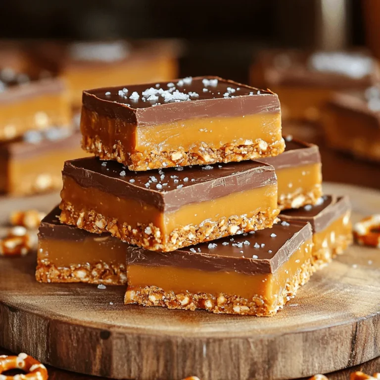 Here’s what you need for the No-Bake Salted Caramel Pretzel Bars. Gather these simple items. - 2 cups pretzel sticks - 1 cup creamy peanut butter - 1 cup honey or maple syrup - 1 teaspoon vanilla extract - 1 cup chocolate chips (milk or dark chocolate) - 1/2 cup sea salt (for sprinkling) - Optional: 1/4 cup chopped nuts (e.g., pecans or walnuts) These ingredients blend perfectly. The pretzels give a great crunch. The peanut butter and honey mix to create a sweet, creamy layer. The chocolate adds a rich finish, while the sea salt brings out all the flavors. If you want some extra crunch, add chopped nuts. They work well here. Make sure to use good quality chocolate for the best taste. The right chocolate can make a big difference in flavor. The same goes for the honey or maple syrup. Choose what you like best. This recipe is flexible and fun to customize. It’s all about what you enjoy! Start by taking a large mixing bowl. Add in the pretzel sticks and the chopped nuts if you choose to use them. To crush the pretzels, use a rolling pin or your hands. Aim for a rough texture; don’t crush them too fine. You want some bigger pieces for crunch. Grab a saucepan and set it over medium heat. Combine the creamy peanut butter, honey, and vanilla extract. Stir the mix continuously for about 3 to 4 minutes. You know it's ready when it looks smooth and warm. Once your caramel is ready, pour it over the crushed pretzels. Use a spatula to mix well, ensuring all pretzels are fully coated. Next, line a 9x9-inch baking dish with parchment paper. Transfer the mixture into the dish, spreading it evenly. Press down firmly to make a solid base. For the chocolate topping, take a microwave-safe bowl. Add the chocolate chips and microwave in 30-second intervals. Stir after each interval until the chocolate is smooth. Once melted, pour it over the pretzel base. Spread it evenly using a spatula. While the chocolate is still warm, sprinkle sea salt generously on top. This adds a salty contrast to the sweet chocolate and caramel. The salt enhances the flavors and balances the sweetness. Place the dish in the refrigerator for at least 2 hours. This allows the chocolate to set and firm up. To check if they are ready, gently press the top. It should feel solid. For clean edges, use a sharp knife to slice the bars into squares or rectangles. To get the perfect crunch in your bars, crush the pretzel sticks gently. You want some larger pieces for added bite. A heavy-duty zip-top bag and a rolling pin work well for this. For a soggy base, don’t skip the pressing step. Press down firmly when you pack the mixture in the baking dish. This helps it hold together. If you need nut-free options, skip the chopped nuts or replace them with seeds. Sunflower seeds add a nice crunch. For a twist on chocolate, try white chocolate or dark chocolate chips. You can also top the bars with crushed candies or coconut for added flavor. When serving, cut the bars into squares and place them on a nice platter. A little bowl of extra sea salt adds a fun touch. For drinks, these bars pair well with milk or hot cocoa. They also go great with coffee or tea for a sweet treat after meals. {{image_2}} You can easily spice up your no-bake salted caramel pretzel bars. Adding a pinch of cinnamon gives warmth. If you prefer heat, cayenne adds a nice kick. Dried fruits like raisins or apricots can bring sweetness. You could also mix in extra nuts, such as almonds or walnuts, for more crunch. Each change adds a fun twist to your bars. For a healthier treat, consider swapping honey with agave syrup. Agave syrup has a lower glycemic index, which might suit your diet better. You can also use dark chocolate instead of milk chocolate. Dark chocolate is rich and lowers the sugar content while adding depth to the flavor. These swaps keep the bars tasty and satisfying. Get creative with seasonal themes for your bars! For holidays, use colored chocolate to match the occasion. Red and green chocolate works great for Christmas. In fall, add pumpkin spice to the caramel mix for a seasonal touch. These variations make your treats festive and fun, perfect for gatherings or special occasions. To keep your no-bake salted caramel pretzel bars fresh, use an airtight container. Glass containers work well, but plastic is good too. Line the container with parchment paper to help with easy removal. When you stack the bars, place a piece of parchment between layers. This prevents them from sticking together. You can freeze these bars for up to three months. Wrap each bar in plastic wrap tightly. Then, place them in a freezer-safe bag. When you want to eat them, take them out and let them thaw in the fridge overnight. They will taste just as good! When stored in the fridge, these bars stay fresh for about one week. Look out for any changes in color or texture. If they smell off or feel sticky, it's best to throw them away. Always trust your senses! Yes, you can use crunchy peanut butter. This change adds a nice texture. You will get a bit more crunch from the chunks in the peanut butter. The flavor remains rich and nutty, making it a great choice. However, the bars may be slightly less smooth. If you prefer more crunch, go for it! To make these bars vegan, swap honey for maple syrup. Use dairy-free chocolate chips instead of regular ones. These changes keep the bars tasty and plant-based. You still get the sweet and salty combo everyone loves. They will taste just as good and fit your needs perfectly. You can try many other toppings! Consider drizzling with peanut butter or caramel. You can also use white chocolate or yogurt-covered raisins. Chopped nuts can add extra crunch. Don’t forget to sprinkle sea salt for that salty kick. Be creative and have fun with your toppings! The bars are ready when they feel firm to the touch. After chilling for at least two hours, gently press on the top. If it holds its shape, it’s time to slice. If it feels soft, give it more time in the fridge. Proper chilling helps the layers set well. Yes, you can double the recipe! Just use a larger baking dish, like 9x13 inches. This way, you will have more bars to enjoy. Keep in mind that the chilling time may change slightly. Check for firmness before slicing, and adjust as needed. Double the fun with these tasty treats! You learned how to make delicious peanut butter pretzel bars. We explored ingredients, step-by-step instructions, tips, variations, and storage methods. Don’t hesitate to customize for your taste. Experiment with flavors and toppings. These bars are perfect for sharing or enjoying on your own. Remember, using good storage keeps them fresh longer. Making these treats will be fun and rewarding. Enjoy your creation, and share it with friends and family. You have all the tools you need to make it a hit!