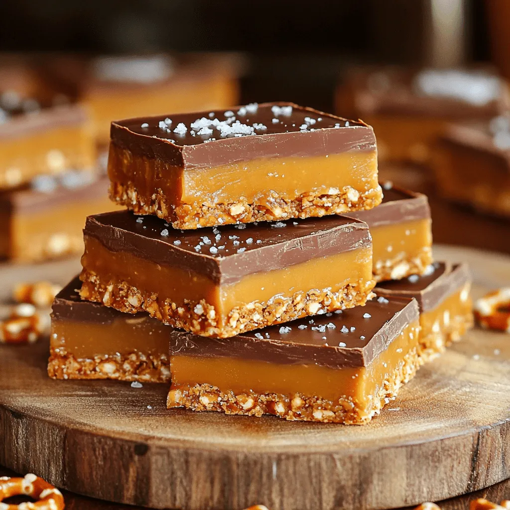 Here’s what you need for the No-Bake Salted Caramel Pretzel Bars. Gather these simple items. - 2 cups pretzel sticks - 1 cup creamy peanut butter - 1 cup honey or maple syrup - 1 teaspoon vanilla extract - 1 cup chocolate chips (milk or dark chocolate) - 1/2 cup sea salt (for sprinkling) - Optional: 1/4 cup chopped nuts (e.g., pecans or walnuts) These ingredients blend perfectly. The pretzels give a great crunch. The peanut butter and honey mix to create a sweet, creamy layer. The chocolate adds a rich finish, while the sea salt brings out all the flavors. If you want some extra crunch, add chopped nuts. They work well here. Make sure to use good quality chocolate for the best taste. The right chocolate can make a big difference in flavor. The same goes for the honey or maple syrup. Choose what you like best. This recipe is flexible and fun to customize. It’s all about what you enjoy! Start by taking a large mixing bowl. Add in the pretzel sticks and the chopped nuts if you choose to use them. To crush the pretzels, use a rolling pin or your hands. Aim for a rough texture; don’t crush them too fine. You want some bigger pieces for crunch. Grab a saucepan and set it over medium heat. Combine the creamy peanut butter, honey, and vanilla extract. Stir the mix continuously for about 3 to 4 minutes. You know it's ready when it looks smooth and warm. Once your caramel is ready, pour it over the crushed pretzels. Use a spatula to mix well, ensuring all pretzels are fully coated. Next, line a 9x9-inch baking dish with parchment paper. Transfer the mixture into the dish, spreading it evenly. Press down firmly to make a solid base. For the chocolate topping, take a microwave-safe bowl. Add the chocolate chips and microwave in 30-second intervals. Stir after each interval until the chocolate is smooth. Once melted, pour it over the pretzel base. Spread it evenly using a spatula. While the chocolate is still warm, sprinkle sea salt generously on top. This adds a salty contrast to the sweet chocolate and caramel. The salt enhances the flavors and balances the sweetness. Place the dish in the refrigerator for at least 2 hours. This allows the chocolate to set and firm up. To check if they are ready, gently press the top. It should feel solid. For clean edges, use a sharp knife to slice the bars into squares or rectangles. To get the perfect crunch in your bars, crush the pretzel sticks gently. You want some larger pieces for added bite. A heavy-duty zip-top bag and a rolling pin work well for this. For a soggy base, don’t skip the pressing step. Press down firmly when you pack the mixture in the baking dish. This helps it hold together. If you need nut-free options, skip the chopped nuts or replace them with seeds. Sunflower seeds add a nice crunch. For a twist on chocolate, try white chocolate or dark chocolate chips. You can also top the bars with crushed candies or coconut for added flavor. When serving, cut the bars into squares and place them on a nice platter. A little bowl of extra sea salt adds a fun touch. For drinks, these bars pair well with milk or hot cocoa. They also go great with coffee or tea for a sweet treat after meals. {{image_2}} You can easily spice up your no-bake salted caramel pretzel bars. Adding a pinch of cinnamon gives warmth. If you prefer heat, cayenne adds a nice kick. Dried fruits like raisins or apricots can bring sweetness. You could also mix in extra nuts, such as almonds or walnuts, for more crunch. Each change adds a fun twist to your bars. For a healthier treat, consider swapping honey with agave syrup. Agave syrup has a lower glycemic index, which might suit your diet better. You can also use dark chocolate instead of milk chocolate. Dark chocolate is rich and lowers the sugar content while adding depth to the flavor. These swaps keep the bars tasty and satisfying. Get creative with seasonal themes for your bars! For holidays, use colored chocolate to match the occasion. Red and green chocolate works great for Christmas. In fall, add pumpkin spice to the caramel mix for a seasonal touch. These variations make your treats festive and fun, perfect for gatherings or special occasions. To keep your no-bake salted caramel pretzel bars fresh, use an airtight container. Glass containers work well, but plastic is good too. Line the container with parchment paper to help with easy removal. When you stack the bars, place a piece of parchment between layers. This prevents them from sticking together. You can freeze these bars for up to three months. Wrap each bar in plastic wrap tightly. Then, place them in a freezer-safe bag. When you want to eat them, take them out and let them thaw in the fridge overnight. They will taste just as good! When stored in the fridge, these bars stay fresh for about one week. Look out for any changes in color or texture. If they smell off or feel sticky, it's best to throw them away. Always trust your senses! Yes, you can use crunchy peanut butter. This change adds a nice texture. You will get a bit more crunch from the chunks in the peanut butter. The flavor remains rich and nutty, making it a great choice. However, the bars may be slightly less smooth. If you prefer more crunch, go for it! To make these bars vegan, swap honey for maple syrup. Use dairy-free chocolate chips instead of regular ones. These changes keep the bars tasty and plant-based. You still get the sweet and salty combo everyone loves. They will taste just as good and fit your needs perfectly. You can try many other toppings! Consider drizzling with peanut butter or caramel. You can also use white chocolate or yogurt-covered raisins. Chopped nuts can add extra crunch. Don’t forget to sprinkle sea salt for that salty kick. Be creative and have fun with your toppings! The bars are ready when they feel firm to the touch. After chilling for at least two hours, gently press on the top. If it holds its shape, it’s time to slice. If it feels soft, give it more time in the fridge. Proper chilling helps the layers set well. Yes, you can double the recipe! Just use a larger baking dish, like 9x13 inches. This way, you will have more bars to enjoy. Keep in mind that the chilling time may change slightly. Check for firmness before slicing, and adjust as needed. Double the fun with these tasty treats! You learned how to make delicious peanut butter pretzel bars. We explored ingredients, step-by-step instructions, tips, variations, and storage methods. Don’t hesitate to customize for your taste. Experiment with flavors and toppings. These bars are perfect for sharing or enjoying on your own. Remember, using good storage keeps them fresh longer. Making these treats will be fun and rewarding. Enjoy your creation, and share it with friends and family. You have all the tools you need to make it a hit!