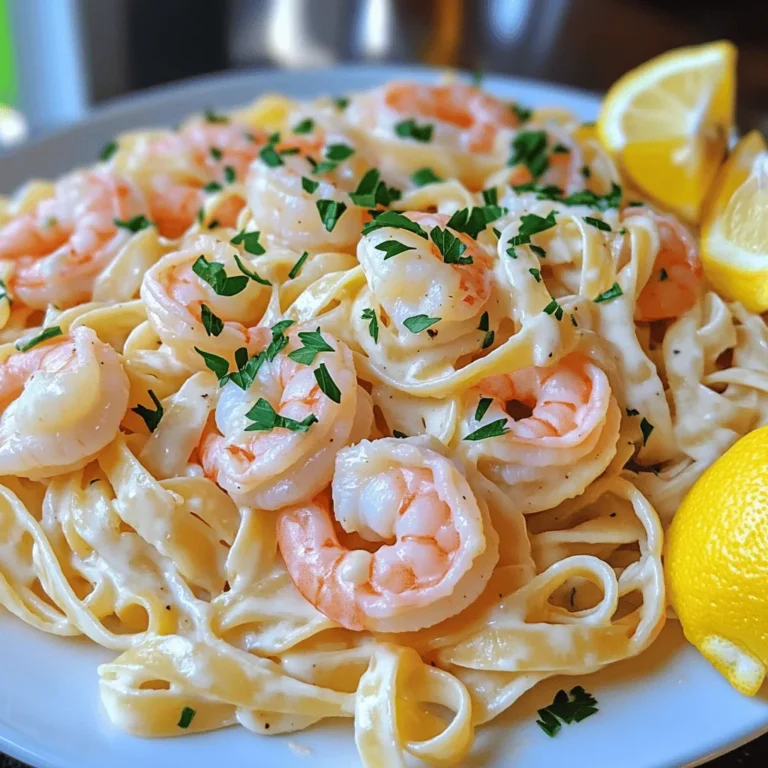 - 8 oz fettuccine pasta - 1 lb large shrimp, peeled and deveined - 4 tablespoons unsalted butter - 4 cloves garlic, minced - 1 cup heavy cream - 1 cup grated Parmesan cheese - Salt and pepper to taste - Fresh parsley, chopped (for garnish) - Lemon wedges (for serving) For Minute Garlic Butter Shrimp Alfredo, every ingredient plays a key role. Start with fettuccine pasta. It's thick and holds the sauce well. Next, you need large shrimp. They add a nice texture and flavor. The unsalted butter gives richness. Minced garlic brings that lovely aroma and taste. Heavy cream is essential for the sauce. It makes everything creamy and smooth. Grated Parmesan cheese adds a salty bite. Don’t forget salt and pepper to enhance all the flavors. Fresh parsley brightens the dish as a garnish. Lastly, lemon wedges add a fresh zing when served. These ingredients come together quickly, making this dish perfect for busy nights. Each one matters in creating a delicious meal. Start by boiling a large pot of salted water. Salt helps enhance the pasta's flavor. Once it boils, add 8 oz of fettuccine. Cook it for about 8 to 10 minutes, or until it is al dente. You want it to be firm yet tender. Before draining, save ½ cup of the pasta water. This water helps adjust your sauce later. Drain the fettuccine and set it aside. Next, heat a large skillet over medium heat. Add 2 tablespoons of unsalted butter to the skillet. Let the butter melt fully. Once melted, add 1 lb of large shrimp. Sprinkle some salt and pepper over the shrimp for flavor. Cook the shrimp for about 2 to 3 minutes on each side. They should turn pink and opaque. When done, remove the shrimp from the skillet and set them aside. In the same skillet, add the remaining 2 tablespoons of unsalted butter. Then, add 4 cloves of minced garlic. Sauté the garlic for about 1 minute. Watch closely to ensure it becomes fragrant, but do not let it brown. This step adds a rich flavor to your sauce. Lower the heat after the garlic is fragrant. Pour in 1 cup of heavy cream, stirring well. Gradually whisk in 1 cup of grated Parmesan cheese. Keep stirring until the cheese melts and the sauce becomes creamy. If your sauce is too thick, add the reserved pasta water slowly. This will help you reach the desired consistency. Now, add the cooked fettuccine and shrimp back into the skillet. Toss everything together gently. You want the pasta and shrimp to be well coated in the creamy sauce. Taste and adjust with more salt and pepper if needed. For plating, use a large bowl or plate. Spoon the shrimp Alfredo into the center. Sprinkle chopped parsley on top for a pop of color. Serve lemon wedges on the side for a fresh twist. Enjoy your Minute Garlic Butter Shrimp Alfredo! To get juicy shrimp, timing is key. Cook the shrimp for 2-3 minutes on each side. Look for that lovely pink color and opaque look. This means they are done and ready to shine in your dish. Adjust seasoning to your taste. A little extra salt or pepper can boost the flavor. You can even add a pinch of paprika for a hint of spice. To keep your sauce creamy, avoid clumping cheese. Gradually whisk in the Parmesan cheese. This helps it melt smoothly into the sauce. If the sauce gets too thick, use reserved pasta water. Add it slowly until you reach the desired creaminess. This simple trick keeps your sauce rich without losing its texture. For extra flavor, consider adding herbs. Fresh basil or thyme can elevate your dish. Just sprinkle them in when you combine the pasta and shrimp. For garnishes, try more than just parsley. Crushed red pepper flakes can add heat. Lemon zest brings brightness. Both make your dish look and taste even better. {{image_2}} You don't have to stick with fettuccine for this dish. Any long pasta can work well. Here are a few great options: - Spaghetti - Linguine - Penne Each type offers a unique texture and flavor. Try them out and see what you like best! Want to make your dish even healthier? Adding vegetables is a fantastic idea. Here are some veggies that pair well with shrimp Alfredo: - Broccoli florets - Spinach - Cherry tomatoes - Peas You can toss them in while cooking the shrimp. This adds color and nutrition to your meal. If you want to switch things up, use different seafood. Here are some tasty options for alternate proteins: - Scallops - Crab meat - Salmon These can bring new flavors and textures to your dish. Experiment and find your favorite! To keep your Minute Garlic Butter Shrimp Alfredo fresh, store it right. Place leftover pasta in an airtight container. Make sure it cools down before sealing. This will prevent moisture buildup. Use leftovers within three days for best taste. When reheating, keep the sauce creamy. Use a skillet over low heat. Add a splash of milk or cream as you warm it up. Stir gently to mix in the sauce. This prevents the sauce from thickening too much and keeps it smooth. You can freeze this dish, but it can change texture. To freeze, let it cool completely. Place it in a freezer-safe container. Label it with the date. It can last up to three months. To defrost, move it to the fridge overnight. Reheat slowly in a skillet, adding a bit of cream for creaminess. This dish is quick! It takes about 10 minutes to prepare and 10 minutes to cook. In total, you can have this meal ready in just 20 minutes. This makes it perfect for busy weeknights or when you want a tasty meal fast. Yes, you can use frozen shrimp. Just make sure to thaw them first. You can do this by placing them in cold water for about 15 to 20 minutes. Once thawed, follow the same steps in the recipe. This way, you save time and still enjoy great flavor. If you want a lighter version, you can use half-and-half instead of heavy cream. You can also try using whole milk mixed with a bit of cream cheese. This keeps the dish creamy without being too heavy. Adjust the measurements to taste. You can prep some parts in advance. Cook the fettuccine and shrimp ahead of time. Store them separately in the fridge. When you’re ready to eat, just heat everything and combine with the sauce. This makes it easy to enjoy a homemade meal with little fuss. This blog post guides you through making a tasty Garlic Butter Shrimp Alfredo. You learned about the main ingredients, key cooking steps, and tips for perfecting the dish. Don’t forget you can switch up the pasta or add veggies for variety. Storing leftovers is easy, and reheating can keep your meal fresh. Whether you enjoy cooking or just want a quick meal, this dish is sure to please. Dive into your kitchen and enjoy your new favorite recipe!