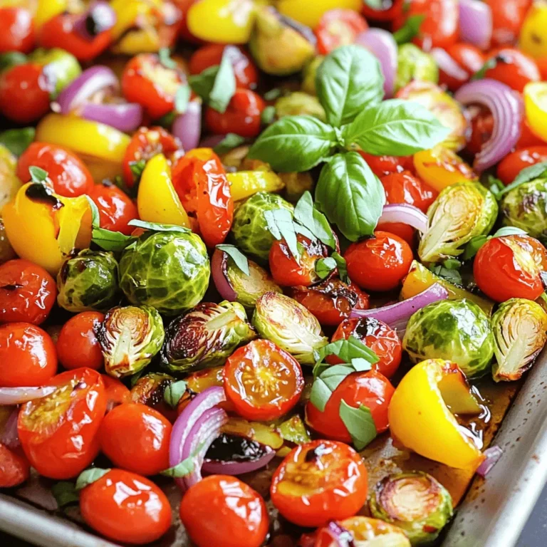 This dish shines with fresh, vibrant veggies. Here’s what you’ll need: - 1 cup cherry tomatoes, halved - 1 red bell pepper, chopped - 1 yellow bell pepper, chopped - 1 zucchini, sliced into half-moons - 1 red onion, cut into wedges - 2 cups Brussels sprouts, halved These vegetables add color and flavor. Each one brings a unique taste that blends well. The balsamic vinaigrette gives the dish its tasty kick. You will need: - 3 tablespoons balsamic vinegar - 2 tablespoons olive oil - 2 cloves garlic, minced Balsamic vinegar adds sweetness and tang. Olive oil helps to roast the veggies. Garlic provides depth. Seasoning makes the dish pop. For that, gather: - 1 teaspoon dried oregano - 1 teaspoon dried thyme - Salt and pepper to taste - Fresh basil leaves for garnish Oregano and thyme bring earthiness. Salt and pepper enhance all the flavors. Fresh basil adds a fragrant touch at the end. First, preheat your oven to 425°F (220°C). This heat will help the veggies roast well. Gather your ingredients, including cherry tomatoes, red and yellow bell peppers, zucchini, red onion, and Brussels sprouts. Wash them well, and then chop them into the right sizes. Halve the cherry tomatoes and slice the zucchini into half-moons. Cut the red onion into wedges and halve the Brussels sprouts. Having these ready makes cooking easier. In a large mixing bowl, add all your chopped veggies. This includes the cherry tomatoes, bell peppers, zucchini, red onion, and Brussels sprouts. Then, add minced garlic for extra flavor. Next, drizzle in the olive oil and balsamic vinegar. Sprinkle the dried oregano and thyme on top. Don’t forget to add salt and pepper to taste! Use your hands to toss everything together until the veggies are well coated. This step is key for deep flavor. Spread the seasoned veggies evenly onto a large baking sheet. Make sure they are in a single layer. This helps them cook evenly. Place the sheet in your preheated oven and roast for about 25 to 30 minutes. Stir the veggies halfway through to ensure they cook well on all sides. You want them to be tender and slightly caramelized. When done, remove the sheet pan from the oven, and let it cool for a few minutes. Before serving, garnish with fresh basil leaves for a pop of color and flavor. To ensure even cooking, cut all veggies to similar sizes. This helps them cook at the same rate. For example, slice bell peppers and zucchini into pieces about one inch or less. Keep cherry tomatoes halved. Spread the veggies out on your sheet pan. Avoid crowding them. Use a large pan if needed. Stir the veggies halfway through roasting. This helps them cook evenly and brown nicely. To enhance caramelization, start by using high heat. Preheat your oven to 425°F (220°C). The balsamic vinegar also adds a sweet touch. The natural sugars in veggies release during roasting. Toss them in olive oil to help with browning. A little salt can help draw out moisture, making caramelization easier. Keep an eye on the veggies. Once they start to turn golden, they are almost ready. For a great look, serve the veggies straight from the pan. This adds a rustic feel. You can also transfer the veggies to a colorful platter. Drizzle some extra balsamic vinegar on top. Sprinkle freshly cracked pepper for a nice touch. Finish with fresh basil leaves for color. This not only looks appealing but also adds flavor. {{image_2}} You can easily swap out veggies based on what is fresh. For spring, try asparagus or peas. In summer, add eggplant or squash. Autumn calls for root veggies like carrots and parsnips. Winter offers sweet potatoes or kale. Each season brings new flavors. This keeps the dish fun and fresh. Want to make this dish a full meal? Add some protein. Cooked chicken or shrimp works great. You can also use chickpeas or tofu for a plant-based option. Toss the protein with the veggies before roasting. This adds heartiness and makes it more filling. Experiment with different seasonings for new tastes. For a spicy kick, add chili flakes. If you love herbs, try rosemary or basil. You can also use lemon juice instead of balsamic vinegar for a zesty touch. Each change brings a new vibe to the dish, making it exciting every time. After cooking your Sheet Pan Balsamic Veggie Medley, let it cool down. This step is key. Place the pan on a heat-safe surface. Allow the veggies to cool for about 10-15 minutes. This helps prevent moisture buildup in storage. Once the veggies are cool, store them in an airtight container. This keeps them fresh longer. You can keep them in the fridge for up to 3 days. If you want to store them longer, consider freezing. Use freezer-safe bags or containers. Just remember to label them with the date. To reheat, use the oven or microwave. For the oven, preheat to 350°F (175°C). Spread the veggies on a baking sheet. Heat for about 10-15 minutes or until warm. If you use the microwave, place them in a safe dish. Heat in short bursts of 30 seconds, stirring in between. Enjoy the flavors like they are fresh out of the oven! Yes, you can use other vinegars. Apple cider vinegar or red wine vinegar work well too. Each vinegar gives a different taste. Apple cider vinegar adds a fruity flavor. Red wine vinegar gives a slight tang. Experiment with what you have on hand. Just keep the same amount as in the recipe. The veggies are done when they look soft and slightly brown. You want them tender but not mushy. A fork should easily pierce them. Stir the veggies halfway through cooking for even roasting. If some are browner, that's okay; it adds flavor. This veggie medley pairs well with many dishes. Try it with grilled chicken or fish. It also complements quinoa or rice nicely. You can serve it with crusty bread for a lighter meal. Don’t forget to drizzle a bit of extra balsamic on top for added flavor! This blog post covered how to make a tasty roasted vegetable medley. We explored ingredients, from fresh veggies to balsamic vinaigrette. I shared step-by-step instructions for prepping, mixing, and roasting. Tips on cooking evenly and enhancing flavors add value. You can modify the recipe with seasonal veggies or proteins. I also discussed storing leftovers properly and answered common questions. Try these tips and enjoy a delicious meal that's easy to prepare!