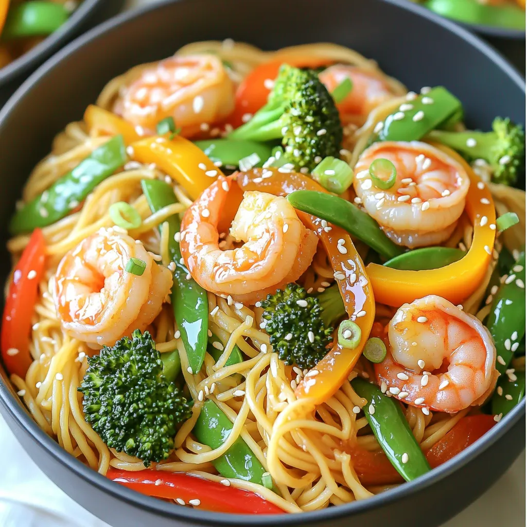 - 8 oz rice noodles - 1 lb shrimp, peeled and deveined - 1 tablespoon vegetable oil - 2 cups mixed stir-fry vegetables (like bell peppers, broccoli, and snap peas) - 1/4 cup teriyaki sauce - 2 green onions, chopped - 1 teaspoon sesame seeds (for garnish) - Salt and pepper to taste - Skillet or wok - Measuring cups and spoons - Strainer Finding the right ingredients is key. Start with rice noodles. They cook fast and soak up flavor well. Shrimp brings a sweet taste and a nice texture. Use fresh or frozen shrimp; both work great. Vegetable oil helps cook the shrimp and veggies without sticking. Mixed stir-fry vegetables add color and crunch. You can choose bell peppers, broccoli, and snap peas for a tasty mix. For the optional ingredients, green onions add a fresh, sharp flavor. Sesame seeds give a nice crunch and look pretty on top. Don't forget salt and pepper to taste; they make everything pop. When it comes to tools, a skillet or wok is best. You can heat them quickly and get a good sear on the shrimp. Measuring cups and spoons help you get the amounts just right. Finally, a strainer is handy for draining the rice noodles after cooking. With these ingredients and tools ready, you can whip up this meal in no time! - Start by cooking 8 oz of rice noodles. - Follow the package instructions for the best results. - Once cooked, drain the noodles and set them aside. - Heat 1 tablespoon of vegetable oil in a skillet over medium-high heat. - Add 1 lb of peeled and deveined shrimp. - Season lightly with salt and pepper. - Cook the shrimp for about 2-3 minutes until they turn pink. - Next, add 2 cups of mixed stir-fry vegetables to the skillet. - Stir frequently and cook for 3-4 minutes until the veggies are tender yet crisp. - Pour in 1/4 cup of teriyaki sauce. - Toss everything together to coat well. - Finally, add the cooked rice noodles and mix until combined. To make your Minute Teriyaki Shrimp Noodles burst with taste, start with good seasoning. I recommend using salt and pepper on the shrimp before cooking. This simple step makes a big difference. Next, be selective with your teriyaki sauce. A high-quality sauce can elevate your dish. Look for one with natural ingredients and rich flavor. Cooking can feel rushed, but you can manage your time well. While the noodles cook, heat your skillet. This keeps everything moving smoothly. Chop your vegetables before you start. Prepping in advance saves time and helps you focus on cooking. Having everything ready makes a fun and fast meal. Making your dish look great is easy. Serve your noodles in deep bowls. This adds a nice touch. Top them with extra green onions and a sprinkle of sesame seeds. These add color and crunch. A well-presented dish makes it more enjoyable to eat. {{image_2}} You can swap shrimp for chicken or tofu. Chicken adds a hearty taste. Just cut it into small pieces and cook as you would the shrimp. Tofu works well for a vegetarian option. Use firm tofu, and be sure to press it to remove extra moisture. This helps it brown nicely. Feel free to get creative with your veggies. Use seasonal produce like zucchini, asparagus, or carrots. These add different textures and flavors. You can also add extra greens like spinach or kale for a nutritious boost. They cook quickly and mix well with the noodles. If you want a twist, try other sauces. Soy sauce, hoisin sauce, or sweet chili sauce can work great. Each brings a unique flavor. You can also make your own teriyaki sauce at home. Just mix soy sauce, honey, garlic, and ginger in a pan over low heat. Stir until it's smooth and thick. This gives you a fresh taste that’s hard to beat. To store your leftover Minute Teriyaki Shrimp Noodles, let them cool first. This helps keep moisture in check. Use these simple guidelines: - Place leftovers in an airtight container. - Make sure the lid seals well to avoid spills. - Store in the fridge for up to three days. When it's time to enjoy your leftovers, here’s how to reheat them: - Use a skillet over medium heat for even warming. - Add a splash of water or teriyaki sauce to keep the noodles moist. - Stir frequently to avoid overcooking the shrimp. - You can also use a microwave. Heat in short bursts, stirring in between. Yes, you can freeze your teriyaki shrimp noodles! Here’s how to do it right: - Let the noodles cool completely before packing. - Use freezer-safe bags or containers, removing as much air as possible. - Label the bags with the date. To thaw, place them in the fridge overnight before reheating. This keeps the texture nice. It takes about 10 minutes to prep and 15 minutes to cook. The total time is 25 minutes. This quick meal serves four people, making it perfect for busy nights. You can have a delicious meal ready in no time. Yes, you can use frozen shrimp. Just thaw them first. Place the shrimp in cold water for about 15 minutes. Using frozen shrimp can save time. Make sure to drain them well before cooking. Fresh shrimp often taste better, but frozen works too. You can serve teriyaki shrimp noodles with a fresh salad or steamed rice. Try adding spring rolls or dumplings for an extra treat. These sides will complement the flavors of the dish. You can also add pickled vegetables for a tangy taste. Enjoy your meal! In this post, I shared a simple way to make teriyaki shrimp noodles. We explored the key ingredients, such as rice noodles, shrimp, and stir-fry veggies. I also went over cooking tips, variations, and storage methods. This dish can fit any taste with easy swaps. Remember, cooking can be fun and easy. With the right tools and ingredients, you can enjoy tasty meals anytime. Now, go ahead and make your own delicious teriyaki shrimp noodles!