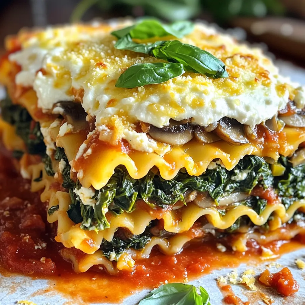 - 9 lasagna noodles (no-boil) - 2 cups ricotta cheese - 2 cups shredded mozzarella cheese - 2 cups fresh spinach, chopped - 2 cups mushrooms, sliced - 2 teaspoons minced garlic - 1 teaspoon dried oregano - 1 teaspoon dried basil - 1 jar (24 oz) marinara sauce - Salt and pepper to taste - Olive oil for sautéing Gather all these ingredients before you start. The no-boil noodles save time, and the cheeses give a rich texture. I love the fresh taste of spinach and mushrooms in this dish. The garlic, oregano, and basil add a nice touch. When you sauté the mushrooms, the flavor deepens. The marinara sauce ties everything together. Always season your ricotta mix with salt and pepper. This adds depth to your lasagna. Make sure to use good quality cheese. It really makes a big difference. The combination of these ingredients creates a layered delight that everyone will enjoy. Sautéing the Mushrooms Start by heating a drizzle of olive oil in your skillet. Add the sliced mushrooms and cook them over medium heat. Stir them often. Cook until they turn soft and golden brown, about 5 to 7 minutes. After that, add the minced garlic. Cook for another 1 to 2 minutes until you smell that lovely garlic aroma. Once done, take the skillet off the heat and let the mushrooms cool a bit. Mixing the Ricotta and Spinach In a mixing bowl, combine the ricotta cheese, chopped spinach, and half of the grated Parmesan cheese. Add the dried oregano and dried basil for flavor. Don’t forget to sprinkle in some salt and pepper. Mix everything well until you have a creamy filling that smells amazing. Preparing the Slow Cooker Grab your slow cooker and spread a thin layer of marinara sauce on the bottom. This keeps the noodles from sticking. You want a nice base to build your lasagna on. Creating the First Layer Now, it’s time to layer. Place 3 lasagna noodles on top of the sauce. Spread half of your ricotta and spinach mixture over the noodles. Then add half of the sautéed mushrooms. Top that with a sprinkle of mozzarella cheese. Finish this layer with another layer of marinara sauce. Adding Final Layers Repeat the layering. Start with more noodles, then add the remaining ricotta mixture, mushrooms, and mozzarella cheese. Top it all off with a final layer of noodles. Spread the last of the marinara sauce on top. Finally, sprinkle on the remaining mozzarella and Parmesan cheese to make it cheesy and delicious. Cooking Time and Tips Cover your slow cooker and cook the lasagna on low for 4 to 6 hours. You know it’s done when the cheese is bubbly and the noodles feel tender. Once it’s cooked, turn off the slow cooker and let it sit for about 15 minutes. This helps it set, making it easier to slice. Enjoy your tasty lasagna! - Ensuring Cheese is Bubbling To get that perfect bubbly cheese, keep the lid on while cooking. This keeps the heat and moisture in. When time is up, remove the lid for the last 15 minutes. This helps the cheese brown slightly. - Optimal Slow Cooker Settings Use the low setting for 4 to 6 hours. This slow cooking method lets the flavors blend well. If you are short on time, the high setting can cook it in about 2 to 3 hours. Just check for doneness. - Presentation Ideas Cut the lasagna into neat squares. Place them on a colorful plate. Garnish with fresh basil or parsley for a nice touch. This adds color and makes it look fancy. - Complementary Side Dishes Pair your lasagna with a simple side salad. A crisp green salad with a light vinaigrette works great. Crusty bread is also a lovely side. It can soak up any extra sauce. - Adding Spices Want to boost the flavor? Add a pinch of red pepper flakes for heat. A little nutmeg can also add depth to the ricotta mix. Experiment with spices to find what you like best. - Customizing Ingredients Feel free to switch up the veggies. Zucchini or bell peppers can add a new taste. If you love meat, add cooked sausage or ground beef. This makes the dish heartier and gives more flavor. {{image_2}} Alternative Cheese Options You can swap cheeses to fit your taste. Try using cottage cheese for a lighter option. Cream cheese adds a rich flavor. For a sharper taste, use aged cheddar instead of mozzarella. Mix and match to find your favorite blend. Protein Additions Want to add protein? Ground turkey or chicken works well. You can also use cooked sausage for a heartier dish. For a vegetarian option, try adding white beans for extra fiber and protein. Gluten-Free Alternatives If you're gluten-free, use gluten-free lasagna noodles. Make sure to check the sauce label for hidden gluten. You can also layer your lasagna without noodles, using thinly sliced zucchini instead. Vegan Version Ideas For a vegan twist, replace ricotta with blended tofu or cashews. Use vegan mozzarella or skip the cheese entirely. Check the marinara sauce to ensure it’s dairy-free. This way, everyone can enjoy this dish. Different Vegetable Combinations Feel free to mix in other veggies! Bell peppers, zucchini, or eggplant can add great taste. Carrots or broccoli can enhance the dish's nutrition. Get creative and use what you love. Sauces You Can Use Try different sauces for unique flavors. Pesto adds a fresh twist. Alfredo sauce gives a creamy touch. You can even mix marinara with a bit of spicy chili sauce for a kick! - Refrigeration Guidelines: After you finish your meal, let the lasagna cool. Place any leftovers in an airtight container. Store them in the fridge for up to three days. This keeps the flavors fresh and tasty. - Freezing Instructions: For longer storage, freeze the lasagna. Cut it into portions for easy serving. Wrap each piece in plastic wrap, then place in a freezer-safe bag. It can last up to three months in the freezer. - Best Methods for Reheating: The oven works best for reheating. Preheat it to 350°F (175°C). Place the lasagna in a baking dish, cover it with foil, and heat for 30-40 minutes. This method keeps it moist and delicious. - Maintaining Texture and Flavor: To avoid dry lasagna, add a splash of water or marinara sauce before covering. This helps keep everything moist while it warms up. - Shelf Life in the Fridge: If stored properly, your lasagna will stay good for about three days in the fridge. Keep an eye on it to avoid spoilage. - Freezer Longevity: When frozen, the lasagna can hold its quality for around three months. Just remember to label your bags with the date for easy tracking. Can I use regular lasagna noodles? Yes, you can use regular lasagna noodles. Just cook them before adding to the slow cooker. This may change the cooking time. How do I make this recipe ahead of time? You can prepare the layers in advance. Just keep them in the fridge overnight. Then, cook in the slow cooker the next day. What should I serve with Slow Cooker Spinach Mushroom Lasagna? I recommend a side salad or some crusty bread. Garlic bread also pairs nicely. It adds a nice crunch to the meal. Can I make this recipe without mushrooms? Absolutely! You can replace mushrooms with other veggies. Zucchini or bell peppers work great too. Adjust the flavors to suit your taste. Can I adjust the cooking time in the slow cooker? Yes, you can adjust the cooking time. If you want it done faster, use a higher setting. Just keep an eye on the cheese and noodles. What is the best slow cooker for lasagna? A slow cooker with a 6-quart capacity works well. Look for a model with a removable insert for easy cleaning. In this blog, we explored a delicious slow cooker spinach mushroom lasagna. We covered key ingredients like ricotta and mozzarella, and added fresh veggies. You learned step-by-step instructions for preparing and layering your dish. Tips for serving and storage give you extra help. Lastly, we discussed variations and answered common questions. With these insights, you can create a tasty lasagna that fits your needs. Enjoy every bite of your meal and share it with others!