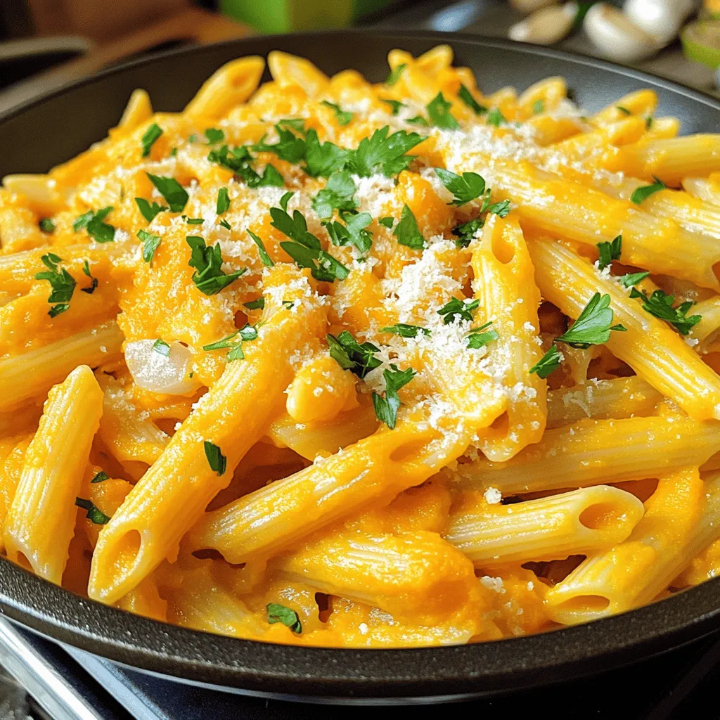 - 12 oz penne pasta - 2 cups butternut squash, peeled and diced - 1 tablespoon olive oil - 1 small onion, diced - 2 cloves garlic, minced - 1 teaspoon dried sage - 1 teaspoon thyme - 1 cup vegetable broth - ½ cup cream cheese (or vegan cream cheese) - Salt and pepper to taste - ¼ cup grated Parmesan cheese (optional, for serving) - Fresh parsley for garnish For this butternut squash pasta skillet, you need fresh, quality ingredients. The penne pasta forms the base of the dish. I love using penne because its ridges hold the sauce well. The butternut squash gives a sweet flavor and creamy texture. You can also use pumpkin if you’d like. The olive oil helps sauté the onion and garlic. It adds rich flavors that build the dish. I always choose a small onion for a more delicate taste. Garlic brings warmth and aroma to the meal. Herbs like sage and thyme enhance the butternut squash's natural sweetness. They also add depth to the flavor. Vegetable broth serves as the sauce's base, bringing everything together. Cream cheese gives the sauce its creamy texture. If you want a vegan option, use vegan cream cheese. Finally, salt and pepper add balance. Grated Parmesan is optional, but it adds a nice touch. Fresh parsley not only adds color but also a fresh taste. Keep these ingredients on hand, and you'll whip up this quick meal in no time! First, cook the penne pasta. Follow the package instructions to make it al dente. This means it should be firm but not hard. Once done, drain the pasta and set it aside. This step is key for a perfect texture in your dish. Now, let’s prepare the skillet. Heat 1 tablespoon of olive oil in a large skillet over medium heat. Add the diced onion and cook it until it turns translucent, about 3 to 4 minutes. Then, add the minced garlic and cook for another minute until it smells great. Next, stir in the diced butternut squash, dried sage, and thyme. Cook this mixture for about 5 to 7 minutes. Stir it occasionally. You want the squash to become tender but not mushy. Once your squash is tender, pour in 1 cup of vegetable broth. Bring this to a simmer. Cover the skillet and let it cook for about 10 minutes, or until the squash is soft. After that, use a fork or a potato masher to mash the squash slightly. This gives your sauce a creamy feel. Now, add ½ cup of cream cheese to the skillet. Stir it until it melts and blends with the squash. If your sauce seems too thick, add a bit more vegetable broth until it’s just right. It’s time to combine everything. Toss the cooked penne pasta into the skillet with the butternut squash sauce. Mix well until the pasta is fully coated. Season your dish with salt and pepper to taste. Enjoy the tasty blend of flavors in this quick meal! To cook pasta just right, follow these steps: - Use a large pot with water. - Add a pinch of salt to the water. - Bring the water to a boil before adding pasta. - Cook penne for 8-10 minutes until al dente. - Stir occasionally to avoid sticking. To avoid sticky pasta, make sure to: - Rinse the pasta under cold water after draining. - Toss it with a little olive oil. - Add it to your sauce right away. The best herbs to pair with butternut squash are: - Sage, which adds a warm, earthy taste. - Thyme, offering a light, fresh note. You can add spice for extra flavor by: - Mixing in a pinch of red pepper flakes. - Using smoked paprika for a deeper taste. For creamier options, consider: - Using coconut milk for a dairy-free choice. - Trying cashew cream for a nutty flavor. Adjust sauce thickness by: - Adding more vegetable broth if too thick. - Stirring in extra cream cheese for a richer texture. {{image_2}} For a vegan-friendly twist, swap the cream cheese for a plant-based option. You can use vegan cream cheese or even cashew cream. Both will add creaminess without dairy. Try blending soaked cashews with a bit of water and lemon juice for a homemade version. If you prefer gluten-free pasta, opt for substitutes like brown rice or chickpea pasta. These alternatives taste great and keep the dish light. Feel free to add more veggies to your skillet! Spinach, kale, or bell peppers work well. You could even toss in some roasted Brussels sprouts for extra crunch. Seasonal veggies like zucchini or asparagus bring a fresh touch too. Using vegetables that are in season makes your dish vibrant and tasty. Plus, it gives you a chance to experiment with flavors. Adding protein can make your meal heartier. For meat lovers, consider grilled chicken or shrimp. These can cook quickly in the skillet. If you want plant-based protein, try beans or lentils. They mix well with the butternut squash and add great texture. For a quick option, stir in some canned chickpeas. They add protein and fiber, making the dish even more filling. To store leftovers of your butternut squash pasta skillet, let it cool first. Then, place it in an airtight container. I recommend using glass or plastic containers that seal well. This keeps the flavors fresh. If you want to freeze the dish, use freezer-safe containers. Make sure to leave some space at the top for expansion. To reheat, thaw it in the fridge overnight. Heat it on the stove or microwave until hot. Stir it well to mix the sauce back in. In the fridge, your butternut squash pasta skillet will last about 3 to 5 days. If you notice any off smells or mold, it's best to throw it out. Always trust your senses when checking for spoilage. To make this dish, follow these steps: 1. Cook 12 oz of penne pasta until al dente. Drain it and set aside. 2. In a large skillet, heat 1 tablespoon of olive oil over medium heat. Add 1 small diced onion and sauté for about 3-4 minutes until it’s clear. 3. Add 2 minced garlic cloves and cook for 1 more minute. You want it fragrant. 4. Stir in 2 cups of diced butternut squash, 1 teaspoon of dried sage, and 1 teaspoon of thyme. Cook for 5-7 minutes until the squash softens. 5. Pour in 1 cup of vegetable broth and let it simmer. Cover the skillet for about 10 minutes until the squash is soft. 6. Mash the squash slightly with a fork to make it creamy. 7. Mix in ½ cup of cream cheese until it melts. If the sauce is thick, add more broth. 8. Toss the cooked penne pasta into the skillet. Coat it well with the sauce. 9. Season with salt and pepper to taste. 10. Serve hot, topped with ¼ cup of grated Parmesan cheese and some fresh parsley. Yes, you can use different pasta shapes. Bowtie, fusilli, or spaghetti all work well. Just make sure to adjust the cooking time according to package directions. The key is to cook pasta until it's al dente, so it holds up well with the sauce. Yes! Butternut squash is packed with nutrients. It is high in vitamins A and C, which support your immune system. It also has fiber, which helps digestion. Plus, it’s low in calories, making it a great choice for a healthy meal. If you need a substitute for cream cheese, try using Greek yogurt or silken tofu for a vegan option. Both provide creaminess without losing flavor. You can also use a vegan cream cheese to keep it dairy-free. Absolutely! You can prepare the butternut squash sauce ahead. Just store it in the fridge for up to three days. When you are ready to eat, cook the pasta and mix it with the sauce. This saves time and makes meal prep easy. This blog post shared a simple recipe for butternut squash pasta. You learned about the ingredients, cooking steps, and tips to make it perfect. It’s a great dish for all diets, including vegan. You can add your favorite veggies or protein for more flavor. Remember to store leftovers well so you can enjoy them later. Cooking doesn’t have to be hard. With this recipe, you can create a tasty meal easily. Enjoy the process and happy cooking!