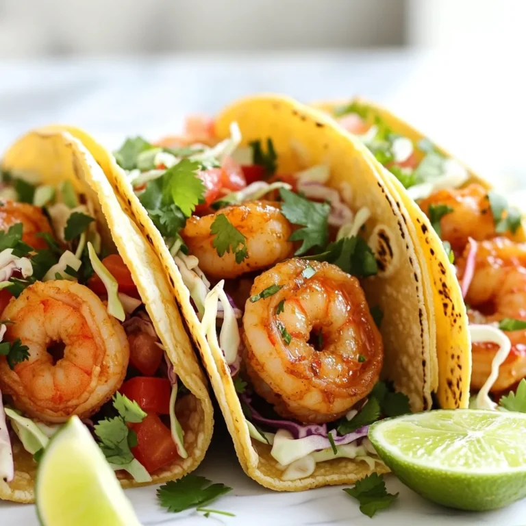- 1 lb large shrimp, peeled and deveined - 3 tablespoons unsalted butter - 4 cloves garlic, minced - 1 teaspoon smoked paprika - 1 teaspoon chili powder - 1 teaspoon salt - ½ teaspoon black pepper - 8 small corn tortillas - 1 cup shredded cabbage - ½ cup diced tomatoes - ¼ cup fresh cilantro, chopped - Lime wedges for serving To make Air Fryer Garlic Butter Shrimp Tacos, you first need fresh ingredients. Start with one pound of large shrimp. Make sure they are peeled and deveined. This saves time and ensures a clean bite. Next, gather the marinade. You will need three tablespoons of unsalted butter. Melt it, then mix in four cloves of minced garlic. Garlic adds a rich flavor that pairs well with shrimp. Add spices to the marinade for depth. Use one teaspoon of smoked paprika and one teaspoon of chili powder. These spices give the dish a nice kick. Don’t forget the salt and black pepper! You need one teaspoon of salt and half a teaspoon of black pepper. Now let's talk about the taco fixings. Grab eight small corn tortillas. They should be soft and pliable. You will also need one cup of shredded cabbage. This adds crunch. Prepare half a cup of diced tomatoes for freshness. Finally, chop a quarter cup of fresh cilantro for garnish. For serving, have lime wedges ready. A squeeze of lime brightens the flavors. This combination makes a delicious and easy meal. Start by making the marinade. In a mixing bowl, combine: - 3 tablespoons unsalted butter, melted - 4 cloves garlic, minced - 1 teaspoon smoked paprika - 1 teaspoon chili powder - 1 teaspoon salt - ½ teaspoon black pepper Mix these ingredients well. This mixture will give the shrimp a rich flavor. Next, add 1 pound of peeled and deveined shrimp to the bowl. Make sure the shrimp are well coated in the marinade. Let the shrimp sit for about 15 minutes. This time helps the shrimp to absorb all the tasty flavors. Now, it's time to cook the shrimp. Preheat your air fryer to 400°F (200°C). This step takes about 5 minutes. Once hot, place the shrimp in a single layer in the air fryer basket. Cook for 6 to 8 minutes. The shrimp should turn pink and be fully cooked. Shake the basket halfway through to ensure even cooking. While the shrimp cooks, warm 8 small corn tortillas. Use a dry skillet over medium heat. Heat each tortilla for about 30 seconds on each side until soft. To assemble, place a generous amount of shrimp on each tortilla. Top with: - 1 cup shredded cabbage - ½ cup diced tomatoes - ¼ cup fresh cilantro, chopped Serve your tacos with lime wedges for extra zest. Enjoy this easy and tasty meal! To make great shrimp, shake the air fryer basket halfway through cooking. This helps the shrimp cook evenly on all sides. If you skip this step, some shrimp may not cook fully. The result? Juicy, tender shrimp every time. You can switch up the tortillas for a fun twist. Try using flour tortillas for a softer bite, or go for lettuce wraps for a low-carb option. Both choices let you enjoy the shrimp in a new way! Want to kick up the taste? You can add more spices like cumin or cayenne pepper. A splash of lime juice or a drizzle of hot sauce adds a zesty kick. Try different sauces, like a creamy chipotle sauce, to find your favorite flavor combo. {{image_2}} To add heat to your tacos, simply mix in extra chili powder or a splash of hot sauce. This small change can elevate the flavor. You can adjust the spice level to fit your taste. If you love the kick of chili, go for it! If you want a meatless option, try using grilled vegetables or tofu instead of shrimp. Bell peppers, zucchini, and mushrooms work great. Marinate them just like the shrimp. This swap keeps the flavors bold while being veggie-friendly. Toppings can take your tacos to the next level. Fresh salsa, avocado crema, or a drizzle of lime sauce can add brightness. Consider making a mango salsa for a sweet twist. Get creative with your garnishes to make each taco unique. To keep your shrimp tacos fresh, put them in an airtight container. Store them in the fridge for up to two days. It is best to keep the shrimp separate from the tortillas. This way, the tortillas won’t get soggy. If you have leftover toppings, store them in smaller containers. This method helps maintain their crunch and flavor. When it’s time to enjoy your leftovers, reheat the shrimp in the air fryer. Set it to 350°F (175°C) for about 3-4 minutes. This method keeps the shrimp juicy and the texture great. If you don’t have an air fryer, you can use a skillet. Heat it on medium heat and stir gently until warm. Avoid overcooking to keep them tender. You can freeze the shrimp, but avoid freezing the assembled tacos. To freeze shrimp, place them in a freezer-safe bag. Remove as much air as possible before sealing. They can last up to three months in the freezer. When ready to use, thaw the shrimp overnight in the fridge. Then, cook them fresh in the air fryer for the best flavor and texture. Yes, you can use frozen shrimp. Make sure to thaw them first. Place the shrimp in the fridge overnight or run them under cold water for about 10-15 minutes. After thawing, pat them dry with paper towels. This helps the marinade stick better. Follow the same steps for marinating and cooking. The shrimp will taste just as good! Look for a few signs. Cooked shrimp turn pink and opaque. They also curl into a C shape. If shrimp are gray or translucent, they need more time. For the best results, cook them for 6-8 minutes in the air fryer. Remember to shake the basket halfway for even cooking. This way, you'll avoid undercooked or overcooked shrimp. Many side dishes complement shrimp tacos. Here are a few tasty options: - Mexican rice for a filling addition. - Black beans for a protein boost. - Guacamole for a creamy texture. - Grilled corn for a sweet crunch. - A fresh green salad to balance flavors. Feel free to mix and match these sides to create a well-rounded meal! This blog post covered a fun and tasty shrimp taco recipe. You learned about the key ingredients, step-by-step cooking instructions, and useful tips for great tacos. We also explored variations and storage options for your leftovers. Try these shrimp tacos for your next meal. They are easy to make and delicious! With a few simple steps, you can enjoy a flavorful dish. Remember, get creative with toppings and make it your own. Happy cooking!