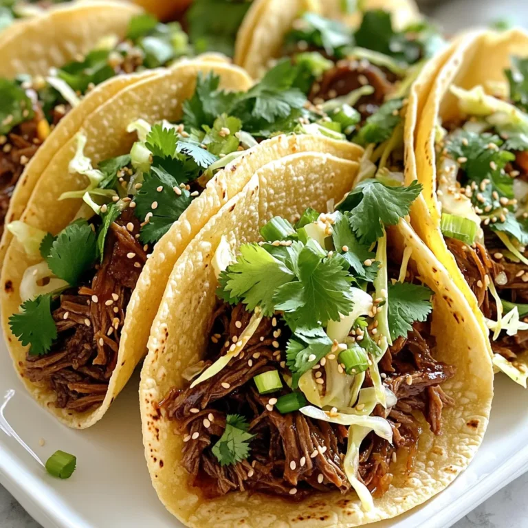 - 2 lbs beef chuck roast - 1 cup soy sauce - 1/2 cup brown sugar - 1/4 cup sesame oil - 1 tablespoon grated fresh ginger - 4 cloves garlic, minced - 1 tablespoon rice vinegar - 1 teaspoon black pepper - 2 green onions, chopped (for garnish) - 12 small corn tortillas - 1 cup shredded cabbage - 1 cup fresh cilantro leaves (for garnish) - 1 tablespoon sesame seeds (for garnish) Gather these ingredients before you start cooking. I love using fresh items for the best taste. The beef chuck roast gives a rich flavor. Soy sauce adds a nice saltiness. Brown sugar balances the salt with sweetness. Sesame oil brings a nutty taste. Grated ginger and minced garlic add depth. Rice vinegar gives a touch of tartness. Black pepper enhances the overall flavor. For the tacos, I use small corn tortillas. They hold the filling well. Shredded cabbage adds crunch. Fresh cilantro leaves brighten the dish. Finally, sesame seeds provide a nice crunch on top. With these ingredients, you create a tasty dish everyone will love. - Trim excess fat and cut into chunks: Start with 2 lbs of beef chuck roast. Use a sharp knife to remove any excess fat. Cut the beef into 2-inch chunks for even cooking. This step helps the beef cook well and become tender. - Create the marinade: In a large bowl, mix 1 cup of soy sauce, 1/2 cup of brown sugar, and 1/4 cup of sesame oil. Add 1 tablespoon of grated fresh ginger, 4 cloves of minced garlic, 1 tablespoon of rice vinegar, and 1 teaspoon of black pepper. Whisk until combined. This marinade adds rich flavor to the beef. - Slow cook details: Place the beef chunks in the slow cooker. Pour the marinade over the beef, making sure each piece is covered. Cover the slow cooker and cook on low for 8 hours or on high for 4 hours. This slow cooking makes the beef soft and tasty. - How to know when beef is tender: Check the beef after the cooking time. It should be easy to shred with a fork. If it still feels tough, cook it a bit longer until it's fork-tender. - Shredding the cooked beef: Once the beef is done, use two forks to shred it while still in the slow cooker. Mix it well with the juices for a moist filling. - Warming the tortillas: In a skillet over medium heat, warm 12 small corn tortillas. Heat each tortilla for about 30 seconds on each side. You want them soft and warm, ready to hold the beef. - Assembling the tacos: Take a warm tortilla and add a generous scoop of shredded beef. Top with 1 cup of shredded cabbage, chopped green onions, and fresh cilantro leaves. These toppings add crunch and fresh flavors to your taco. To make your marinade pop, add a splash of orange juice or a bit of gochujang. These ingredients bring a sweet and spicy twist. Marinate your beef for at least an hour, but overnight works best. This allows the flavors to soak in deeply. Slow cooking is vital for this dish. It makes the beef tender and juicy. Cooking on low for eight hours breaks down the meat, making it easy to shred. The longer, the better. This method also lets the flavors blend perfectly. For filling, I recommend shredded cabbage and fresh cilantro. These add crunch and freshness. You can also add sliced radishes for extra zing. When serving, stack your tacos high. Use small corn tortillas for the best taste. Warm them lightly before filling. This keeps them soft and pliable. Add sesame seeds on top for crunch. Enjoy these tacos right away for the best experience! {{image_2}} You can change the beef cut to fit your taste. - Use brisket for a richer flavor. - Try flank steak for a leaner option. If you want a vegetarian or vegan meal, use jackfruit. - Shredded jackfruit mimics the beef texture well. - Use soy sauce and spices to give it flavor. You can serve this Korean BBQ beef in many ways. - Tacos are fun and easy to eat. - Rice bowls give a hearty option. For added zest, mix in different sauces. - Try sriracha for heat. - A fresh salsa can add a bright taste. Feel free to get creative with toppings! To keep your Korean BBQ beef fresh, store it in an airtight container. This helps to lock in flavors and moisture. Place the beef in the fridge right after it cools. It will stay good for about 3 to 4 days. If you want to keep it longer, consider freezing it. In the freezer, it can last for up to 3 months. Just make sure to label the container with the date. When you're ready to eat, you can reheat the beef in several ways. Use the microwave for quick heating. Just place it in a bowl and cover it. Heat in short bursts, stirring in between. You can also reheat it on the stove. Place it in a pan over low heat. Add a splash of water or beef broth to keep it moist. To maintain its great flavor and texture, avoid overheating. Be gentle, and stir often to prevent sticking. Enjoy your tasty tacos just like they were fresh! You can add spicy elements to the marinade. A great choice is adding sriracha or gochujang. Both bring heat and flavor. Start with a teaspoon and add more if you like it hot. You can also serve the tacos with jalapeños on top for extra spice. Yes, you can use other meats like pork shoulder or chicken thighs. Both will work well with the marinade. Just adjust the cooking time. Pork may need about 6 hours on low, while chicken cooks faster at around 4 hours. Make sure the meat is tender before shredding. These tacos pair well with fresh sides. Consider serving rice or kimchi on the side. You can also add a simple salad for freshness. If you want a fun twist, try making queso dip or guacamole to complement the flavors. - Can I freeze the leftovers? Yes, you can freeze the beef for up to three months. Just let it cool first. Store in an airtight container or freezer bag. - What toppings can I use? Besides cabbage and cilantro, try avocado or radish slices. You can also use lime wedges for a zesty finish. - How do I know the beef is cooked? The beef should shred easily with two forks. If it's tender, it's ready. If not, let it cook longer. To sum up, I shared a tasty recipe for Korean BBQ beef tacos. We covered key ingredients, cooking steps, and finishing touches. You learned tips to boost flavor and make this dish your own. Plus, I provided storage advice and answers to common questions. Enjoy creating these delicious tacos! They are sure to impress your friends and family. Remember, the joy of cooking comes from experimenting and sharing good food. Have fun in the kitchen!
