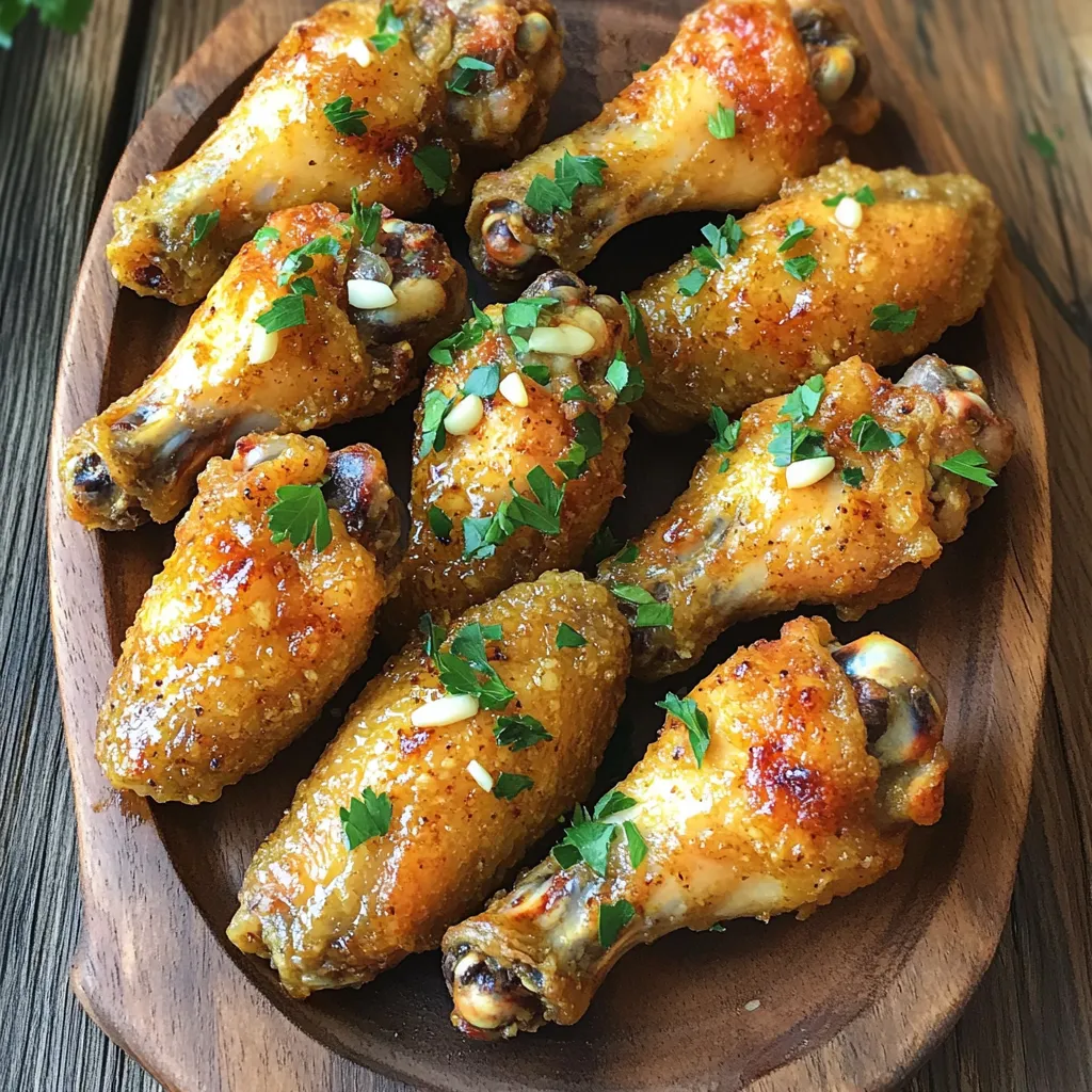 To make these tasty garlic chicken wings, you need a few key items: - 2 lbs chicken wings - 4 cloves garlic, minced - 2 tablespoons olive oil - 1 tablespoon soy sauce - 1 teaspoon onion powder - 1 teaspoon smoked paprika - 1 teaspoon black pepper - 1 teaspoon salt - 1 tablespoon fresh parsley, chopped (for garnish) These ingredients make a flavorful marinade that brings out the best in the chicken wings. You can add your own twist to the recipe. Here are some ideas: - 1 teaspoon cayenne pepper for heat - 1 tablespoon honey for a sweet touch - Fresh herbs, like thyme or rosemary, for added flavor Try these options to spice things up or make it sweeter. You can customize the wings to fit your taste. To cook the wings perfectly, gather these tools: - A large mixing bowl - An air fryer - A measuring spoon - A sharp knife for mincing garlic - A cutting board Having these tools ready will help you prepare the wings easily. They make the cooking process smooth and fun. Start by gathering your ingredients. You need garlic, olive oil, soy sauce, onion powder, smoked paprika, black pepper, and salt. In a large bowl, add the minced garlic, olive oil, soy sauce, onion powder, smoked paprika, black pepper, and salt. Mix them well to form a smooth marinade. This mix will coat the chicken wings and add great flavor. Now it’s time to add the chicken wings. Place the wings in the bowl with the marinade. Make sure each wing is well coated. This step is crucial. Cover the bowl and put it in the fridge. Let the wings marinate for at least 30 minutes. This allows the flavors to seep in, making them extra tasty. Preheat your air fryer to 380°F (193°C) for about 5 minutes. This step helps to crisp the wings. After preheating, take your marinated wings and place them in the air fryer basket. Arrange them in a single layer. You might need to cook in batches if your air fryer is small. Cook the wings for 25-30 minutes, shaking the basket halfway through. This ensures even cooking. You want them to be golden brown and crispy. After cooking, let the wings rest for a few minutes. Garnish them with chopped fresh parsley before serving. Enjoy your flavorful treat! To get crispy wings, use a good marinade. The olive oil helps a lot. Make sure to coat each wing well. This will help create that golden crunchy texture we all love. Shaking the basket halfway through cooking is key. It ensures that every side gets that nice crisp. Every air fryer is a bit different. Some cook faster than others. If your wings look golden before the time is up, take them out. If they need more time, add a few minutes. Always check on them to avoid overcooking. This way, you’ll get juicy wings every time. These wings go well with many sides. Try serving them with celery sticks and ranch dressing. You can also serve them with a cool salad. For drinks, try a cold beer or lemonade. The wings are tasty on their own but pair well with dips too! {{image_2}} You can easily change up the taste of your garlic chicken wings. If you like spicy, add some hot sauce or red pepper flakes to the marinade. For a sweet twist, mix in honey or maple syrup. You can even try adding citrus zest for a fresh flavor. Experiment with different spices to find what you enjoy most. If you follow a gluten-free diet, simply swap out soy sauce for tamari or coconut aminos. Both taste great and keep the wings flavorful. For a Paleo option, use a natural sweetener like honey and skip the soy sauce. Always check labels to ensure your ingredients fit your diet. If you don’t have an air fryer, you can still enjoy these wings. To bake them, preheat your oven to 400°F (200°C). Place the wings on a baking sheet lined with parchment paper. Bake for 40-45 minutes, flipping halfway through for even cooking. For deep-frying, heat oil in a pot to 350°F (175°C) and fry the wings for about 10-12 minutes. Both methods yield crispy, tasty wings! Store any leftover chicken wings in an airtight container. Place them in the fridge. They stay fresh for about 3 to 4 days. Make sure they cool down before sealing them. This helps keep the skin crispy. To reheat your wings, use the air fryer again. Set it to 350°F (175°C). Cook for about 5 to 8 minutes. This keeps them crispy and hot. You can also use an oven. Bake them at 350°F (175°C) for 10 to 15 minutes. Flip them halfway for even heating. You can freeze the wings too! Place the cooled wings in a freezer-safe bag. Remove as much air as you can. They last up to 3 months in the freezer. When ready to eat, thaw them in the fridge overnight. Reheat them in the air fryer for the best taste. Cook chicken wings in the air fryer for 25 to 30 minutes. Start by preheating the air fryer to 380°F (193°C). Place the wings in a single layer. Shake the basket halfway through cooking. This helps them cook evenly and get crispy. Yes, you can use frozen chicken wings. However, they will need a longer cooking time. Cook them for about 30 to 35 minutes. Shake the basket halfway to ensure even cooking. Make sure the wings reach an internal temperature of 165°F (74°C). Garlic chicken wings pair well with many sauces. Here are a few favorites: - Ranch dressing - Blue cheese dressing - Honey mustard - Spicy buffalo sauce - Barbecue sauce These sauces add extra flavor and make your meal even more fun! You learned about making air fryer garlic chicken wings from scratch. First, gather essential ingredients and tools. Then, follow the steps to marinate, cook, and serve. Use tips for crispiness and adjust for your air fryer. Explore flavor variations and cooking methods too. In summary, these wings bring joy to any meal. Enjoy them fresh or store leftovers for later. With these tips, every bite will be tasty.
