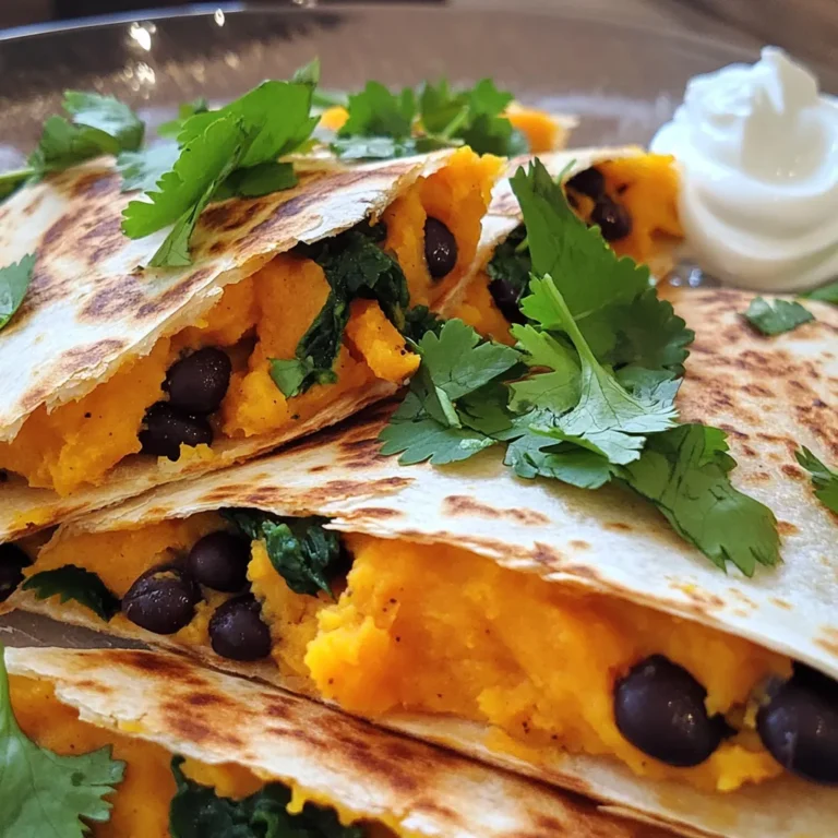 - 2 medium sweet potatoes, peeled and diced - 1 can (15 oz) black beans, rinsed and drained - 1 cup fresh spinach, roughly chopped Sweet potatoes give these quesadillas a sweet and earthy flavor. I like to peel and dice them, then boil until soft. Black beans add protein and fiber. They create a hearty filling. Fresh spinach brings a nice touch of color and nutrition. It wilts perfectly when mixed in. - 1 teaspoon cumin - 1 teaspoon chili powder - 1/2 teaspoon garlic powder - Salt and pepper to taste Spices elevate the taste. Cumin adds warmth, while chili powder gives a slight kick. Garlic powder enhances the overall flavor. Salt and pepper balance everything out. Adjust these to your liking for extra flavor. - 4 large flour tortillas - 1 cup cheese (cheddar, mozzarella, or a blend) Flour tortillas are soft and perfect for wrapping. You can use different cheese based on your taste. Cheddar offers a sharp taste, while mozzarella melts beautifully. Mixing cheeses can create a delightful blend of flavors. Choose your favorites for a personal touch! First, we need to cook the sweet potatoes. Boil a pot of salted water. Add the diced sweet potatoes and cook for about 10 to 12 minutes. You want them fork-tender. Drain them when they are done. Next, we will mash the sweet potatoes. Place the cooked sweet potatoes in a large bowl. Use a fork or potato masher to break them down. Now, let’s add some flavor! Mix in 1 teaspoon of cumin, 1 teaspoon of chili powder, 1/2 teaspoon of garlic powder, and a pinch of salt and pepper. This will make the sweet potatoes taste amazing! Now, it’s time to add more goodness. Take a can of black beans, rinse, and drain them. Add the black beans to the mashed sweet potatoes. Next, chop 1 cup of fresh spinach and fold it in too. Mix everything until it combines well. The colors will be vibrant and inviting! Let’s build our quesadillas. Take a large flour tortilla and place it on a flat surface. On one half of the tortilla, spread a good amount of the sweet potato mixture. Top that with a sprinkle of cheese. I like using cheddar or mozzarella. Now, fold the tortilla over to form a half-moon shape. We will cook these in a skillet. Heat 1 tablespoon of olive oil over medium heat. Place the quesadilla in the skillet and cook for 3 to 4 minutes on each side. You want the tortilla to be golden brown and the cheese melted. Don’t rush this step; a golden color means crispy perfection! Repeat with the rest of the tortillas, adding more oil as needed. To ensure the cheese melts well, use grated cheese. Grated cheese melts faster than slices. Spread it evenly over the sweet potato mixture. This helps make every bite cheesy and delicious. To get a crispy tortilla, heat your skillet before adding oil. Use medium heat. Add just enough olive oil to coat the skillet lightly. Cooking each quesadilla for 3-4 minutes on each side gives a nice golden color. Flip carefully to avoid spills. Want to spice things up? Consider adding a pinch of cayenne pepper or smoked paprika. These spices elevate the flavor. You can also add diced jalapeños for heat. Mix them into the sweet potato blend for a kick. For toppings, fresh avocado slices are a great choice. They add creaminess. You can also serve with sour cream or Greek yogurt. Fresh cilantro on top gives a nice touch. It adds color and flavor. Scaling this recipe is easy. Just double or triple the ingredients as needed. Use larger skillets to cook more quesadillas at once. This saves time and keeps everyone happy. To keep quesadillas warm, place them in a low oven. Set it to about 200°F (93°C). Cover them with a clean kitchen towel to retain heat. This way, everyone can enjoy them hot and fresh. {{image_2}} You can make these quesadillas vegan by changing a few ingredients. First, swap the cheese for a plant-based alternative. Look for brands that melt well, like cashew or almond cheese. You can also use nutritional yeast for a cheesy flavor without dairy. Add more veggies to your filling for extra nutrients. Try bell peppers, zucchini, or mushrooms. They add great flavor and texture. Want to mix it up? Change the beans! You can use pinto beans or chickpeas instead of black beans. Both options offer a great taste. Seasonal veggies can shine in this dish. In summer, add corn or tomatoes for freshness. In fall, try adding roasted butternut squash. Each change keeps the dish exciting and tasty. If you need gluten-free options, look for gluten-free tortillas. Many stores offer them now. Just check the label to ensure they fit your needs. For a low-calorie version, reduce the cheese or use less oil when cooking. You can even use cooking spray instead. This way, you can enjoy quesadillas without guilt. To keep your sweet potato black bean quesadillas fresh, store them in the fridge. First, let them cool to room temperature. Then, wrap each quesadilla tightly in plastic wrap or aluminum foil. Place them in an airtight container. They last about 3-4 days in the fridge. When you’re ready to eat, you will have a quick and tasty meal waiting for you. If you want to save some for later, freezing is a great option. You can freeze them before or after cooking. For freezing before cooking, assemble the quesadillas as usual. Place them on a baking sheet in a single layer. Freeze for about 1 hour until firm. Then, wrap each one in plastic wrap and put them in a freezer-safe bag. For freezing cooked quesadillas, let them cool completely. Wrap them well and store in a freezer-safe container. They can last up to 2-3 months in the freezer. When you want to enjoy your quesadillas again, reheating them properly is key. For the best results, use a skillet. Heat it over medium heat and add a bit of oil. Place the quesadilla in the skillet and cook for about 3-4 minutes on each side. This method keeps the quesadilla crispy and the cheese melty. You can also use an oven. Preheat it to 350°F (175°C) and bake for about 10-15 minutes. This way, your quesadillas will be warm and delicious without falling apart. Yes, you can prepare these quesadillas in advance. Here are some tips for prep: - Cook the sweet potatoes: You can boil and mash them a day ahead. Store the mash in the fridge. - Mix the filling: Combine sweet potatoes, black beans, and spinach ahead. Keep it in an airtight container. - Assemble later: When you’re ready to eat, just assemble and cook the quesadillas. This saves time and keeps them fresh. These quesadillas pair well with many sides. Here are some ideas: - Fresh salad: A simple green salad can balance the meal. - Guacamole: Creamy avocado dip adds flavor and richness. - Salsa: Fresh or jarred salsa gives a nice kick. - Rice: Serve with brown or white rice for a filling meal. Making these quesadillas gluten-free is easy. Here’s how: - Swap tortillas: Use gluten-free tortillas. Many brands offer great options. - Check beans: Ensure the black beans are gluten-free. Most canned ones are safe. - Modify seasoning: Most spices are gluten-free, but check labels for cross-contamination. These swaps keep the dish tasty while meeting dietary needs. Sweet potato black bean quesadillas are simple, tasty, and healthy. We covered key ingredients like sweet potatoes, black beans, and spinach, plus spices to boost flavor. I shared steps to prepare, cook, and perfect these quesadillas. You learned tips for serving a crowd and creating variations, like vegan and gluten-free options. Now, you can enjoy a flavorful meal that suits many diets. Try out these ideas and make your quesadillas unique!