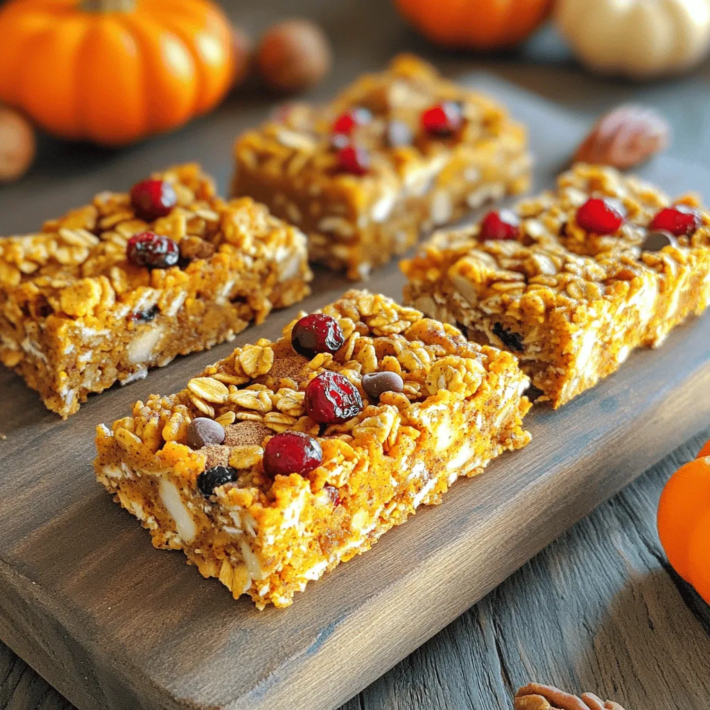 To make the perfect pumpkin spice granola bars, gather these ingredients: - 2 cups rolled oats - 1 cup pumpkin puree - 1/2 cup honey or maple syrup - 1/4 cup almond butter (or any nut butter) - 1 teaspoon vanilla extract - 1 teaspoon cinnamon - 1/2 teaspoon nutmeg - 1/4 teaspoon ginger powder - 1/4 teaspoon salt - 1/2 cup chopped nuts (walnuts or pecans) - 1/2 cup dried fruits (cranberries or raisins) - 1/4 cup mini chocolate chips (optional) Each granola bar has about 150 calories. They contain healthy fats, fiber, and natural sweetness. Here’s a quick breakdown: - Calories: 150 - Protein: 3g - Carbohydrates: 25g - Fat: 5g - Fiber: 2g - Sugar: 6g Pumpkin spice is not just tasty; it has many health perks. Here’s what the key ingredients do: - Pumpkin puree: Rich in vitamins and minerals. Packed with beta-carotene, it helps your vision and immune system. - Cinnamon: May lower blood sugar and has anti-inflammatory properties. It adds warmth and flavor to the bars. - Nutmeg: Supports digestion and can help relieve pain. Its sweet and spicy flavor enhances the overall taste. - Ginger: Helps with nausea and has antioxidant effects. It gives a lovely warmth to your granola bars. - Nuts: Provide healthy fats and protein. They help keep you full and satisfied. - Dried fruits: Packed with fiber and natural sugars. They add sweetness and chewiness to the bars. With these ingredients, each bite is not only delicious but also good for you! 1. First, preheat your oven to 350°F (175°C). This helps the bars bake evenly. 2. Grab a 9x9 inch baking dish and line it with parchment paper. Leave some paper hanging over the edges. This makes it easy to lift the bars out later. 3. In a big mixing bowl, combine 2 cups of rolled oats, 1/2 cup chopped nuts, and 1/2 cup dried fruits. I like using walnuts and cranberries, but you can choose your favorites. Mix these dry ingredients well. 4. Take another bowl and whisk together 1 cup of pumpkin puree, 1/2 cup honey or maple syrup, 1/4 cup almond butter, and 1 teaspoon vanilla extract. Then, add 1 teaspoon cinnamon, 1/2 teaspoon nutmeg, 1/4 teaspoon ginger powder, and 1/4 teaspoon salt. This mix adds great flavor. Whisk until it’s all smooth. 5. Now, pour the pumpkin mixture over the dry ingredients. Stir it all together until everything is coated well. It should look delicious already! 6. Next, transfer the mixture into your lined baking dish. Press it down firmly and evenly. This step helps the bars stick together once baked. 7. Bake in your preheated oven for about 25-30 minutes. Look for the edges to turn lightly golden. That’s when you know they’re ready! 8. Once baked, remove the dish from the oven. Let the granola bars cool completely in the dish. This cooling time is very important. 9. After the bars have cooled, use the parchment overhang to lift them out. Place the slab on a cutting board. 10. Cut into bars or squares as you like. If you want extra sweetness, sprinkle mini chocolate chips on top while the bars are warm. Gently press them in so they stick. 11. For a lovely presentation, serve the granola bars on a rustic wooden board. You can garnish with a sprinkle of cinnamon or place small pumpkins around for a festive look. Enjoy your tasty snack! To get the best texture in your granola bars, use fresh ingredients. Old oats or nut butter can change the taste. Mix the dry and wet ingredients well. Make sure every oat is coated for a great bite. Press the mixture firmly into the pan. This helps the bars hold together after baking. Bake until the edges are golden, but not too dark. This gives a nice crunch while keeping the center soft. One big mistake is not measuring ingredients correctly. Use measuring cups for accuracy. Too much or too little can change the bars' texture. Another mistake is not pressing the mixture enough. If you leave it loose, the bars will crumble. Also, don't skip cooling the bars before cutting. This step helps them set properly. Lastly, avoid baking too long. Overbaking can make the bars dry and hard. When pressing the mixture into the pan, use a flat spatula or your hands. Press down evenly across the entire surface. This ensures a uniform thickness. If you find the mixture sticky, lightly wet your hands before pressing. This will help you flatten it without sticking. Make sure the edges are pressed down well, as they tend to lift during baking. A well-pressed mixture leads to better bars. {{image_2}} You can switch the almond butter for any nut butter you like. Peanut butter will work great. Sunflower seed butter is a good choice for nut-free options. Each nut butter brings its own flavor and texture. Try them out to find your favorite! If you want to change the sweetener, use agave syrup or brown rice syrup. These sweeteners will keep the bars sticky and sweet. You can also try coconut sugar for a lower glycemic option. Just remember, each sweetener has a different flavor. Choose one that fits your taste! Feel free to get creative with your flavorings! You can add vanilla bean or a splash of almond extract. Chia seeds or flaxseeds can add nutrition and a nice crunch. For a fun twist, try adding pumpkin seeds or coconut flakes. Dried apples or apricots will also give a fruity touch. Mix and match until you find your perfect blend! To keep your pumpkin spice granola bars fresh, place them in an airtight container. This helps prevent them from drying out. If you want to enjoy them later, you can refrigerate them. The cool temperature keeps them fresh for longer. If you stack them, use parchment paper between layers. This keeps them from sticking together. Freezing is a great option if you want to save some bars for later. Start by cutting the bars into squares. Then, wrap each piece in plastic wrap. Place the wrapped bars in a freezer-safe bag or container. They can last up to three months in the freezer. When you're ready to eat one, just let it thaw at room temperature. To keep your granola bars fresh, store them in a cool, dry place. Avoid areas with humidity, as this can make them soggy. For added flavor, consider adding extra spices or nuts when you make them. This can add a new twist each time you enjoy a bar. Regularly check for any signs of spoilage. If they smell off or look strange, it’s best to toss them. To make these bars vegan, swap honey for maple syrup. Use almond butter or any nut butter that is vegan-friendly. Check your nut butter for added ingredients. The rest of the recipe is already vegan! Yes, you can use gluten-free oats. Just check the package to make sure they are certified gluten-free. This will help avoid cross-contamination. The texture and taste will still be great! If you don't have pumpkin puree, use applesauce or mashed banana. These options will keep the bars moist. They will also add a nice flavor twist. You can even try sweet potato puree for a different taste! You learned about the key ingredients in pumpkin spice granola bars and their health benefits. We covered easy steps for preparation and baking, along with tips for serving. I shared mistakes to avoid and the best techniques for texture. You also discovered fun variations and how to store these bars to keep them fresh. In the end, these bars are simple, tasty, and great for any time. Enjoy making and sharing them!