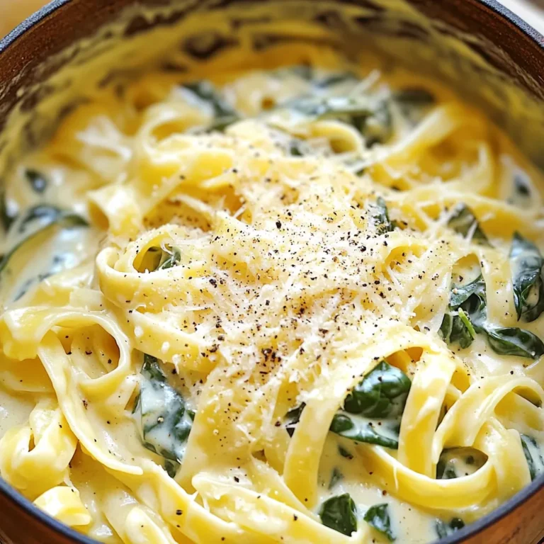 - 12 oz fettuccine pasta - 4 cups fresh spinach, roughly chopped - 2 tablespoons olive oil - 3 cloves garlic, minced The main ingredients create the heart of this dish. Fettuccine pasta gives you a nice, thick noodle that holds sauce well. Fresh spinach adds a pop of color and nutrients. Olive oil brings richness and flavor, while garlic adds a savory kick. - 1 cup heavy cream - 1 cup grated Parmesan cheese The dairy ingredients give this dish a creamy base. Heavy cream makes the sauce rich and smooth. Grated Parmesan cheese adds a nutty flavor that pairs perfectly with the cream. Together, they create that dreamy Alfredo texture. - 1 cup vegetable broth - 1/2 teaspoon nutmeg - Salt and pepper to taste Seasonings and liquids help balance the flavors. Vegetable broth adds depth to the sauce. Nutmeg enhances the creaminess and adds warmth. Salt and pepper are key to making all the flavors shine. Adjust them to your taste for the best result. 1. Sautéing garlic and heating oil Start by heating 2 tablespoons of olive oil in a large pot over medium heat. Once the oil is hot, add 3 cloves of minced garlic. Sauté the garlic for about 1 minute. You want it fragrant but not browned. Watch closely to avoid burning. 2. Mixing in liquids and ensuring pasta is submerged After the garlic is ready, pour in 1 cup of heavy cream and 1 cup of vegetable broth. Stir well to combine these liquids. Now, add 12 ounces of fettuccine pasta to the pot. Make sure the pasta is fully submerged in the mixture. This step is key for even cooking. 1. Boiling pasta and cooking time Bring the mixture to a gentle boil. Once it starts boiling, lower the heat and cover the pot. Cook the pasta for about 10-12 minutes. Stir occasionally to prevent sticking. The pasta should be al dente when done. 2. Stirring in spinach and cheese When the pasta is cooked, add 4 cups of roughly chopped fresh spinach and 1 cup of grated Parmesan cheese. Stir until the cheese melts and the spinach wilts. This adds a creamy texture and rich flavor to your dish. 1. Adjusting sauce consistency If you find the sauce too thick, don't worry! Simply add a bit more vegetable broth or a splash of water. Stir well until you reach your desired sauce consistency. 2. Serving suggestions with garnishes Serve the pasta hot, and don’t forget to garnish! Add freshly cracked black pepper and more Parmesan cheese on top. This adds a nice touch and extra flavor. Enjoy your creamy delight! How to avoid overcooking pasta To keep your pasta al dente, watch the clock. Cook it for 10-12 minutes. Stir it every few minutes. This helps it cook evenly. If you taste a piece and it’s firm, then it’s ready. If it's mushy, you've cooked it too long. Remember, it will cook a bit more after you add the spinach and cheese. Best practices for sautéing garlic Sauté garlic on medium heat. This helps it release its flavor without burning. Add it to the oil and stir for about one minute. As soon as you smell that rich aroma, you know it’s time to add the liquids. If it turns brown, it will taste bitter, so keep a close eye on it. Additional spices to try You can add a pinch of red pepper flakes for heat. A bit of dried basil or oregano can also bring extra flavor. Nutmeg adds warmth, but don’t overdo it. Just half a teaspoon is perfect in this dish. You can always adjust to your taste. Suggestions for adding protein To make this dish heartier, consider adding cooked chicken or shrimp. You can also use chickpeas for a plant-based option. Just mix them in when you add the spinach. This way, they will warm up while the spinach wilts. Ideal cookware for one-pot meals Use a large pot or a Dutch oven. These types of cookware distribute heat evenly. They also give you enough space to stir without splashing. A lid is important for cooking pasta, so make sure your pot has one. Tools for easy cleanup A wooden spoon is ideal for stirring. It won’t scratch your pot and is sturdy. Have a measuring cup handy for the broth and cream. A spatula can help scrape any bits stuck to the bottom. Finally, a plate for serving makes it easy to share this tasty meal. {{image_2}} You can make this dish work for your needs. If you want gluten-free pasta, use rice or quinoa pasta. These options cook well and taste great. For a dairy-free version, swap heavy cream with coconut cream or cashew cream. Nutritional yeast can replace Parmesan cheese for a cheesy flavor without dairy. To make this dish even better, you can add more veggies. Try mushrooms, bell peppers, or cherry tomatoes. These add color and taste. Fresh herbs like basil or parsley can also boost the flavor. If you crave something different, mix in a jar of pesto or a splash of marinara sauce for a new twist. To save time, you can make this meal ahead. Cook the pasta and sauce, then store them in separate containers. This keeps everything fresh. When you're ready to eat, just heat them on the stove or in the microwave. Add a splash of broth if the sauce gets too thick during reheating. Enjoy the comfort of this creamy dish any time! To keep your One Pot Spinach Alfredo Pasta fresh, store it in an airtight container. Let it cool before sealing. It lasts up to three days in the fridge. Always reheat only what you plan to eat. If you want to freeze the pasta, let it cool first. Place it in a freezer-safe container. It stays good for about two months. To thaw, move it to the fridge overnight. Reheat in a pot over low heat, adding a splash of broth to keep it creamy. For easy lunches, pack individual servings in small containers. You can also add a side salad or bread for a complete meal. Consider using mason jars for fun and easy transport. Can I use a different type of pasta? Yes, you can use other pasta types. Bowtie or penne work well too. Just keep an eye on the cooking time. Thinner pasta cooks faster, while thicker pasta takes longer. How can I make this dish spicier? To add heat, try red pepper flakes or a splash of hot sauce. You can also use spicy sausage or jalapeños for a bigger kick. Start small, then taste and adjust as needed. Is this dish suitable for vegetarians? Yes, this dish is vegetarian-friendly. It contains no meat, just fresh spinach and cheese. If you want to make it vegan, swap heavy cream and Parmesan for dairy-free options. What is the calorie count per serving? This dish has about 500 calories per serving. It includes pasta, cream, and cheese, which contribute to the calorie count. To reduce calories, you can cut down on the cheese or use less cream. What if I don't have nutritional yeast or Parmesan? If you lack these ingredients, use any hard cheese you have. Grated mozzarella or cheddar can work too. Nutritional yeast adds a cheesy flavor, so you can skip it or use more spices. How to adjust cooking time for larger servings? For more servings, increase the liquid and pasta proportionally. Cooking time may stay the same, but check for doneness. Stir more often to avoid sticking. This blog post covered a delicious fettuccine recipe using fresh ingredients. We explored how to prepare, cook, and add your favorite flavors. You learned tips on avoiding overcooked pasta and using the right tools. We also discussed variations and storage methods to enjoy this dish later. In the kitchen, creativity matters. Don't hesitate to mix things up and make this your own! Enjoy your cooking journey.