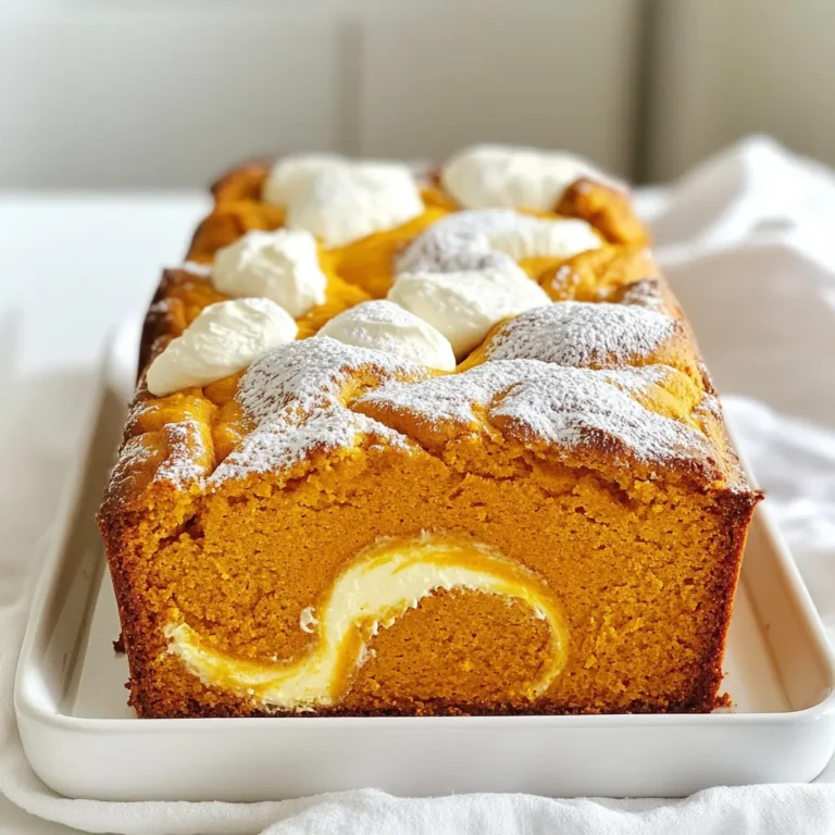 - 1 cup pumpkin puree (canned or roasted) - 1/2 cup cream cheese, softened - 1/2 cup granulated sugar - 1/2 cup brown sugar, packed - 3 large eggs - 1/3 cup vegetable oil - 1 cup all-purpose flour - 1/2 cup whole wheat flour - 1 teaspoon baking soda - 1 teaspoon baking powder - 1 teaspoon ground cinnamon - 1/2 teaspoon ground nutmeg - 1/2 teaspoon ground ginger - 1/4 teaspoon salt - 1 teaspoon vanilla extract - 1/4 cup chopped pecans or walnuts (optional) You can add chopped nuts like pecans or walnuts to the loaf for extra crunch. Chocolate chips also make a tasty addition if you want a sweet surprise. For a twist, try adding dried cranberries or raisins to enhance the flavor. If you don't have pumpkin puree, you can use applesauce. This gives a similar texture and moisture. Instead of cream cheese, Greek yogurt works well for a lighter filling. Use coconut oil or melted butter in place of vegetable oil if you prefer. If you need a gluten-free loaf, swap all-purpose flour for almond flour or a gluten-free blend. Start by preheating your oven to 350°F (175°C). This step is key for even baking. Next, take a 9x5 inch loaf pan. Grease it and dust it with flour. You can also line it with parchment paper for easy removal. This will help the loaf come out smoothly. In a mixing bowl, add 1/2 cup of softened cream cheese. Then, mix it with 1/4 cup of granulated sugar. Beat them together until the mixture is smooth and creamy. Set this aside for later. This filling makes the loaf rich and tasty. Grab a large bowl and add 1 cup of pumpkin puree. Then, mix in the remaining 1/4 cup of granulated sugar, 1/2 cup of brown sugar, and 3 large eggs. Next, pour in 1/3 cup of vegetable oil and 1 teaspoon of vanilla extract. Stir until everything is well combined. This mixture brings warmth and flavor. In another bowl, whisk together 1 cup of all-purpose flour, 1/2 cup of whole wheat flour, 1 teaspoon of baking soda, and 1 teaspoon of baking powder. Add 1 teaspoon of ground cinnamon, 1/2 teaspoon of ground nutmeg, 1/2 teaspoon of ground ginger, and 1/4 teaspoon of salt. This dry mix adds texture and spice to your loaf. Gradually add the dry mix to the pumpkin batter. Stir just until combined, being careful not to overmix. If you like, fold in 1/4 cup of chopped pecans or walnuts for a crunchy twist. Pour half of the pumpkin batter into your prepared loaf pan. Then, add dollops of the cream cheese mixture on top. Spread it out a bit but don’t mix it in yet. Next, pour the remaining pumpkin batter over the cream cheese layer. This creates the beautiful swirl effect. Use a knife or skewer to gently swirl the cream cheese into the batter. This step makes for a lovely marbled look. Place the loaf in your preheated oven. Bake for 50-60 minutes. To check if it’s done, insert a toothpick in the center. If it comes out clean, your loaf is ready. Once baked, let the loaf cool in the pan for 10 minutes. Then, transfer it to a wire rack to cool completely. When ready to serve, slice it up. Enjoy it warm or at room temperature. For a fancy touch, dust it with powdered sugar. A dollop of whipped cream on the side makes it even better! To make the best pumpkin cream cheese swirl loaf, watch for these mistakes: - Overmixing the batter: Mix just until combined. This keeps the loaf soft. - Not softening the cream cheese: Cream cheese must be soft for a smooth mix. - Skipping the flouring step: Greasing and flouring the pan helps the loaf release easily. Creating a beautiful swirl is easy if you follow these steps: - Pour half of the batter in the pan first. - Add dollops of cream cheese mixture on top. - Pour the rest of the batter over the cream cheese. - Use a knife or skewer to gently swirl. Don't stir too much. This method gives you a lovely marbled look. Pumpkin puree adds moisture, so balance is key: - If your batter seems too wet, add a bit more flour. - If too dry, a splash of milk or more oil can help. - Check the loaf while baking. A toothpick should come out clean or with a few crumbs. These tips ensure your loaf stays moist but not soggy. Enjoy your baking! {{image_2}} You can change the pumpkin cream cheese swirl loaf with other flavors. For a chocolate twist, add 1/2 cup of cocoa powder to the dry mix. This gives the loaf a rich, dark taste. You can also add chocolate chips to the batter for extra sweetness. For a spice blend, try adding cardamom or allspice. Just a teaspoon can create a warm, cozy flavor. Don’t forget to adjust the sugar if you add more spices. You want a balance that tastes great! If you need a gluten-free option, switch the flours. Use a gluten-free all-purpose flour blend instead of regular flour. Make sure your baking powder and other ingredients are also gluten-free. This way, everyone can enjoy this tasty loaf. You may need to add a bit more liquid because gluten-free flours can absorb more moisture. Start with an extra tablespoon of oil or water to keep it moist. To make a vegan version, replace the eggs with flax eggs. Mix 1 tablespoon of ground flaxseed with 2.5 tablespoons of water. Let it sit for 5 minutes to thicken. This works great as a binder. Use a dairy-free cream cheese for the filling. Look for options made from nuts or soy. You can also swap the vegetable oil for coconut oil. Melt it first, and it will blend well with the other ingredients. These variations keep the loaf fun and exciting! Each option brings a unique taste while keeping the beloved pumpkin flavor. To store your leftover pumpkin cream cheese swirl loaf, first let it cool completely. Wrap the loaf tightly in plastic wrap. This keeps it fresh and moist. You can also place it in an airtight container. Store it at room temperature for up to three days. If you want to keep it longer, consider freezing it. To freeze the loaf, slice it first. This makes it easy to grab a piece later. Wrap each slice in plastic wrap, then place them in a freezer bag. Press out as much air as possible before sealing. Label the bag with the date. The loaf can stay in the freezer for up to three months. When you're ready to enjoy, just thaw it in the fridge overnight. To reheat your pumpkin cream cheese swirl loaf, you have a few options. For the best taste, use the oven. Preheat it to 350°F (175°C). Place the loaf or slices on a baking sheet. Heat for about 10-15 minutes. If you're in a hurry, you can use the microwave. Heat slices for 15-20 seconds at a time until warm. Just be careful not to overheat, or it can get dry. Enjoy your delicious loaf warm! You can use butternut squash puree or sweet potato puree. Both give a similar flavor and texture. Just make sure they are smooth and cooked well. If you want a lighter option, try using applesauce. It adds moisture but changes the taste a bit. Check the loaf with a toothpick. Insert it into the center. If it comes out clean or with a few crumbs, it's done. The top should look golden brown and spring back when touched. If it still looks wet, bake for a few more minutes. Yes, you can! Bake the loaf and let it cool completely. Then wrap it tightly in plastic wrap or foil. Store it in the fridge for up to five days. You can also freeze it for up to three months. Just thaw it overnight before serving. Serve it warm or at room temperature. A dusting of powdered sugar adds a nice touch. You can also serve it with whipped cream for extra flavor. A cup of coffee or tea pairs well too. It's perfect for breakfast or a cozy snack! This blog post covered everything you need to make a delicious pumpkin cream cheese swirl loaf. We discussed the key ingredients, step-by-step instructions, and tips to avoid mistakes. You learned about variations to suit different diets and how to store leftovers properly. Enjoy experimenting with flavors and share your tasty results with friends. Baking can be fun and simple, and each slice offers a taste of fall. Happy baking!