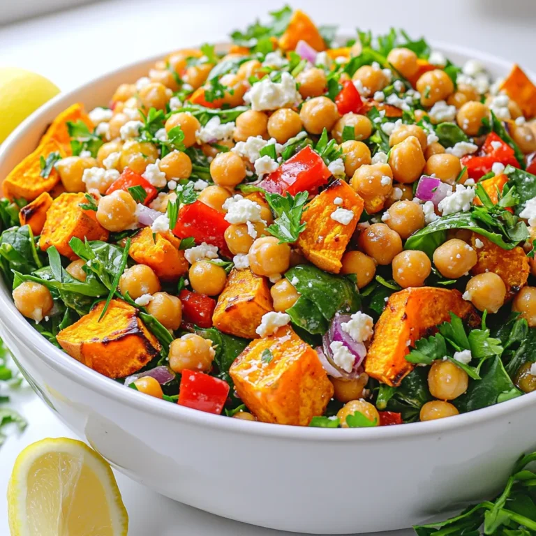 To make a delicious roasted sweet potato chickpea salad, gather these fresh ingredients: - 2 medium sweet potatoes, peeled and diced - 1 can (15 oz) chickpeas, drained and rinsed - 1 red bell pepper, chopped - 1/2 red onion, finely diced - 2 cups baby spinach or mixed greens - 3 tablespoons olive oil - 2 tablespoons maple syrup - 1 teaspoon smoked paprika - 1/2 teaspoon cumin - Salt and pepper to taste - Juice of 1 lemon - 1/4 cup feta cheese (optional) - Fresh parsley for garnish I love using sweet potatoes because they add a natural sweetness. Chickpeas provide a nice protein boost. The bell pepper and red onion add crunch and color. For the dressing, I mix olive oil, maple syrup, lemon juice, and spices. This adds a bright flavor. If you want to add a creamy touch, sprinkle some feta cheese on top. Garnish with parsley for a fresh look. Start by preheating your oven to 425°F (220°C). This hot oven helps our sweet potatoes become tender and crispy. While the oven heats, peel and dice two medium sweet potatoes. Next, open a can of chickpeas, drain them, and rinse them well. In a big bowl, toss the diced sweet potatoes and chickpeas with two tablespoons of olive oil, smoked paprika, cumin, salt, and pepper. Make sure everything is well coated with the oil and spices. Spread the mixture evenly on a large baking sheet, allowing space between pieces for even roasting. Roast the sweet potatoes and chickpeas in the preheated oven for 20-25 minutes. This time lets the sweet potatoes soften and crisp up. Stir the mixture halfway through to ensure even cooking. This step is key to getting that perfect texture. You want the sweet potatoes to be tender and slightly crispy. While the sweet potatoes and chickpeas roast, prepare the dressing. In a small bowl, whisk together the remaining olive oil, maple syrup, lemon juice, and a pinch of salt and pepper. Set this aside. Once the roasted mixture is done, take it out of the oven and let it cool slightly. In a large mixing bowl, combine the roasted sweet potatoes and chickpeas with chopped red bell pepper and finely diced red onion. Pour the dressing over the mixture and toss gently to combine. Finally, add in two cups of baby spinach or mixed greens and toss lightly to mix everything well. If you like, sprinkle crumbled feta cheese on top and garnish with fresh parsley for a beautiful finish. To get crispy sweet potatoes and chickpeas, start with the right heat. Preheat your oven to 425°F (220°C). This high temperature helps achieve that golden-brown finish. Toss the sweet potatoes and chickpeas well with olive oil and spices. Use enough oil to coat evenly. This step is key for crispiness. Make sure to stir them halfway through roasting. This ensures even cooking and helps avoid sogginess. If you want more flavor, adjust your seasonings. Try adding more smoked paprika for a smoky kick or a bit more salt to enhance the taste. For a beautiful presentation, serve your salad in a large bowl. The colors of the sweet potatoes, red bell pepper, and greens pop against each other. You can also add a lemon wedge on the side for a fresh touch. If you want to make it a full meal, pair this salad with grilled chicken or fish. You can also enjoy it with whole-grain bread for extra fiber. This salad is not just a side; it is a vibrant dish that can stand on its own! {{image_2}} You can change up the protein in this salad. If you want to skip chickpeas, try lentils or black beans. Both give a nice boost of protein and flavor. You might also use quinoa for a unique touch. For dressings, you can mix things up. A tahini dressing adds a creamy texture. A simple balsamic vinaigrette works well too. You can also add nuts or seeds for extra crunch. Using seasonal veggies can make this salad even better. In spring, add fresh peas or asparagus. In the fall, swap in roasted Brussels sprouts. These changes bring freshness and keep things interesting. For holidays or special events, you can adapt the recipe. Add cranberries for a festive feel or use festive spices like nutmeg. This way, your salad shines at any table. To keep leftovers fresh, store them in an airtight container. This prevents moisture loss and keeps flavors intact. I recommend using glass containers. They are sturdy and easy to clean. You can also use BPA-free plastic containers. Make sure to cool the salad completely before sealing. This step helps avoid condensation inside the container. You can enjoy the salad for up to three days in the fridge. You can freeze this salad, but some ingredients may change texture. I suggest freezing the roasted sweet potatoes and chickpeas separately. Place them in a freezer-safe bag or container. Make sure to label it with the date. They can last up to three months in the freezer. For reheating, let them thaw in the fridge overnight. To warm them, use a microwave or oven. Be careful not to overcook, as this can make them mushy. Enjoy your salad warm or cold, depending on your preference! Can this salad be made in advance? Yes, you can make this salad ahead of time. Keep the dressing separate. This keeps the greens fresh. Store the salad in the fridge for up to three days. What are the best toppings for this salad? You can add many tasty toppings. Some popular choices include: - Crumbled feta cheese - Chopped nuts like walnuts or almonds - Sliced avocado - Fresh herbs, such as cilantro or basil These toppings add extra flavor and texture. How can I make this salad vegan-friendly? To make it vegan, simply omit the feta cheese. You can also use a different dressing. Try a tahini or vinaigrette made with balsamic vinegar and olive oil. Both options taste great. What to serve with roasted sweet potato chickpea salad? This salad pairs well with a variety of dishes. Here are some ideas: - Grilled chicken or tofu for protein - Quinoa or brown rice for a hearty side - A warm soup for a comforting meal These options can create a balanced meal that satisfies. This blog covered a tasty roasted sweet potato chickpea salad. We looked at simple ingredients like sweet potatoes, chickpeas, and fresh veggies. You learned to prepare, roast, and dress the salad for great flavor. Tips on serving and variations helped you spice it up. Remember, store leftovers properly to keep them fresh. With these insights, you can make a delicious salad perfect for any meal. Enjoy creating and sharing this nutritious dish with friends and family!