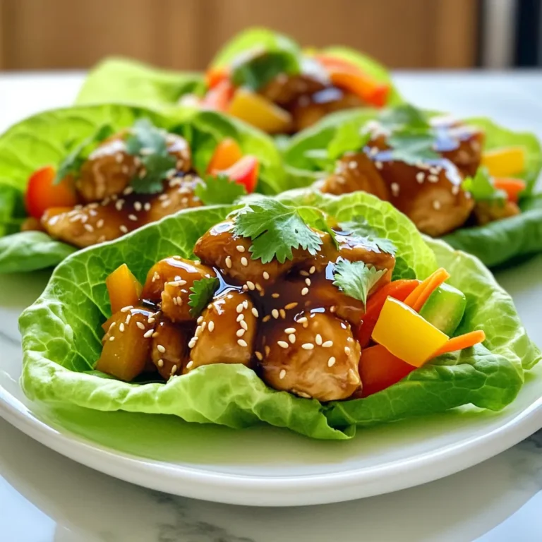 - 1 pound boneless, skinless chicken thighs, diced - 1/4 cup teriyaki sauce - 2 tablespoons sesame oil - 1 cup bell peppers, finely chopped (red, yellow, or orange) - 1/2 cup green onions, sliced - 1/2 cup shredded carrots - 1 head of romaine lettuce or butter lettuce (for wraps) - 1 tablespoon sesame seeds (for garnish) - Fresh cilantro leaves (for garnish) When I create Teriyaki Chicken Lettuce Wraps, I focus on fresh and vibrant ingredients. First, I use diced chicken thighs for their juicy flavor. The teriyaki sauce adds a sweet and savory kick. Sesame oil gives a rich, nutty taste that enhances the dish. Next, I add colorful veggies. Bell peppers bring sweetness and crunch. Green onions add a sharp bite, while shredded carrots provide extra texture. These vegetables not only taste great but also make the wraps visually appealing. For the wrap itself, I choose romaine or butter lettuce. These leaves form the perfect cups for the filling. They are sturdy but light, making them easy to hold. Finally, I sprinkle sesame seeds and fresh cilantro on top. These garnishes elevate the dish with added flavor and flair. Using these ingredients, you can whip up a meal that is quick, healthy, and fun to eat. To start, heat 2 tablespoons of sesame oil in a skillet over medium heat. This oil adds a rich flavor. Once hot, add 1 pound of diced chicken thighs. Cook for about 5 to 7 minutes. Make sure the chicken is fully cooked and lightly browned. This step is key for flavor and texture. Next, pour 1/4 cup of teriyaki sauce over the chicken. Stir well to coat the chicken evenly. Let it cook for an additional 2 to 3 minutes. This thickens the sauce and enhances the flavor. Then, add 1 cup of finely chopped bell peppers and 1/2 cup of shredded carrots. Stir until the veggies are just tender, about 2 to 3 minutes. This keeps them crisp and colorful. Now it’s time to assemble the wraps. Carefully separate the lettuce leaves from a head of romaine or butter lettuce. These leaves will serve as your cups. Spoon a generous amount of the teriyaki chicken mixture into each lettuce cup. This is where the fun begins! Finally, garnish with 1 tablespoon of sesame seeds and fresh cilantro leaves. This adds a nice touch of flavor and color. Enjoy your delicious bites! - Always make sure the chicken is fully cooked. Use a meat thermometer. It should reach 165°F. - For thicker chicken pieces, cook a bit longer. Adjust the time as needed for safety. - Present your wraps on a large platter. This makes them look appealing. - Serve with extra teriyaki sauce on the side. It adds flavor and fun! - You can swap chicken for beef, turkey, or tofu. This keeps it fresh and exciting. - Feel free to add more veggies. Try cucumbers, radishes, or snap peas for crunch! {{image_2}} You can switch up the chicken for beef, turkey, or tofu. Each choice brings its own taste. For beef, use ground beef or diced steak. For turkey, ground turkey works well. Tofu is great if you want a plant-based option. Just press the tofu to remove water before cooking. To boost the flavor, add spices or sauces. Try a pinch of ginger for warmth or chili flakes for heat. You can also use hoisin sauce for a sweet touch. Fresh herbs like basil or mint can brighten up your wraps. Mix and match until you find your perfect combo. Don't stop at bell peppers and carrots. You can also add cucumbers, radishes, or snap peas for extra crunch. If you want a vegan version, replace the chicken with a mix of these veggies. You could also use black beans or chickpeas for protein. It’s a fun way to make it your own! To keep your wraps fresh, place leftovers in an airtight container. This helps prevent moisture loss and keeps the chicken tasty. Store them in the fridge. Leftovers will last about 3 days. After that, the chicken may dry out and lose flavor. For the best taste, reheat the chicken mixture on the stove. Use low heat and stir often. This keeps the chicken juicy. Avoid microwaving it, as this can make the chicken tough. To keep the lettuce crisp, reheat the filling, but serve it in fresh lettuce cups. Yes, you can freeze the chicken mixture! To freeze, let it cool down. Then, place it in a freezer-safe bag. Remove as much air as possible before sealing. To thaw, place it in the fridge overnight. When ready to eat, reheat it on the stove and serve in fresh lettuce wraps. It takes just 15 minutes to make these wraps. You need 10 minutes for prep and 5 minutes for cooking. This quick time makes it perfect for busy days. Yes, you can prep the chicken and veggies ahead. Store the chicken mixture in the fridge for up to three days. Just keep the lettuce separate. This way, the wraps stay fresh and crisp. These wraps pair well with rice or a simple salad. For drinks, try iced tea or a light soda. You can also serve extra teriyaki sauce on the side for dipping. In this blog post, we explored making tasty Teriyaki Chicken Lettuce Wraps. We covered the key ingredients, cooking steps, and how to customize them. Whether you choose chicken, beef, or tofu, you can create a fun meal. Remember to store leftovers properly and enjoy them later. These wraps are not just easy to make; they’re also healthy and delicious. Try them out and share your favorite variations! Cooking should be fun, so let your creativity shine in the kitchen.