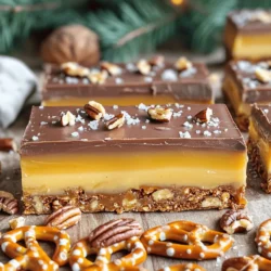 - 2 cups pretzel sticks - 1 cup unsalted butter, melted - 1 cup brown sugar, packed - 1 cup granulated sugar - 1 cup sweetened condensed milk - 1 teaspoon vanilla extract - 1/2 teaspoon sea salt (plus extra for topping) - 1 cup milk chocolate chips - 1/2 cup chopped pecans or walnuts (optional) For these No Bake Salted Caramel Pretzel Bars, we need some tasty ingredients. Pretzel sticks are the base. They give a nice crunch and salty flavor. Unsalted butter helps bind everything together. Next, we have brown sugar and granulated sugar, which create a sweet caramel. Sweetened condensed milk makes the filling creamy. Don’t forget vanilla extract for flavor! A little sea salt adds that perfect salty touch. Then, we use milk chocolate chips to top it all off. If you like, add chopped pecans or walnuts for some extra crunch. Gather these ingredients, and you’re ready to make a sweet treat that everyone will love! To start, grab a large bowl. Add 2 cups of pretzel sticks. Pour in 1 cup of melted unsalted butter. Mix it all up until the pretzels are coated well. This step is key for flavor. Once mixed, take a greased 9x9-inch baking pan. Press the pretzel mixture firmly into the bottom. Make sure it's even. This creates a strong base for your bars. Next, you will make the caramel filling. In a medium saucepan, combine 1 cup of brown sugar, 1 cup of granulated sugar, and 1 cup of sweetened condensed milk. Place the saucepan over medium heat. Stir this mixture continuously. When it starts to boil, let it bubble for 2-3 minutes. This thickens the caramel. Once thickened, remove it from the heat. Stir in 1 teaspoon of vanilla extract and 1/2 teaspoon of sea salt. Mix well for a smooth finish. Now, it's time to assemble your bars. Pour the caramel over the pretzel base. Spread it evenly with a spatula. If you want, sprinkle chopped pecans or walnuts on top. Gently press them into the caramel. Next, melt 1 cup of milk chocolate chips in a microwave-safe bowl. Do this in 30-second intervals, stirring until smooth. Drizzle the melted chocolate over the caramel layer. Use a spatula to spread it out evenly. Finally, refrigerate the bars for at least 2 hours. This helps everything set. Once firm, remove the bars from the pan. Cut them into squares and sprinkle a little extra sea salt on top. Enjoy your tasty treat! To get smooth caramel, stir often. This helps mix all the ingredients well. Use a sturdy spatula for better control. Always keep the heat at medium. If the heat is too high, the caramel may burn. Boil the mixture for just 2-3 minutes. This time is enough to thicken it without overcooking. When you press the pretzel base, use firm pressure. This makes a solid layer. If it's not pressed well, the bars may fall apart. After assembling, let the bars cool in the fridge. This helps them set properly. For cutting, use a sharp knife. A warm knife glides through the chocolate better. Add your favorite nuts for more crunch. Pecans or walnuts work great, but feel free to choose! You can also try different chocolates. Dark chocolate adds a rich taste, while white chocolate gives a sweet touch. Mix and match these options to make the bars your own! {{image_2}} You can use different types of chocolate in this recipe. Dark chocolate gives a rich, deep flavor. Milk chocolate adds sweetness and creaminess. If you want a lighter taste, try white chocolate. It melts well and looks pretty on top. Want to make it special? Add flavored extracts like almond or hazelnut. A few drops can change the whole taste. You can also mix in different nuts. Pecans or walnuts give crunch and flavor. Try adding peanuts for a fun twist! If you're looking for a lighter version, swap some ingredients. Use less butter or sugar. You can try coconut oil instead of butter too. For a vegan option, use plant-based butter and coconut milk. This way, you can enjoy the bars without worry! To keep your No Bake Salted Caramel Pretzel Bars fresh, store them in the fridge. Place the bars in an airtight container. This helps them stay moist and tasty. If you don't have a container, cover them tightly with foil. This option also works well. Make sure the bars cool completely before storing them. If you put warm bars in the fridge, they can get soggy. You can freeze these bars for long-term storage. Cut the bars into squares first. Then, wrap each square in plastic wrap. This step prevents freezer burn. Place the wrapped bars in an airtight container or freezer bag. To thaw, take the bars out and leave them in the fridge overnight. This method keeps the texture nice. You can also let them sit at room temperature for about an hour before serving. Enjoy your sweet treat any time! Yes, you can make these bars nut-free. Just skip the chopped nuts. The pretzels give a great crunch, so you will not miss the nuts. You can also use seeds, like pumpkin seeds, for added texture if you want. These bars last about one week in the fridge. Store them in an airtight container to keep them fresh. If you notice any changes in smell or texture, it’s best to throw them out. You can use coconut cream as a substitute for sweetened condensed milk. This makes the bars dairy-free and adds a slight coconut flavor. You can also mix milk with sugar and simmer it to create a homemade version. Absolutely! You can add sprinkles or even crushed candies on top. This makes the bars look fun and festive. Just make sure to add them right after you drizzle the chocolate so they stick well. Yes, you can make these bars without pretzels. Instead, use graham crackers or crushed cookies as the base. This will change the flavor a bit but will still taste great. You now have a clear path to making delicious pretzel caramel bars. We covered the essential ingredients, step-by-step instructions, tips for the perfect caramel, and various ways to customize your treat. Remember, experimenting with flavors can lead to new favorites. Store your bars properly to keep them fresh and tasty. Enjoy your sweet creations, and share them with friends and family for a delightful treat they’ll love!