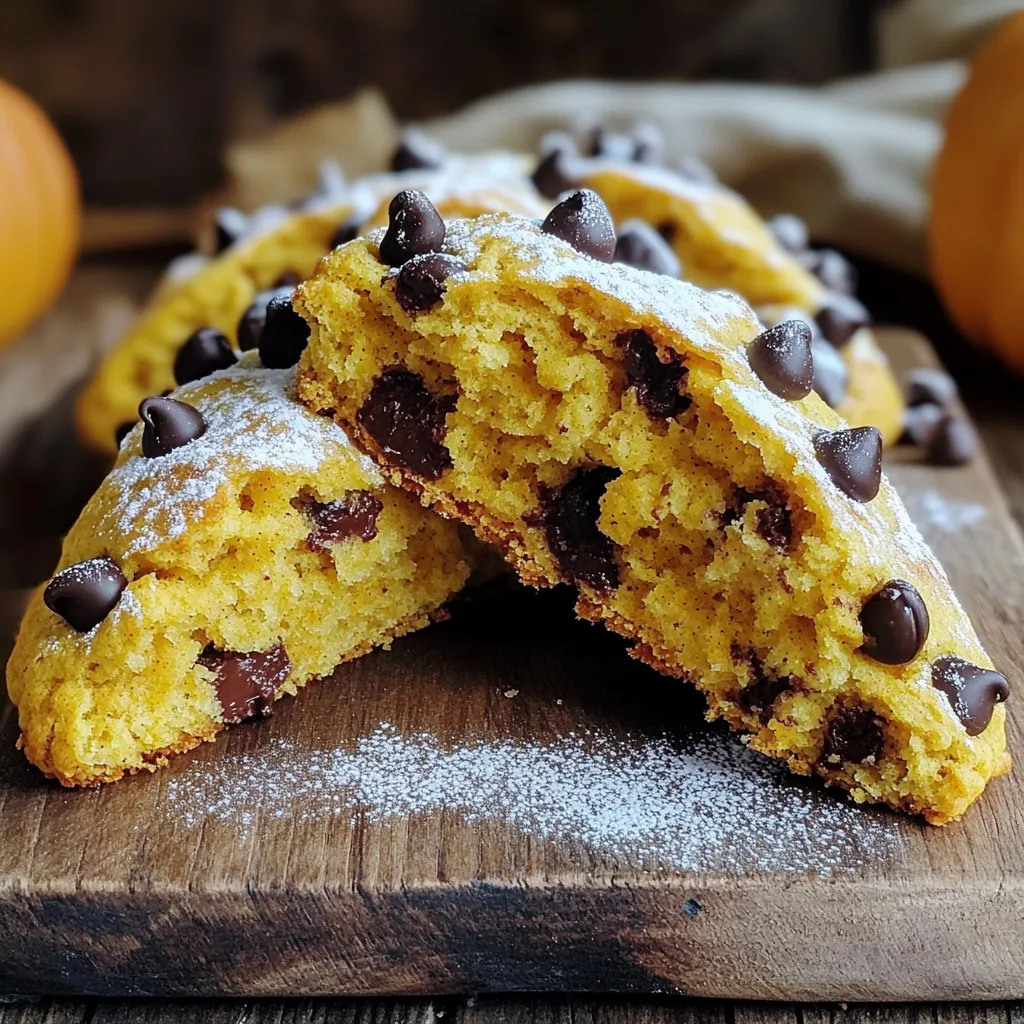 For my Bakery-Style Pumpkin Chocolate Chip Scones, gather these key items: - 2 cups all-purpose flour - 1/4 cup granulated sugar - 1 tablespoon baking powder - 1/2 teaspoon baking soda - 1/2 teaspoon salt - 1 tablespoon pumpkin spice - 1/2 cup cold unsalted butter, cubed - 3/4 cup canned pumpkin puree - 1/4 cup heavy cream - 1 large egg - 1 teaspoon vanilla extract - 3/4 cup semi-sweet chocolate chips - Extra sugar for sprinkling on top (optional) Using quality ingredients makes a big difference in your scones. Fresh, high-quality flour leads to a better texture. Choose a good brand of baking powder to ensure proper rising. For the butter, use unsalted to control the salt levels in your bake. Canned pumpkin puree should be pure and without additives. This gives your scones a rich, true pumpkin flavor. Finally, use semi-sweet chocolate chips for a perfect balance of sweetness. If you're missing an ingredient, don’t worry! You can try these alternatives: - Flour: Use whole wheat flour for a heartier scone. - Sugar: Brown sugar adds a deeper flavor. - Butter: Coconut oil can replace butter for a dairy-free option. - Pumpkin puree: You can use homemade puree if you have access to fresh pumpkin. - Cream: Milk or a non-dairy milk can work in place of heavy cream. - Chocolate chips: Swap for white chocolate chips or add nuts for a crunchy texture. These substitutions can help you adapt the recipe to your kitchen and taste preferences! First, set your oven to 400°F (200°C). This step is key for perfect scones. While the oven heats, line a baking sheet with parchment paper. This helps prevent sticking. In a large mixing bowl, combine the dry ingredients. You need 2 cups of all-purpose flour, 1/4 cup of granulated sugar, 1 tablespoon of baking powder, and 1/2 teaspoon each of baking soda and salt. Don’t forget 1 tablespoon of pumpkin spice. Whisk them together until they blend well. This mix gives your scones flavor and rise. Take 1/2 cup of cold, cubed unsalted butter. Add it to your dry mix. Use a pastry cutter or your fingers to work it in. You want the mix to look like coarse crumbs. This step makes your scones flaky and tender. In another bowl, mix the wet ingredients. You’ll need 3/4 cup of canned pumpkin puree, 1/4 cup of heavy cream, 1 large egg, and 1 teaspoon of vanilla extract. Whisk until smooth. Then, pour this mixture into your dry ingredients. Stir gently until just combined. Avoid over-mixing to keep your scones light. Turn the dough out onto a lightly floured surface. Pat it into a circle about 1 inch thick. You can cut it into 8 wedges or use a round cutter for individual scones. This step helps shape them for even baking. Transfer the shaped scones to the prepared baking sheet. Brush the tops with a bit of extra cream. If you want, sprinkle extra sugar on top for crunch. Bake for 15-18 minutes until golden brown and firm. After baking, let them cool on a wire rack for a few minutes. Enjoy them warm for the best taste! When making pumpkin chocolate chip scones, some mistakes can ruin your batch. First, avoid over-mixing the dough. This makes scones tough instead of light. Also, be sure to use cold butter. Warm butter will change the texture. Lastly, don’t skip the chilling step. Chilling helps the scones rise and stay flaky. To get the best texture, focus on how you mix. Start by cutting in the butter until it looks like crumbs. This creates pockets of air. When mixing wet and dry, stir just until you see no dry flour. This keeps the scones tender. After cutting the dough, handle it gently. Too much handling makes the scones dense. You can boost flavor by adding fun ingredients. Try mixing in chopped nuts or different types of chocolate. A dash of cinnamon or nutmeg adds a warm spice. You can also fold in dried fruit like cranberries for a tart kick. For a sweet touch, sprinkle a bit of brown sugar on top before baking. {{image_2}} You can switch up the flavors of your scones with different mix-ins. Try adding nuts like pecans or walnuts for crunch. Dried fruits, like cranberries or raisins, add a nice chew. You can even swap the chocolate chips for white chocolate or butterscotch chips. Each mix-in gives a new twist to the scone. Want to enjoy these scones without gluten? You can use a gluten-free flour blend. Make sure the blend has a good balance of starches and proteins. This will help the scones rise and hold their shape. You can also add a bit of xanthan gum, which helps bind the ingredients together. For a different flavor profile, consider adding maple syrup to the wet ingredients. This adds a sweet, earthy taste. You can also mix in extra spices like cinnamon or nutmeg for warmth. Try replacing some of the pumpkin puree with applesauce for a fruity twist. Each flavor change makes the scones unique and fun to explore. To store your leftover scones, place them in an airtight container. They stay fresh for about two days at room temperature. If you want to keep them longer, consider refrigerating them. Just be sure to wrap them tightly in plastic wrap before placing them in the fridge. This helps prevent them from drying out. When you're ready to enjoy a scone again, reheating is simple. Preheat your oven to 350°F (175°C). Place the scones on a baking sheet and warm them for about 5 to 10 minutes. This keeps them soft and brings back their fresh-baked taste. If you’re in a hurry, you can also microwave a scone for about 15 to 20 seconds. Just be careful not to overheat it, or it may become tough. If you want to save scones for later, freezing works well. First, let them cool completely. Then, wrap each scone tightly in plastic wrap. Place the wrapped scones in a freezer-safe bag or container. They can last up to three months in the freezer. When you’re ready to eat them, thaw overnight in the fridge. You can reheat them as mentioned earlier for a warm treat. Yes, you can use fresh pumpkin! Start by roasting the pumpkin until soft. Once it cools, scoop out the flesh and mash it. Make sure to drain any excess water. This way, you get the same rich pumpkin flavor. Fresh pumpkin gives a lovely, vibrant taste. Your scones are done when they turn golden brown. Gently press the top of a scone. It should feel firm and spring back. You can also use a toothpick. Insert it into the center; it should come out clean. This means they are baked perfectly. Yes, you can make the dough ahead of time. After mixing, wrap the dough tightly in plastic wrap. Store it in the fridge for up to 24 hours. When you're ready to bake, just shape and cut the scones as normal. This saves time and keeps the scones fresh. This blog post covers how to make tasty scones. We looked at the best ingredients and why quality matters. I shared tips to avoid common mistakes and ways to enhance flavor. You learned variations for different tastes and how to store leftover scones. Remember, practice makes perfect. Try these steps and tips to bake delicious scones. Enjoy the process and share them with your friends!