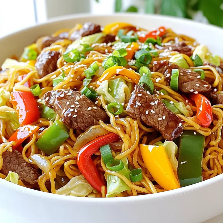 - 8 oz chow mein noodles - 1 lb beef sirloin, thinly sliced - 2 tablespoons soy sauce - 2 tablespoons oyster sauce - 1 tablespoon hoisin sauce Chow mein noodles are key for this dish. They provide that perfect chewy texture. You can find them in most grocery stores. Next, beef sirloin adds great flavor. Slice it thin for quick cooking. The sauces — soy, oyster, and hoisin — give depth. Each sauce brings a unique taste that makes this dish shine. - 1 cup bean sprouts - 1 cup mixed bell peppers, sliced (red, yellow, green) - 1 cup napa cabbage, shredded Bean sprouts add crunch. They cook fast and keep a nice bite. Mixed bell peppers add color and sweetness. You can use red, yellow, or green ones. Napa cabbage is tender and delicious. It wilts down nicely but stays crisp. - 1 teaspoon sesame oil - 2 cloves garlic, minced - 1 tablespoon ginger, minced - Salt and pepper to taste Sesame oil gives a nutty flavor. Use it sparingly; it's strong. Minced garlic and ginger add warmth and zest. These aromatics are the heart of many Asian dishes. Finally, season with salt and pepper. This simple step lifts the overall taste. To start, bring a large pot of water to a boil. Make sure the water is bubbling well. Next, add your chow mein noodles. Cook them according to the package instructions. This usually takes about 3 to 5 minutes. When they are just tender, drain them. Rinse with cold water to stop the cooking. Set the noodles aside for later. While the noodles cook, let’s marinate the beef. In a bowl, combine the sliced beef with soy sauce, sesame oil, and a pinch of salt and pepper. Mix well to coat the beef evenly. Allow it to marinate for about 15 minutes. This will help the beef absorb all the great flavors. Now, let’s prepare the sauce. In a small bowl, whisk together the oyster sauce and hoisin sauce. Make sure they blend well. Set this mixture aside; it will add a delicious depth of flavor to your dish. In a large skillet or wok, heat 1 tablespoon of vegetable oil over medium-high heat. Once it’s hot, add the minced garlic and ginger. Cook them for about 30 seconds. Stir quickly to avoid burning. You want to release their fragrant aroma. Next, raise the heat to high. Add the marinated beef to the skillet. Cook for about 3 to 4 minutes, stirring occasionally. You want the beef to brown and be cooked through. Once done, remove the beef and set it aside. In the same skillet, add the remaining tablespoon of vegetable oil. Toss in the mixed bell peppers and napa cabbage. Stir-fry for 2 to 3 minutes. The veggies should be crisp-tender, adding great texture to the dish. Now, return the cooked beef to the pan. Add the cooked chow mein noodles and bean sprouts. Pour in the sauce mixture. Toss everything together for about 2 to 3 minutes. Make sure everything is heated through and well mixed. Finally, add the chopped green onions. Toss gently to combine. Taste and adjust the seasoning with salt and pepper if needed. This dish is now ready to serve! - Using High-Quality Soy Sauce High-quality soy sauce adds rich flavor. Look for a dark variety for deeper taste. It enhances the umami notes in your dish. - Importance of Marination Marinating the beef is key. Let it sit for at least 15 minutes. This adds layers of flavor and makes the meat tender. - Using a Wok vs. Skillet A wok is best for stir-frying. It heats quickly and cooks evenly. If you use a skillet, keep the heat high for good results. - Maintaining Crispness in Vegetables Cook vegetables quickly over high heat. Stir-fry for just 2-3 minutes. This keeps them crisp and colorful, adding great texture. - Serving in Bowls Serve the chow mein in large bowls. This makes it easy to enjoy and looks inviting. - Garnishing with Green Onions and Sesame Seeds Top with chopped green onions and sesame seeds. This adds a fresh look and extra crunch. It makes your dish pop visually and tastefully. {{image_2}} You can swap beef with chicken for a lighter dish. Chicken chow mein is a great choice. Use thin slices of chicken breast, marinate them the same way, and follow the same steps. For a vegetarian option, replace the beef with tofu. Firm tofu works best. Press it to remove water, then cut it into cubes. Marinate like you would the beef. Sauté it until golden before adding to the noodles. This adds a nice texture and flavor. Adding broccoli or snow peas can boost nutrition and flavor. Broccoli adds crunch and color. Snow peas bring a sweet taste. Stir-fry these veggies for a few minutes until bright and tender. You can also use seasonal vegetables like zucchini or carrots. They add variety and freshness to your chow mein. Just slice them thinly and cook them quickly with the other veggies. You can customize the sauce to fit your taste. If you want a sweeter dish, add more hoisin sauce. For a tangy twist, include a splash of rice vinegar. If you like heat, sprinkle in some red pepper flakes or Sriracha. Start with a little, then taste and adjust. These tweaks make your chow mein truly your own. - Recommended Containers: Use airtight containers to store your beef chow mein. Glass or plastic containers work well. Make sure they seal tightly to keep the flavors fresh. - Cooling and Refrigerating: Allow the dish to cool at room temperature before storing. Once cool, place the containers in the fridge. Enjoy your leftovers within three days for the best taste. - Best Methods (Microwave vs. Stovetop): You can reheat beef chow mein in the microwave or on the stovetop. For the microwave, use a microwave-safe dish. Heat in 1-minute intervals, stirring in between. For stovetop, warm in a skillet over medium heat, adding a splash of water to keep it moist. - Tips to Maintain Texture: To keep the noodles from getting mushy, avoid overheating. Stir gently while reheating. This helps the flavors blend without losing that perfect texture. - Suitable for Freezing?: Yes, beef chow mein can be frozen. It holds its flavor and texture well. Just make sure to use freezer-safe containers. - Thawing Process for Reheat: When you're ready to eat, thaw your chow mein in the fridge overnight. For a quicker method, you can use the microwave's defrost setting. After thawing, reheat it as mentioned above. Yes, you can make this dish gluten-free. Use gluten-free soy sauce or tamari instead of regular soy sauce. For the noodles, look for gluten-free chow mein noodles or rice noodles. These swaps will keep the flavor while making the dish safe for gluten-free diets. To keep your noodles from sticking, follow these tips: - Cook noodles just until tender, not overcooked. - Rinse cooked noodles with cold water immediately after draining. This stops the cooking and removes excess starch. - Toss the noodles with a little oil to help keep them separate. Absolutely! You can use chicken, pork, or even shrimp. Adjust cooking times based on the meat you use: - Chicken: Cook for 4-5 minutes until no longer pink. - Pork: Cook for about 3-4 minutes until cooked through. - Shrimp: Cook for just 2-3 minutes until they turn pink. To boost flavor, consider adding: - A splash of rice vinegar for tang. - Chili paste for heat. - Fresh herbs like cilantro or basil for freshness. Experiment with these to find your favorite taste. Prepared chow mein lasts about 3-4 days in the fridge. Store it in an airtight container to keep it fresh. When ready to eat, just reheat it on the stovetop or in the microwave until hot. This recipe guide for delicious beef chow mein covers all you need. We explored the key ingredients, from chow mein noodles to sauces. I shared step-by-step instructions to ensure you cook like a pro. Tips for achieving authentic flavors and variations let you customize it to your taste. Finally, I provided storage and reheating advice to keep leftovers fresh. With these insights, you can enjoy a tasty meal any day! Dive in, have fun, and savor every bite of your homemade chow mein!