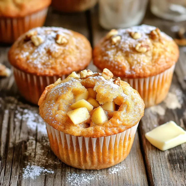Here’s what you need to make bakery-style apple cinnamon muffins. Each ingredient plays a big part in flavor and texture. - Dry ingredients: - 2 cups all-purpose flour - 1 cup granulated sugar - 2 teaspoons baking powder - 1 teaspoon baking soda - 1 teaspoon ground cinnamon - ½ teaspoon salt - Wet ingredients: - 1 large egg - 1 cup unsweetened applesauce - ½ cup vegetable oil - ½ cup milk - 1 teaspoon vanilla extract - Additional ingredients: - 2 medium apples, peeled, cored, and diced (I prefer Granny Smith) - ½ cup chopped walnuts (optional) - 1 tablespoon brown sugar (for topping) Each of these ingredients brings a unique taste. The apples add sweetness and moisture. The walnuts add crunch if you choose to use them. The brown sugar topping gives a nice caramelized finish. When you gather these items, you set the stage for a delicious baking experience. Enjoy the process! - Preheat the oven and prepare muffin tin: Start by setting your oven to 375°F (190°C). This step is key for even baking. Line a 12-cup muffin tin with paper liners or grease it well. This will help prevent sticking. - Combine and mix dry ingredients: In a large bowl, mix 2 cups of all-purpose flour, 1 cup of sugar, 2 teaspoons of baking powder, 1 teaspoon of baking soda, 1 teaspoon of ground cinnamon, and ½ teaspoon of salt. Whisk these dry ingredients well to ensure they blend perfectly. - Whisk together wet ingredients: In another bowl, crack 1 large egg. Then, add 1 cup of unsweetened applesauce, ½ cup of vegetable oil, ½ cup of milk, and 1 teaspoon of vanilla extract. Whisk until the mixture is smooth and well combined. - Combine wet and dry mixtures: Pour the wet mixture into the dry ingredients. Stir gently until just combined. It’s okay if the batter has a few lumps; avoid overmixing to keep the muffins light. - Incorporate apples and walnuts into the batter: Fold in 2 medium apples, peeled, cored, and diced. If you like, add ½ cup of chopped walnuts too. This adds texture and flavor throughout the muffins. - Fill muffin cups and prepare topping: Spoon the batter into the muffin cups, filling each about ¾ full. Then, mix 1 tablespoon of brown sugar with a pinch of cinnamon. Sprinkle this mixture on top of the muffins for a sweet crust. - Bake muffins and check for doneness: Place the muffin tin in the oven and bake for 18-20 minutes. To check for doneness, insert a toothpick into the center of a muffin. If it comes out clean, they are ready! - Cooling and serving suggestions: Let the muffins cool in the tin for about 5 minutes. Then, transfer them to a wire rack to cool completely. Serve warm, and if you want, add a dusting of powdered sugar or a pat of butter for extra flavor. Avoiding overmixing the batter Mix the wet and dry ingredients gently. Overmixing can lead to tough muffins. You want to stir until just combined. Lumps are okay! They help keep your muffins light and fluffy. Substitutions for ingredients If you lack applesauce, use mashed bananas or yogurt. Both give moisture and flavor. Need a nut-free version? Skip the walnuts or swap them for seeds. You can use almond milk instead of regular milk for a dairy-free option. Achieving the perfect rise Use fresh baking powder and baking soda. This makes your muffins rise high and fluffy. Fill your muffin cups about ¾ full. This allows room for growth without spilling over. How to create a crispy muffin top Sprinkle a mix of brown sugar and cinnamon on top before baking. This adds a sweet crunch and a beautiful finish. Bake at the right temperature for the right time. Keep an eye on them during the last few minutes to avoid burning. {{image_2}} You can change the fruit in these muffins. Instead of apples, try pears or berries. They bring different flavors and textures. For a fun twist, use seasonal fruits. In fall, add pumpkin for a cozy taste. In winter, cranberries give a tart kick. Each fruit adds a unique spin to your muffins. If you need gluten-free muffins, swap the all-purpose flour. Use a gluten-free blend instead. It works well and keeps the muffins tasty. For vegan options, replace the egg with a flax egg. Mix one tablespoon of flaxseed meal with three tablespoons of water and let it sit. You can use almond milk instead of regular milk. These swaps keep the muffins fluffy and delicious. To keep your bakery-style apple cinnamon muffins fresh, follow these tips: - Room Temperature Storage: Store the muffins in an airtight container. This keeps them soft and moist. Place them at room temperature for up to three days. If you add a paper towel inside, it helps soak up extra moisture. This prevents sogginess. - Freezing Muffins for Longer Shelf Life: For longer storage, freeze the muffins. Wrap each muffin in plastic wrap. Then, place them in a freezer bag. This way, they stay fresh for up to three months. When you're ready to eat one, just take it out and let it thaw at room temperature. To enjoy your muffins warm and fresh, here’s how to reheat them: - How to Reheat for Optimal Freshness: If you want to reheat, use the oven for best results. Preheat the oven to 350°F (175°C). Place the muffins on a baking sheet and heat for about 5-10 minutes. This keeps the outside crispy and the inside soft. - Using the Microwave vs. Oven: You can also use the microwave. Heat the muffins for about 15-20 seconds. This method is quick, but it might make them a bit soft. If you prefer a crispier muffin, the oven is your best bet. Can I make these muffins ahead of time? Yes, you can make these muffins ahead of time. Bake them and let them cool completely. Store them in an airtight container. They will stay fresh for about three days at room temperature. You can also freeze them for up to three months. Just thaw at room temperature when you're ready to enjoy. How long do baked muffins last? Baked muffins last about three days at room temperature. To keep them fresh, store them in a sealed container. If you want them to last longer, freezing is a great option. Just wrap each muffin in plastic wrap and place them in a freezer bag. Why are my muffins too dense? Dense muffins can happen if you overmix the batter. When mixing, do it gently. Also, using too much flour can make them heavy. To avoid this, spoon flour into the measuring cup and level it off with a knife. What can I do if my muffins are too dry? If your muffins turn out dry, you might have baked them too long. Always check them a couple of minutes early. Adding more applesauce or using oil instead of butter can also help add moisture. Next time, try to mix the wet and dry ingredients just until combined. You learned how to make delicious muffins with simple ingredients. We went through each step, from mixing to baking, ensuring your muffins rise perfectly. I shared tips to avoid common mistakes and even offered tasty variations. Remember, you can try different fruits, use gluten-free options, or store muffins for later enjoyment. Baking is fun and rewarding. Keep experimenting to find your perfect muffin recipe. Enjoy the process and share your tasty treats with friends and family. Happy baking!