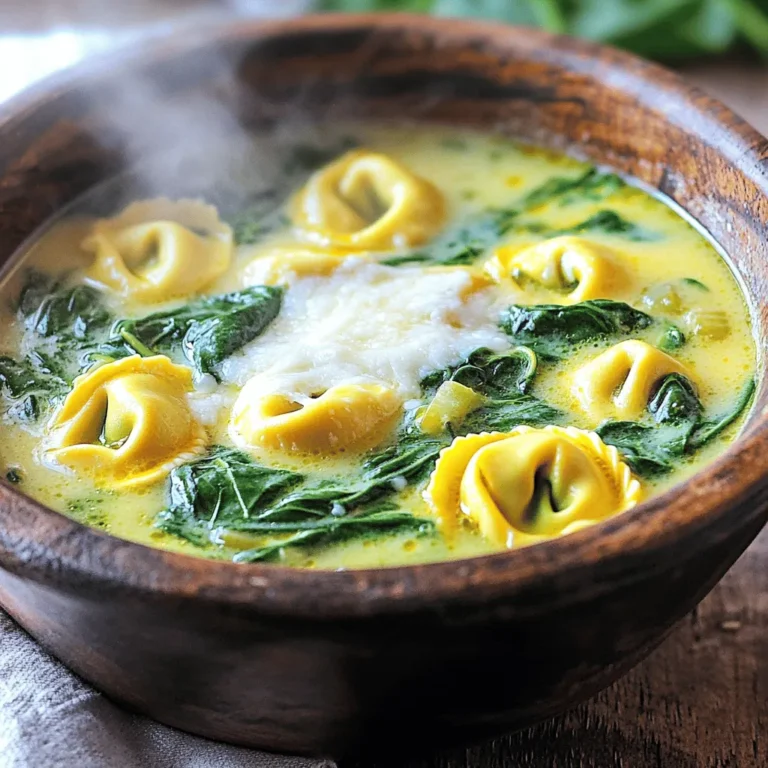 Here’s what you will need to make creamy spinach tortellini soup. Each ingredient brings great taste and texture. - 2 cups cheese tortellini (fresh or frozen) - 4 cups vegetable broth - 2 cups fresh spinach, roughly chopped - 1 cup heavy cream or coconut cream - 1 medium onion, diced - 3 cloves garlic, minced - 1 teaspoon dried oregano - 1 teaspoon dried basil - 1/2 teaspoon red pepper flakes (optional) - Salt and pepper to taste - 2 tablespoons olive oil - Freshly grated Parmesan cheese (for serving) This soup shines with the rich flavor of cheese tortellini and the freshness of spinach. The creamy base makes it comforting and delicious. Don't forget the Parmesan cheese! It adds a nice touch at the end. If you want a kick, toss in the red pepper flakes. You can also mix and match with different tortellini or creams. Gather these ingredients, and you are ready to cook! 1. Sautéing the onion and garlic Start by heating 2 tablespoons of olive oil in a large pot over medium heat. Once hot, add 1 medium diced onion. Sauté for about 5 minutes, until the onion is soft and translucent. Then, add 3 minced garlic cloves. Cook for 1 more minute, stirring often to avoid burning. 2. Adding broth and tortellini Next, pour in 4 cups of vegetable broth. Bring this mix to a gentle simmer. Once it simmers, stir in 2 cups of cheese tortellini. You can use fresh or frozen tortellini. Add 1 teaspoon of dried oregano and 1 teaspoon of dried basil. If you like a kick, add 1/2 teaspoon of red pepper flakes. Cook for 5 to 7 minutes, until the tortellini is tender. 3. Incorporating cream and spinach Reduce the heat to low. Next, pour in 1 cup of heavy cream or coconut cream. Stir well to combine it with the soup. Heat it gently, but don’t let it boil. Now, add 2 cups of roughly chopped fresh spinach. Cook for another 2-3 minutes until the spinach wilts. 4. Final seasoning and serving tips Taste your soup and add salt and pepper as needed. Once everything is mixed and warmed through, it’s time to serve. Ladle the soup into bowls and sprinkle freshly grated Parmesan cheese on top for extra flavor. Enjoy your creamy spinach tortellini soup hot! - Ensuring the tortellini is cooked properly To cook tortellini just right, follow the package instructions. Fresh tortellini cooks fast, usually in about 5 minutes. For frozen, give it a few extra minutes. Check for a tender bite before you add the cream. Overcooking can make it mushy. - How to balance flavors with seasonings Flavor is key in this soup. Use fresh garlic and onion for a strong base. Dried herbs like oregano and basil add depth. If you like some heat, add red pepper flakes. Always taste as you go. Adjust salt and pepper to suit your liking. - Cream alternatives for dietary preferences If you want a lighter option, use coconut cream instead of heavy cream. It gives a nice richness and a hint of sweetness. For a dairy-free choice, try almond milk or oat milk. Just know these may alter the soup's final taste. {{image_2}} You can change this soup in many fun ways. First, if you want a vegetarian twist, try adding different vegetables. Carrots, bell peppers, or zucchini work great. Just chop them up and toss them in when you sauté the onion. This adds color and extra nutrients. Next, if tortellini is not your favorite, swap it out for other pasta. You can use shells, penne, or even orzo. Just make sure to adjust the cooking time based on the pasta type you choose. Lastly, you can play with the spice level. If you like heat, add more red pepper flakes. For a milder soup, skip them altogether. You can also try adding a pinch of smoked paprika for a unique flavor. These simple changes keep the soup fresh and exciting every time you make it! To keep your creamy spinach tortellini soup fresh, store it in the fridge. Use an airtight container. This helps keep out air and moisture. Your soup will stay good for about three days. If you want to save it longer, freezing is a great option. Let the soup cool completely before you freeze it. Then, pour it into freezer-safe bags or containers. Make sure to leave some space for the soup to expand while it freezes. You can keep it in the freezer for up to three months. When you're ready to eat your frozen soup, thaw it in the fridge overnight. Reheat it gently on the stove over low heat. Stir it often to ensure even warming. If the soup is too thick, add a little water or broth. Always check your soup before eating. If it has an off smell or strange color, it's best to throw it away. Trust your senses; they are your best guide. Following these tips will help you enjoy your creamy spinach tortellini soup even after the first serving! Can I use frozen spinach instead of fresh? Yes, you can use frozen spinach. Just thaw it and drain excess water. This saves time and still gives you great flavor. What can I substitute for heavy cream? You can use coconut cream or a plant-based milk. Both options keep the soup rich and creamy while being lighter. How do I add protein to the soup? You can add cooked chicken, sausage, or beans. This boosts the protein and makes the soup more filling and hearty. Is this soup suitable for meal prep? Absolutely! This soup stores well in the fridge for up to three days. You can also freeze it for later. Just reheat before serving for a warm meal. This blog post covered how to make Creamy Spinach Tortellini Soup. We discussed key ingredients, cooking steps, and helpful tips. You learned how to adjust flavors and substitute items. This soup is easy to prepare and offers room for creativity. You can explore different vegetables or pasta types. Also, storing leftovers is simple with the right methods. Enjoy this dish with family or friends. Give it a try, and you won't be disappointed!