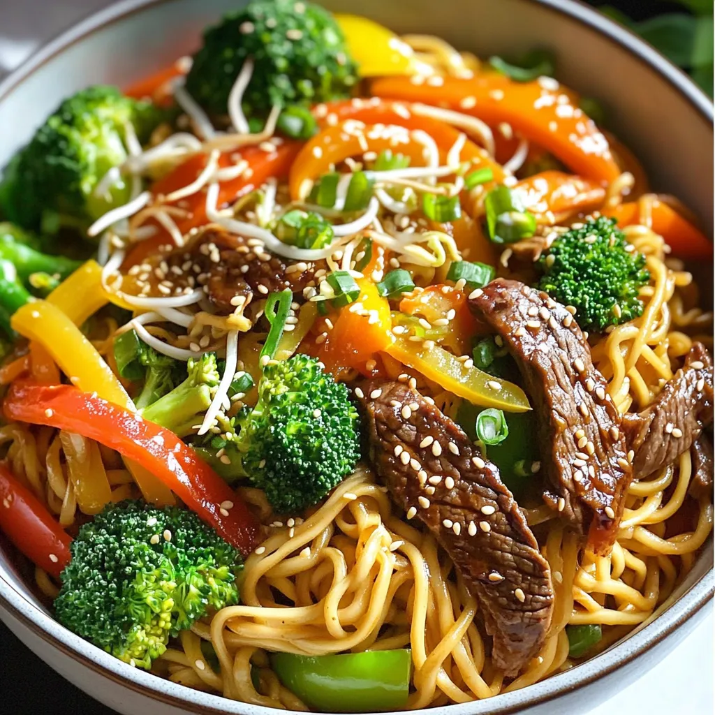 - 8 oz egg noodles - 1 lb beef sirloin, thinly sliced - 1 cup bell peppers, julienned (red and green) - 1 cup broccoli florets - 1 cup carrots, julienned - 1 cup bean sprouts - 3 green onions, chopped - 2 cloves garlic, minced - 1 tablespoon ginger, minced You start with egg noodles. They hold sauce well and add a delightful chew. Then, choose beef sirloin for its tender texture. Slice it thin for quick cooking. Next, add fresh veggies like bell peppers, broccoli, and carrots. They bring color and crunch. Finally, bean sprouts add a nice bite. Green onions give a fresh flavor. - 2 tablespoons soy sauce - 1 tablespoon oyster sauce - 1 tablespoon sesame oil - Salt and pepper to taste - 2 tablespoons vegetable oil for stir-frying For sauces, use soy sauce for saltiness. Oyster sauce adds a deep umami flavor. Sesame oil gives a warm, nutty note. Don’t forget salt and pepper for taste. Vegetable oil is best for stir-frying. It can handle high heat without smoking. - Green onions - Sesame seeds Garnishes can elevate your dish. Chopped green onions add freshness. A sprinkle of sesame seeds gives a nice crunch. These small touches make your Beef Chow Mein look and taste great. How to Cook Egg Noodles To cook the egg noodles, bring a pot of water to a boil. Add the noodles and cook them until they are al dente, about 4-5 minutes. Stir occasionally to prevent sticking. Draining and Setting Aside Once cooked, drain the noodles in a colander. Rinse them under cold water to stop the cooking. Set the noodles aside for later. Ingredients for Marinade For the marinade, you need: - 1 lb beef sirloin, thinly sliced - 1 tablespoon soy sauce - 1 tablespoon oyster sauce - Salt and pepper Marination Time and Tips Combine the beef with the marinade ingredients in a bowl. Mix well and let it marinate for 15 minutes. This step makes the beef tasty and tender. Heating the Oil In a large skillet or wok, heat 1 tablespoon of vegetable oil over medium-high heat. Cooking Time for Vegetables Add 2 cloves of minced garlic and 1 tablespoon of minced ginger. Sauté for about 30 seconds until fragrant. Then, add 1 cup each of bell peppers, broccoli, and carrots. Stir-fry for 3-4 minutes. The veggies should be crisp but tender. Remove them from the skillet and set them aside. Searing Techniques In the same skillet, add 1 tablespoon of vegetable oil. Place the marinated beef in a single layer. Checking for Doneness Sear the beef for about 2-3 minutes on each side. The beef should be browned and cooked through. Tossing Noodles, Beef, and Vegetables Return the cooked vegetables to the skillet with the beef. Add the drained egg noodles next. Integrating Sauces Pour in the remaining tablespoon of soy sauce and 1 tablespoon of sesame oil. Toss everything together gently. Heat for about 2-3 minutes to blend the flavors. Adding Bean Sprouts and Green Onions Before serving, fold in 1 cup of bean sprouts and 3 chopped green onions. Presentation Tips Serve the Beef Chow Mein in bowls. Garnish with extra green onions and a sprinkle of sesame seeds for a lovely look. Choosing the Right Cuts of Beef I recommend using beef sirloin. It is tender and has great flavor. Slice it thinly for quick cooking. This will help it stay juicy and not tough. Importance of Fresh Ingredients Fresh ingredients really make a difference. Use crisp bell peppers, bright broccoli, and vibrant carrots. They add color and crunch. Fresh vegetables also boost the dish's taste. Overcooking Vegetables Avoid cooking vegetables too long. They should be tender but still crisp. This takes only a few minutes. Overcooked veggies can turn mushy and lose flavor. Incorrect Seasoning Don’t skip the seasoning. Taste as you go! Add salt and pepper to enhance the flavors. A little soy sauce goes a long way. Adjust to suit your taste. Best Skillet or Wok to Use A large non-stick skillet or a wok works best. A wok heats up quickly and cooks food evenly. It makes stir-frying easy and fun. Tools for Perfect Stir-Frying Use a spatula for stirring and tossing. Tongs are great for handling the beef. A lid can help steam vegetables if needed. Keep your tools handy for a smooth cooking process. {{image_2}} You can change up your Beef Chow Mein by using different proteins. Chicken works well and cooks quickly. If you want a vegetarian dish, try tofu. Tofu absorbs flavors well and adds a nice texture. Adding more veggies can also make your dish special. Snap peas give a nice crunch, while mushrooms add a rich taste. You can mix and match to find your favorite combo. To boost flavor, try adding spices. Five-spice powder brings warmth and depth. If you like heat, chili paste can spice things up. Just a little goes a long way! You can also swap out sauces for new tastes. Teriyaki sauce adds sweetness, and hoisin sauce gives a savory kick. Experiment and see what you love best! For gluten-free options, use rice noodles instead of egg noodles. Make sure to check labels for sauces, as some contain gluten. If you're looking to cut carbs, you can use zucchini noodles. They are light and absorb sauces well. This way, you enjoy the flavors without the extra carbs. To store your Beef Chow Mein leftovers, place them in an airtight container. Make sure to cool the dish down to room temperature before sealing. This helps prevent moisture buildup, which can make your noodles soggy. The shelf life of Beef Chow Mein in the fridge is about 3 to 4 days. Be sure to check for any off smells or changes in texture before eating. If it looks or smells strange, it's best to toss it. You can freeze Beef Chow Mein for later use. First, let it cool completely. Then, divide it into portions and place each in a freezer-safe bag or container. Squeeze out as much air as possible before sealing. This helps keep the flavors fresh. When you’re ready to eat, thaw the chow mein in the fridge overnight. For quick thawing, you can use the microwave on a low setting. After thawing, reheat in a skillet for the best texture. To avoid a soggy dish when reheating, add a splash of water or broth. This helps steam the noodles without making them mushy. Keep the heat low and stir often. To restore flavor, consider adding a little more soy sauce or sesame oil. This can brighten up the dish and make it taste fresh again. Garnish with chopped green onions before serving for an extra pop of flavor. Yes, you can make Beef Chow Mein ahead of time. To meal prep, cook the noodles and beef separately. Store them in airtight containers in the fridge. Combine them with the veggies and sauce when ready to eat. This keeps everything fresh and tasty. If you don’t have egg noodles, you can use other options. Try rice noodles or whole wheat noodles for a healthy choice. Even spaghetti works in a pinch. Just cook them according to the package instructions before adding them to your dish. Yes, you can use frozen vegetables in this recipe. They save time and are often just as healthy. When using frozen veggies, add them straight to the pan without thawing. Cook them for a bit longer until they are tender but not mushy. To make Beef Chow Mein vegetarian, swap the beef for tofu or tempeh. Use soy sauce and oyster sauce alternatives made from mushrooms for flavor. Add more veggies like bell peppers, carrots, and broccoli to make it hearty and filling. For stir-frying, vegetable oil is great. It has a high smoke point, making it perfect for quick cooking. You can also use canola oil or peanut oil. These oils help your food cook evenly and add a nice flavor. Beef Chow Mein blends tasty ingredients and easy steps for a quick meal. We explored the key ingredients, sauces, and ways to customize this dish. You now have tips to avoid mistakes and enhance flavors. With the right skills, you can make this at home. Remember, fresh ingredients bring the best taste. Try your own twists for a unique dish. Enjoy the cooking process, and savor every bite of your Beef Chow Mein!