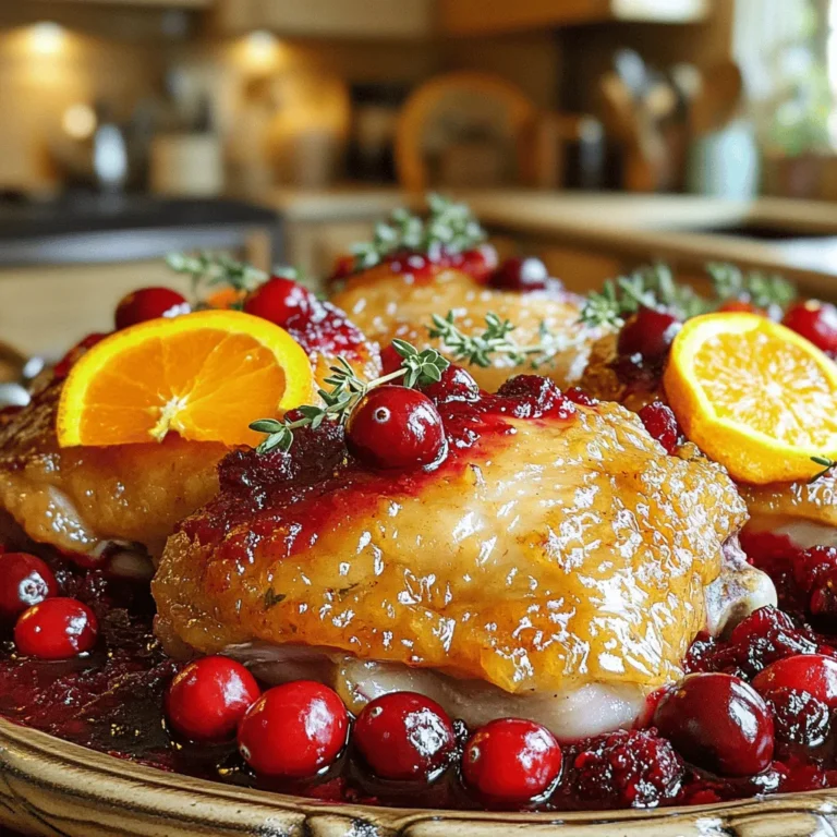 - 4 bone-in, skin-on chicken thighs - 1 cup fresh cranberries - 1 medium orange, zested and juiced - 1/2 cup low-sodium chicken broth - 1/4 cup honey - 2 tablespoons soy sauce - 2 cloves garlic, minced - 1 teaspoon fresh ginger, grated - 1/2 teaspoon black pepper - 1 teaspoon salt - 1 tablespoon olive oil - Fresh thyme or parsley for garnish To make the Slow Cooker Cranberry Orange Chicken Roast, you need fresh and vibrant ingredients. The chicken thighs bring rich flavors and a juicy texture. Fresh cranberries add tartness, while the orange zest and juice provide brightness and sweetness. For the sauce, honey works as a natural sweetener. Soy sauce adds depth, and minced garlic gives a savory note. Fresh ginger brings warmth to the mix. Don’t forget seasoning! Salt and black pepper enhance the dish, while olive oil helps with cooking. Finally, fresh herbs like thyme or parsley make a lovely garnish. These ingredients combine to create a delicious and comforting meal, perfect for any occasion. First, pat the chicken thighs dry with paper towels. This step helps the skin crisp up later. Next, season both sides of the chicken with salt and black pepper. This simple seasoning boosts the chicken's flavor. Heat one tablespoon of olive oil in a skillet over medium-high heat. Once the oil is hot, place the chicken thighs skin-side down in the pan. Sear them for about 5-7 minutes until they turn golden brown. Flip the chicken and cook for another 3-5 minutes. Remove them from heat once done. This step locks in the juices and adds flavor. In a medium bowl, whisk together the orange juice, orange zest, honey, soy sauce, minced garlic, grated ginger, and chicken broth. Mix these ingredients well until everything is combined. This sauce will give the dish its sweet and tangy flavor. Place the seared chicken thighs in the slow cooker. Pour the cranberry-orange sauce over the chicken, making sure the cranberries are spread evenly around the thighs. Cover the slow cooker and set it to cook on low for 6-8 hours or on high for 3-4 hours. The chicken will be tender and fully cooked when done. After cooking, carefully take the chicken out of the slow cooker. If you want a thicker sauce, pour it into a saucepan. Simmer on medium heat for a few minutes until it reduces to your liking. Serve the chicken on a platter, drizzle with sauce, and garnish with fresh thyme or parsley. Enjoy this delightful dish! To achieve a golden crust on your chicken, start with dry thighs. Pat them with paper towels to remove any moisture. This helps the skin crisp up nicely. Heat olive oil in a skillet over medium-high heat. Sear the chicken skin-side down for 5 to 7 minutes. Flip and cook for 3 to 5 minutes more. This timing ensures a beautiful, golden crust. You can boost the flavor of your dish by adding fresh herbs. Consider thyme or rosemary for a savory touch. For those who like a sweeter sauce, try using maple syrup or brown sugar instead of honey. These options add a unique taste to the dish. If your chicken is larger, adjust the cooking time. Larger thighs might need a bit longer in the slow cooker. To check doneness, use a meat thermometer. The chicken should reach an internal temperature of 165°F. This ensures that it is safe to eat and perfectly cooked. {{image_2}} You can switch up the fruits in this dish. Apples or pears work great too. They add a nice sweetness and balance the tartness of the cranberries. You can also use different cuts of chicken. Breasts or drumsticks can give you a new texture. Each cut brings its own flavor, making the dish feel fresh. Want to change the taste? Try adding spices like cinnamon or cloves. They add warmth and a hint of spice. You can also experiment with different vinegars. Apple cider vinegar or balsamic vinegar can change the flavor profile. These small swaps can make a big difference. If you don't have a slow cooker, you can use an Instant Pot. Just set it to high pressure for 10-12 minutes. For oven-baking, preheat it to 375°F. Place the chicken in a dish and pour the sauce over it. Bake for about 45-50 minutes or until the chicken is done. These methods keep the chicken juicy and flavorful, just like the slow cooker. After you enjoy your Slow Cooker Cranberry Orange Chicken Roast, store the leftovers right away. Use an airtight container to keep it fresh. This dish lasts about 3 to 4 days in the fridge. Always cool it to room temperature before sealing the container. You can freeze the cooked chicken and sauce together. Place them in freezer-safe bags or containers. Remove excess air to prevent freezer burn. This meal can stay good for up to 3 months in the freezer. To thaw, move it to the fridge overnight. Reheat it in a pot over low heat or in the microwave until warm. Repurpose your leftover chicken in tasty ways. Shred it for sandwiches or wraps. You can mix it into salads for a flavorful twist. Pair it with rice or quinoa for a hearty meal. It also goes great with roasted veggies or a fresh green salad. Cooking times vary based on the setting you choose. If you use the low setting, cook for 6 to 8 hours. For the high setting, it will take about 3 to 4 hours. Both methods will yield tender chicken, but low and slow often enhances the flavors more. Yes, you can use frozen chicken thighs. However, keep in mind that cooking times may need to be longer. If you start with frozen chicken, it can take an extra hour or two on low. Always make sure the chicken reaches a safe internal temperature of 165°F. This dish pairs well with a variety of sides. Here are some great options: - Steamed green beans - Mashed potatoes - Rice pilaf - Quinoa salad - A light green salad For drinks, consider a light white wine or a sparkling water with lemon. This recipe can be gluten-free with a few changes. Regular soy sauce contains gluten. You can swap it out for gluten-free soy sauce or tamari. Both options will keep your dish delicious and safe for those avoiding gluten. This blog post covered everything you need for a delicious Cranberry Orange Chicken. I outlined key ingredients, including chicken, cranberries, and a tasty sauce. You learned how to prepare and cook the chicken step-by-step. Also, various tips helped enhance the flavor and avoid issues. We explored ingredient swaps and storage options, ensuring you can enjoy leftovers. Remember, cooking is about creativity, so feel free to play with flavors. Try this recipe to impress any guest. Happy cooking!