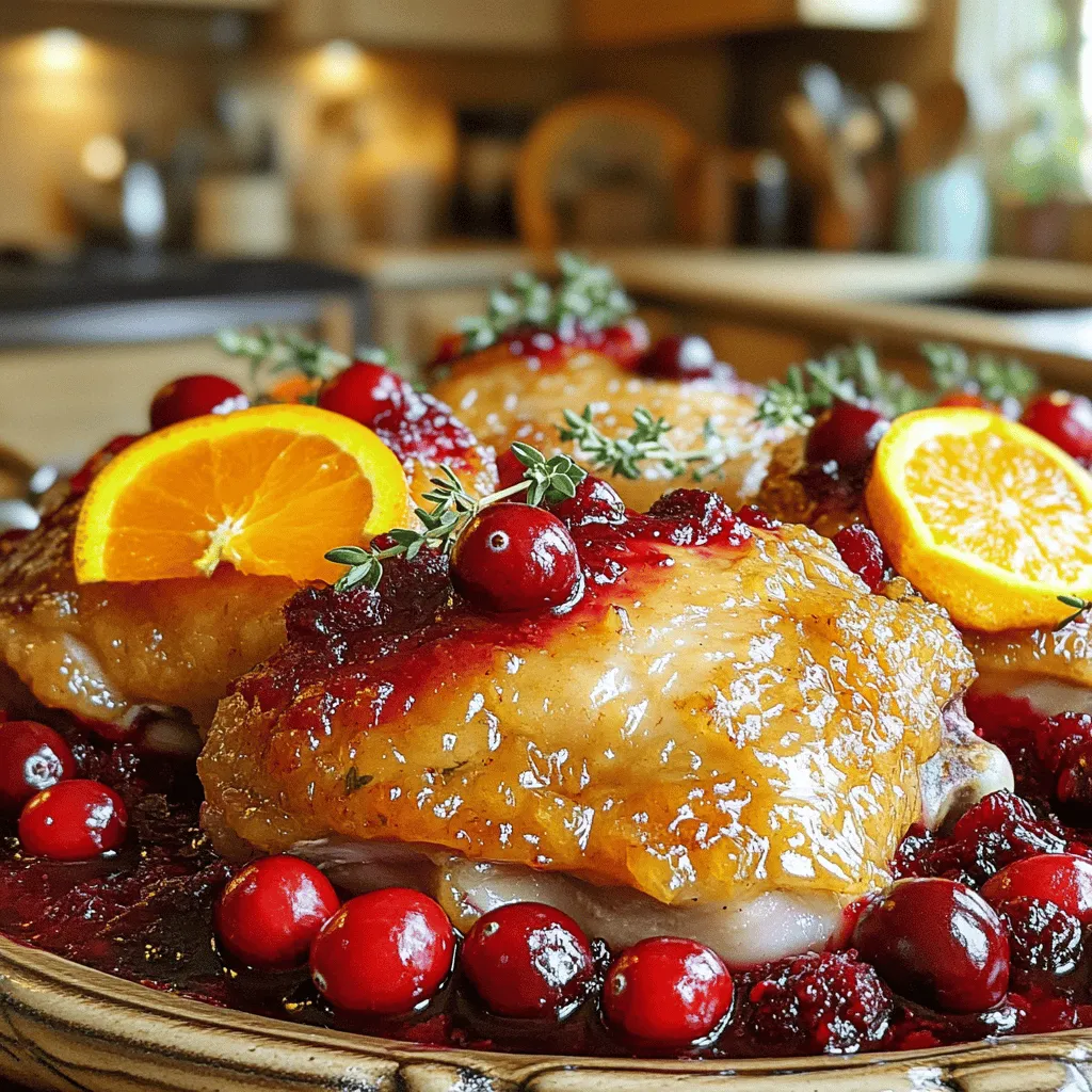 - 4 bone-in, skin-on chicken thighs - 1 cup fresh cranberries - 1 medium orange, zested and juiced - 1/2 cup low-sodium chicken broth - 1/4 cup honey - 2 tablespoons soy sauce - 2 cloves garlic, minced - 1 teaspoon fresh ginger, grated - 1/2 teaspoon black pepper - 1 teaspoon salt - 1 tablespoon olive oil - Fresh thyme or parsley for garnish To make the Slow Cooker Cranberry Orange Chicken Roast, you need fresh and vibrant ingredients. The chicken thighs bring rich flavors and a juicy texture. Fresh cranberries add tartness, while the orange zest and juice provide brightness and sweetness. For the sauce, honey works as a natural sweetener. Soy sauce adds depth, and minced garlic gives a savory note. Fresh ginger brings warmth to the mix. Don’t forget seasoning! Salt and black pepper enhance the dish, while olive oil helps with cooking. Finally, fresh herbs like thyme or parsley make a lovely garnish. These ingredients combine to create a delicious and comforting meal, perfect for any occasion. First, pat the chicken thighs dry with paper towels. This step helps the skin crisp up later. Next, season both sides of the chicken with salt and black pepper. This simple seasoning boosts the chicken's flavor. Heat one tablespoon of olive oil in a skillet over medium-high heat. Once the oil is hot, place the chicken thighs skin-side down in the pan. Sear them for about 5-7 minutes until they turn golden brown. Flip the chicken and cook for another 3-5 minutes. Remove them from heat once done. This step locks in the juices and adds flavor. In a medium bowl, whisk together the orange juice, orange zest, honey, soy sauce, minced garlic, grated ginger, and chicken broth. Mix these ingredients well until everything is combined. This sauce will give the dish its sweet and tangy flavor. Place the seared chicken thighs in the slow cooker. Pour the cranberry-orange sauce over the chicken, making sure the cranberries are spread evenly around the thighs. Cover the slow cooker and set it to cook on low for 6-8 hours or on high for 3-4 hours. The chicken will be tender and fully cooked when done. After cooking, carefully take the chicken out of the slow cooker. If you want a thicker sauce, pour it into a saucepan. Simmer on medium heat for a few minutes until it reduces to your liking. Serve the chicken on a platter, drizzle with sauce, and garnish with fresh thyme or parsley. Enjoy this delightful dish! To achieve a golden crust on your chicken, start with dry thighs. Pat them with paper towels to remove any moisture. This helps the skin crisp up nicely. Heat olive oil in a skillet over medium-high heat. Sear the chicken skin-side down for 5 to 7 minutes. Flip and cook for 3 to 5 minutes more. This timing ensures a beautiful, golden crust. You can boost the flavor of your dish by adding fresh herbs. Consider thyme or rosemary for a savory touch. For those who like a sweeter sauce, try using maple syrup or brown sugar instead of honey. These options add a unique taste to the dish. If your chicken is larger, adjust the cooking time. Larger thighs might need a bit longer in the slow cooker. To check doneness, use a meat thermometer. The chicken should reach an internal temperature of 165°F. This ensures that it is safe to eat and perfectly cooked. {{image_2}} You can switch up the fruits in this dish. Apples or pears work great too. They add a nice sweetness and balance the tartness of the cranberries. You can also use different cuts of chicken. Breasts or drumsticks can give you a new texture. Each cut brings its own flavor, making the dish feel fresh. Want to change the taste? Try adding spices like cinnamon or cloves. They add warmth and a hint of spice. You can also experiment with different vinegars. Apple cider vinegar or balsamic vinegar can change the flavor profile. These small swaps can make a big difference. If you don't have a slow cooker, you can use an Instant Pot. Just set it to high pressure for 10-12 minutes. For oven-baking, preheat it to 375°F. Place the chicken in a dish and pour the sauce over it. Bake for about 45-50 minutes or until the chicken is done. These methods keep the chicken juicy and flavorful, just like the slow cooker. After you enjoy your Slow Cooker Cranberry Orange Chicken Roast, store the leftovers right away. Use an airtight container to keep it fresh. This dish lasts about 3 to 4 days in the fridge. Always cool it to room temperature before sealing the container. You can freeze the cooked chicken and sauce together. Place them in freezer-safe bags or containers. Remove excess air to prevent freezer burn. This meal can stay good for up to 3 months in the freezer. To thaw, move it to the fridge overnight. Reheat it in a pot over low heat or in the microwave until warm. Repurpose your leftover chicken in tasty ways. Shred it for sandwiches or wraps. You can mix it into salads for a flavorful twist. Pair it with rice or quinoa for a hearty meal. It also goes great with roasted veggies or a fresh green salad. Cooking times vary based on the setting you choose. If you use the low setting, cook for 6 to 8 hours. For the high setting, it will take about 3 to 4 hours. Both methods will yield tender chicken, but low and slow often enhances the flavors more. Yes, you can use frozen chicken thighs. However, keep in mind that cooking times may need to be longer. If you start with frozen chicken, it can take an extra hour or two on low. Always make sure the chicken reaches a safe internal temperature of 165°F. This dish pairs well with a variety of sides. Here are some great options: - Steamed green beans - Mashed potatoes - Rice pilaf - Quinoa salad - A light green salad For drinks, consider a light white wine or a sparkling water with lemon. This recipe can be gluten-free with a few changes. Regular soy sauce contains gluten. You can swap it out for gluten-free soy sauce or tamari. Both options will keep your dish delicious and safe for those avoiding gluten. This blog post covered everything you need for a delicious Cranberry Orange Chicken. I outlined key ingredients, including chicken, cranberries, and a tasty sauce. You learned how to prepare and cook the chicken step-by-step. Also, various tips helped enhance the flavor and avoid issues. We explored ingredient swaps and storage options, ensuring you can enjoy leftovers. Remember, cooking is about creativity, so feel free to play with flavors. Try this recipe to impress any guest. Happy cooking!