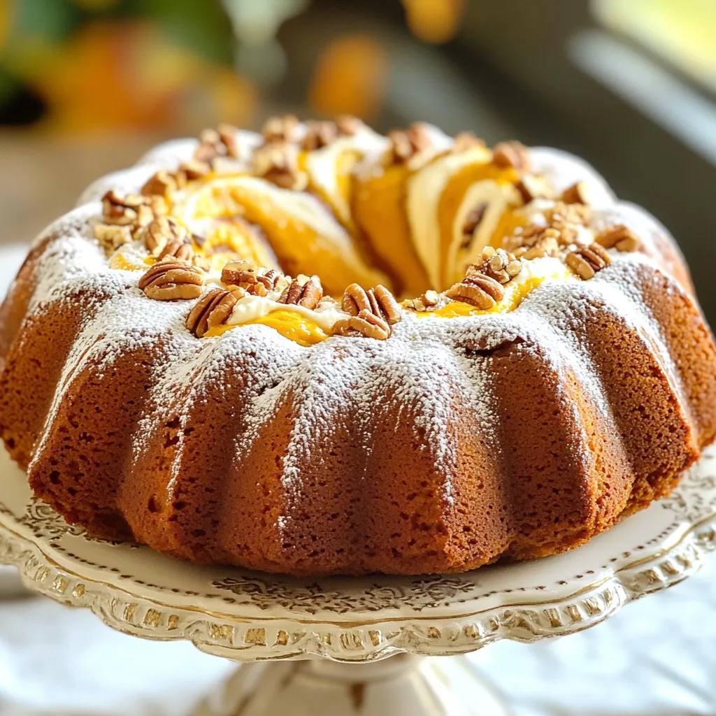 - 2 cups all-purpose flour - 1 teaspoon baking powder - 1 teaspoon baking soda - 1/2 teaspoon salt - 1 tablespoon ground cinnamon - 1/2 teaspoon ground nutmeg - 1/2 teaspoon ground ginger The dry ingredients form the backbone of this cake. The all-purpose flour gives it structure. Baking powder and baking soda help it rise. Salt enhances flavor, while the spices add warmth and depth. - 1 cup granulated sugar - 1 cup packed brown sugar - 1 cup vegetable oil - 4 large eggs - 1 cup pumpkin puree (canned or fresh) - 1 teaspoon vanilla extract These wet ingredients create the cake's moist texture. The sugars add sweetness. Vegetable oil keeps it tender. Eggs bind everything together. Pumpkin puree offers flavor and moisture, while vanilla enhances the overall taste. - 8 oz cream cheese, softened - 1/2 cup powdered sugar - 1 tablespoon lemon juice The cream cheese filling makes this cake special. It adds a rich, tangy layer that pairs well with the pumpkin. The lemon juice brightens the flavor of the cream cheese. - Chopped pecans - Walnuts These toppings add a nice crunch. You can sprinkle them on top for added texture and flavor. They also make the cake look pretty. 1. Preheat your oven to 350°F (175°C). 2. Grease and flour your bundt pan well. This helps the cake come out easily. 3. In a medium bowl, whisk together the flour, baking powder, baking soda, salt, cinnamon, nutmeg, and ginger. Set this mixture aside until later. 1. In a large mixing bowl, combine granulated sugar, brown sugar, and vegetable oil. Beat these together until they mix well. 2. Add eggs one at a time, mixing well after each addition. Then mix in the pumpkin puree and vanilla extract until the batter is smooth. 3. Slowly add the dry mixture to the wet mixture. Stir gently until just combined. Be careful not to overmix. 1. In a separate small bowl, beat the softened cream cheese with powdered sugar and lemon juice. Mix until it’s creamy and smooth. 1. Pour half of the pumpkin batter into the prepared bundt pan. 2. Drop spoonfuls of the cream cheese mixture on top of the pumpkin batter. 3. Pour the remaining pumpkin batter over the cream cheese layer. Smooth the top with a spatula. 4. Bake in the preheated oven for 55-65 minutes. Check if it's done by inserting a toothpick into the center. It should come out clean. 1. Let the cake cool in the pan for about 15 minutes. 2. Carefully invert the cake onto a wire rack to cool completely. This keeps it from getting soggy. To ensure even baking, always preheat your oven. This step helps the cake rise nicely. Also, check your oven's temperature with an oven thermometer. Sometimes, ovens can be off by a few degrees. When preparing your bundt pan, grease it well. Use butter or cooking spray, then dust it with flour. This method helps to prevent sticking. After baking, let the cake cool for about 15 minutes before flipping it out. This waiting time makes removal easier. Dusting the cake with powdered sugar gives it a lovely finish. Use a fine mesh sieve to sprinkle the sugar evenly across the top. This simple step adds charm to your cake. For extra flair, garnish with chopped nuts. Pecans or walnuts add a nice crunch. Spread the nuts evenly on top after dusting with sugar. This combination makes your cake look and taste amazing. Pair your pumpkin cake with warm beverages. Spiced chai or coffee complements the flavors well. Serve slices on decorative plates for a beautiful presentation. For an added touch, place your cake on a lovely cake stand. It not only looks inviting but also draws attention. Your guests will enjoy this fluffy, tasty treat! {{image_2}} You can have fun with this pumpkin cream cheese bundt cake by adding new flavors. Here are some ideas: - Chocolate Chips: Add about 1 cup of chocolate chips to the batter. This will give your cake a rich and sweet twist that pairs well with pumpkin. - Dried Fruit: Try adding 1 cup of chopped dried fruit like cranberries or raisins. They add a nice sweetness and texture to each bite. - Experimenting with Spices: You can change the spice mix to suit your taste. Add a pinch of cloves or cardamom for a warm, aromatic flavor. This bundt cake can fit into different diets with a few changes: - Gluten-Free Options: Swap the all-purpose flour with a gluten-free flour mix. Make sure it contains xanthan gum for the best texture. - Vegan Substitutions: Replace the eggs with flax eggs. Mix 1 tablespoon of ground flaxseed with 3 tablespoons of water per egg. For the cream cheese, use a vegan cream cheese alternative. These simple swaps let everyone enjoy this tasty treat. To keep your leftover Pumpkin Cream Cheese Bundt Cake fresh, store it in an airtight container. This helps keep the cake moist. You can also wrap it tightly with plastic wrap. Store the cake at room temperature for up to three days. If you want to keep it longer, refrigerate it. Just remember, refrigerating may dry it out a bit. For the best containers, use glass or plastic with tight seals. Avoid metal containers, as they can react with the cake's ingredients. A cake dome works great too, as it allows air to flow while keeping it covered. You can freeze the Pumpkin Cream Cheese Bundt Cake for up to three months. First, let it cool completely. Then, wrap it tightly in plastic wrap. After that, place it in a freezer-safe bag or container. Label it with the date for easy tracking. When you're ready to enjoy it, take the cake out of the freezer. Let it thaw in the fridge overnight. If you're short on time, you can thaw it at room temperature for a few hours. To reheat, warm individual slices in the microwave for about 10-15 seconds. This makes the cake soft and tasty again. How do I prevent my bundt cake from sticking? To keep your bundt cake from sticking, grease and flour the pan well. Use a cooking spray with flour or apply butter and dust with flour. This helps the cake slide out easily. Can I use fresh pumpkin instead of canned? Yes, you can use fresh pumpkin. Just cook and puree it until smooth. Make sure to drain any excess water for the best texture. What can I substitute for cream cheese? If you need a substitute for cream cheese, use Greek yogurt or ricotta. Both give a nice creamy texture, but may alter the flavor a bit. How long will the cake last? The cake lasts for about 3 to 5 days at room temperature. Keep it in an airtight container to keep it fresh. Is it possible to make mini bundt cakes? Absolutely! Just use a mini bundt pan and adjust the baking time. Check for doneness after 25-30 minutes. Cake is too dense, what went wrong? A dense cake might happen due to overmixing or too much flour. Make sure to mix until just combined and measure flour correctly. How to fix an undercooked center? If your cake is undercooked, cover it with foil and bake for an extra 10-15 minutes. Check it often to avoid overcooking. This blog post covered everything you need to know to make a pumpkin bundt cake. We explored the essential ingredients, from dry to wet, and including the cream cheese filling. I provided step-by-step instructions for mixing and baking, along with useful tips for perfecting your cake. You also learned about fun flavor variations and how to store leftovers. For a delicious dessert, follow these steps closely and enjoy your creation! Happy baking!