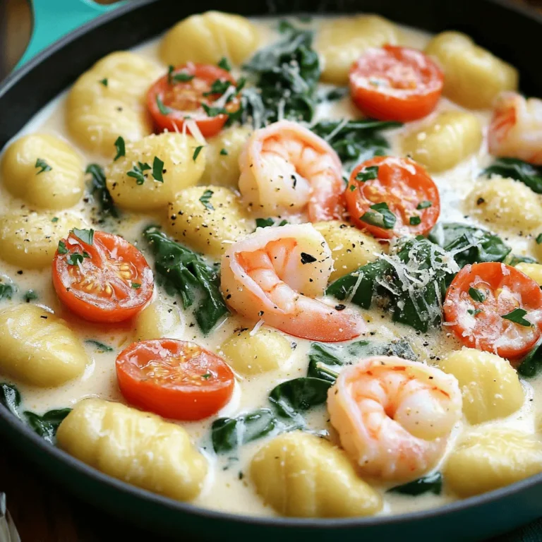 - 1 lb (450g) shrimp, peeled and deveined - 1 lb (450g) gnocchi (store-bought or homemade) - 4 cloves garlic, minced - 1 cup heavy cream - 1 cup vegetable broth To make this dish, start with fresh shrimp. They add great flavor and texture. Gnocchi is the star of the show. You can use store-bought or make your own. Garlic brings a bold taste that you will love. Heavy cream adds richness, while vegetable broth gives depth to the sauce. - 1 cup cherry tomatoes, halved - 1 cup fresh spinach, roughly chopped - 2 tablespoons olive oil - 1 teaspoon dried basil - 1 teaspoon red pepper flakes (optional) Tomatoes add a nice pop of color and sweetness. Fresh spinach brings a healthy touch and brightens the dish. Olive oil is key for sautéing. Dried basil gives a hint of earthiness, while red pepper flakes can add a bit of heat. - Salt and pepper - Grated Parmesan cheese, for serving - Fresh parsley, chopped, for garnish Salt and pepper are essential for flavor. Grated Parmesan cheese makes each bite creamy and savory. Fresh parsley adds a lovely touch and a burst of color. To cook the gnocchi, start by boiling water in a large pot. Add a pinch of salt to the water. Once boiling, gently add the gnocchi. They will sink at first, then float when done. This takes about 2-3 minutes. Watch closely so they don’t overcook. When they float, use a slotted spoon to remove them. Drain in a colander and set aside. For perfect gnocchi texture, look for the ones that are soft and pillowy. If you make them at home, let them rest before cooking. This helps to keep their shape. Store-bought gnocchi works well too, and it saves time. Next, heat olive oil in a large skillet over medium heat. Add minced garlic and sauté it for about one minute. The garlic should smell great, but do not let it brown. After that, add the shrimp to the skillet. Season them with salt, pepper, and red pepper flakes if you like some heat. Cook the shrimp for 2-3 minutes, turning them as needed. They are ready when they turn pink and opaque. Once done, remove them from the skillet and set them aside. To enhance the flavor, make sure to season well. Fresh shrimp often taste better, so choose high-quality ones. In the same skillet, pour in the vegetable broth and bring it to a gentle simmer. Next, add the heavy cream and stir to blend. This creates a rich base for your sauce. Now, it’s time to add the cherry tomatoes and cooked gnocchi. Sprinkle in dried basil for added flavor. Stir everything together and cook for about 3-4 minutes. This helps the sauce thicken slightly. To finish, add the fresh spinach and return the shrimp to the skillet. Cook for an additional 2 minutes. The spinach should wilt nicely. Taste the sauce and adjust salt and pepper to your liking. This creamy sauce pairs perfectly with the shrimp and gnocchi. Remember to serve it hot and enjoy every bite! - Avoiding overcooked shrimp: Cook shrimp just until pink. This takes about 2-3 minutes. If you leave them too long, they get rubbery. Watch them closely while they cook. Remove them from the pan as soon as they change color. - Ensuring creamy consistency: Start with medium heat when you add cream. Stir it well with the broth. Let it thicken slowly for a few minutes. If you want it thicker, let it cook a little longer. Avoid high heat, as this can make it separate. - Pairing with side dishes: A fresh salad goes well with this dish. You can also serve garlic bread on the side. Both add crunch and freshness. - Best wine pairings for the dish: A nice white wine works best. Try a Chardonnay or a Sauvignon Blanc. These wines complement the shrimp and cream nicely. - Essential equipment for preparation: You need a large skillet for cooking. A good pot is needed for boiling the gnocchi. Use a strainer to drain the gnocchi after cooking. - Recommended utensils for ease: A wooden spoon helps stir your dish. Use a sharp knife for chopping garlic and tomatoes. A measuring cup ensures you get the right amounts for your sauce. {{image_2}} You can change up the protein in this dish easily. If you want seafood, try scallops or fish. They both work well with the creamy sauce. For a vegetarian or vegan twist, swap shrimp for mushrooms or tofu. Both add great texture and flavor without meat. Adding herbs and spices can make this dish unique. Try fresh basil or thyme for a fresh taste. You can also add lemon zest for a burst of flavor. If you like heat, add more red pepper flakes. Seasonal vegetables also help change the dish. Peas, bell peppers, or zucchini can add color and nutrition. Toss these in when you add the spinach. While gnocchi is a star, you can use other pasta types too. Penne or farfalle are great choices. Just make sure to cook them according to the package. You may need to adjust cooking times. If you use smaller pasta, watch it closely to avoid overcooking. This way, you can enjoy a new twist on a classic dish! To keep your creamy garlic shrimp gnocchi fresh, store it in an airtight container. Make sure to cool the dish before sealing it. This helps prevent moisture buildup. It lasts up to three days in the fridge. If you need to keep it longer, consider freezing. You can reheat your gnocchi in two ways: the microwave or stovetop. For the microwave, place it in a bowl. Heat in short bursts and stir often. For stovetop, use a skillet over low heat. Add a splash of broth or cream to keep it creamy. Stir well to combine. To freeze, let the dish cool completely. Transfer it to a freezer-safe container. It can last up to two months in the freezer. When ready to use, thaw it in the fridge overnight. For reheating, follow the stovetop tips to restore its creamy texture. It takes about 25 minutes to make this dish. - Prep time is around 10 minutes. - Cooking time takes about 15 minutes. This quick meal is great for busy nights. Yes, you can use frozen shrimp. Just make sure to thaw them first. You can thaw them in cold water for about 20 minutes. This helps keep the shrimp juicy and tender. To make this dish dairy-free, use alternatives. You can swap heavy cream with coconut milk or almond milk. For the cheese, try nutritional yeast or a dairy-free cheese. These changes keep the flavor but remove dairy. This dish pairs well with a fresh salad. You can also serve it with garlic bread. Roasted veggies make a tasty side too. These options balance the creamy gnocchi perfectly. This blog post covered how to make a delicious creamy garlic shrimp gnocchi. We explored main and additional ingredients, followed by step-by-step cooking instructions. I shared tips for perfect texture and serving suggestions. You learned about variations and how to store leftovers properly. In the end, this dish is flexible and easy to make. Try it out and enjoy every bite. With a few tips and tweaks, you can impress anyone at your dinner table.