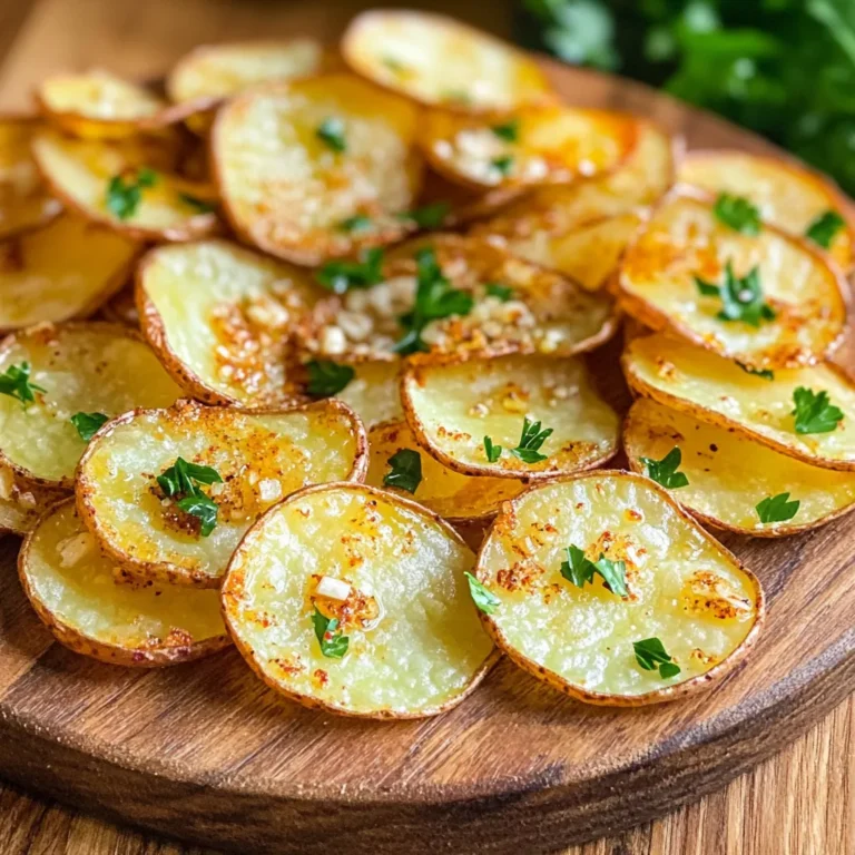 - 2 large russet potatoes - 3 tablespoons olive oil - 4 cloves garlic, minced - 1 teaspoon paprika - ½ teaspoon salt - ¼ teaspoon black pepper - Fresh parsley, chopped (for garnish) To make Air Fryer Garlic Potato Chips, you need a few basic ingredients. You will start with two large russet potatoes. These potatoes are perfect because they are starchy and crisp up well. The next key ingredient is olive oil, about three tablespoons will do. This oil adds flavor and helps the chips get crispy. Garlic brings the magic here, so use four cloves, minced. Minced garlic offers a strong flavor that pairs well with the potatoes. Paprika adds a nice touch of warmth and color, so grab a teaspoon. You will also need half a teaspoon of salt and a quarter teaspoon of black pepper for seasoning. Finally, fresh parsley gives a pop of color and freshness. Use it for garnish before serving your chips. By combining these ingredients, you will create a delicious snack that is both crispy and flavorful. First, wash the large russet potatoes under cold water. This removes dirt and any chemicals. Next, peel the potatoes using a vegetable peeler. After peeling, slice them thinly. Aim for 1/16 inch thickness. A mandoline works great for even slices. To make the chips extra crispy, soak the slices in cold water for 30 minutes. This helps to remove excess starch. After soaking, drain the slices. Pat them dry using a kitchen towel. Dry slices help create a better texture. In a large bowl, combine the dried potato slices with olive oil, minced garlic, paprika, salt, and black pepper. Mix well to coat every slice evenly. This step is key for flavor. You want every bite to be tasty. Set your air fryer to 360°F (180°C). Preheat it for about 5 minutes. Preheating ensures the chips cook evenly. This step helps achieve that perfect crunch. Place the potato slices in a single layer in the air fryer basket. You may need to do this in batches. Air fry the slices for 10 to 12 minutes. Shake the basket halfway through for even cooking. Keep an eye on them until they turn golden brown. Once cooked, take the chips out of the air fryer. Let them cool on a wire rack for a few minutes. Cooling helps them stay crispy. For a nice touch, garnish with fresh chopped parsley before serving. Enjoy your homemade garlic potato chips! To get chips that are crispy, slice your potatoes thin. Aim for 1/16 inch thick slices. This thickness helps them cook evenly. If the slices are too thick, they may not crisp up well. Soaking the slices is key. Soak them in cold water for 30 minutes. This removes excess starch and helps with crispiness. After soaking, drain and pat the slices dry. Removing moisture is important for that crunch. You can change up the flavors in many ways. Try adding different seasonings like onion powder or chili powder. You can also mix in cheese for a savory twist. Adjust the seasoning to fit your taste. If you like it spicy, add more black pepper or chili flakes. If you prefer milder flavors, reduce the garlic or paprika. If your chips turn out soggy, check your soaking time. Make sure you soak them for the full 30 minutes. Also, ensure you dry them well before seasoning. For even cooking, arrange the slices in a single layer in the air fryer. If you crowd the basket, the chips will not cook evenly. Shake the basket halfway through cooking. This helps ensure they crisp up all around. {{image_2}} For the best chips, I recommend using russet potatoes. They are starchy and make great, crispy chips. You can also try Yukon Gold or red potatoes. These types have a creamier texture. Yukon Gold gives a buttery taste, while red potatoes add a subtle sweetness. Each potato type brings a unique flavor and texture to your chips. You can easily mix things up with flavors. Adding cheese makes the chips rich and savory. Try parmesan or cheddar for a tasty twist. Fresh herbs, like rosemary or thyme, can also add a burst of flavor. If you like heat, sprinkle some chili powder on your chips. It gives a nice kick and pairs well with garlic. You can even add a dash of cayenne for extra spice. Experimenting with these flavors can make your chips even more exciting! To keep your garlic potato chips fresh, use an airtight container. Glass or plastic containers work well. You can also use a resealable bag. Store them at room temperature in a cool, dry place. Do not refrigerate them. This will make them soggy. When stored properly, they stay fresh for about 3 days. After that, they may lose their crispiness. To regain the crispiness of your chips, use the air fryer. Preheat it to 350°F (175°C). Place the chips in a single layer and heat for about 3-5 minutes. This will make them crispy again. You can also use an oven. Bake the chips at 350°F (175°C) for the same time. Avoid using the microwave, as it makes chips soggy. Enjoy your tasty snack again! Yes, you can use other oils for these chips. Some good options are: - Avocado oil - Canola oil - Grapeseed oil These oils work well because they have high smoke points. They also add a nice flavor. Olive oil is great, but feel free to switch it up! You can tell the chips are done when they are golden brown and crispy. Look for these signs: - Crisp texture - Deep golden color - No soft spots If you see these signs, your chips are ready to enjoy! Yes, you can still make garlic potato chips without an air fryer. Here are two other methods: 1. Oven Method: Preheat your oven to 400°F (200°C). Place the potato slices on a baking sheet in a single layer. Bake for 20-25 minutes, flipping halfway through. 2. Stovetop Method: Heat oil in a pan over medium heat. Fry the potato slices in small batches until golden brown. Both methods work well but may not be as crispy as the air fryer. This recipe makes about 4 servings. Each serving is a nice snack size, perfect to share. If you need more, just double the recipe! Making garlic potato chips is simple and fun. You start with fresh ingredients like russet potatoes, olive oil, and spices. By following the clear steps—washing, soaking, seasoning, and air frying—you can achieve a crispy snack. Remember to customize flavors and troubleshoot any issues for the best results. Store leftovers properly to keep them fresh. Enjoy experimenting with different potatoes and seasonings. Now, go ahead and crunch on these tasty chips!