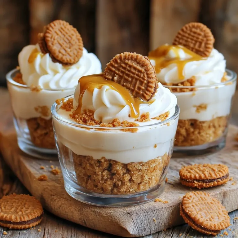 - 250g Biscoff cookies (crushed) - 100g unsalted butter (melted) - 400g cream cheese (room temperature) - 200ml heavy cream - 100g powdered sugar - 100g Biscoff spread - 1 teaspoon vanilla extract - Pinch of salt - Additional Biscoff cookies for garnish (whole and crushed) The key to a great no-bake Biscoff cheesecake cup lies in your ingredients. First, you need Biscoff cookies. They provide a sweet, spiced flavor that makes these cups unique. Next, unsalted butter helps bind the crushed cookies together into a delightful crust. For the creamy filling, you will want room temperature cream cheese. This makes it easier to mix and gives a smooth texture. Heavy cream is important too. Whipping it creates a light and airy filling. Powdered sugar adds sweetness without any graininess, while Biscoff spread enhances that beloved flavor. A touch of vanilla extract brings warmth, and a pinch of salt balances everything perfectly. Don’t forget the extra Biscoff cookies for garnish! They not only look pretty but also add a nice crunch. With these ingredients, you are all set to create a delightful treat that everyone will love. Start by crushing 250g of Biscoff cookies in a bowl. You want them to be fine, like sand. Next, melt 100g of unsalted butter in the microwave. Combine the crushed cookies with the melted butter. Mix until you see a wet sand texture. Take 4-6 serving cups and divide the cookie mix evenly. Press it down firmly in each cup to create a crust. This will hold all the yummy filling later. Place the cups in the fridge while you make the cheesecake filling. In a large bowl, pour 200ml of heavy cream. Whip it until you see soft peaks. This makes the filling light and fluffy. In another bowl, mix 400g of cream cheese, 100g of powdered sugar, and 100g of Biscoff spread. Add 1 teaspoon of vanilla extract and a pinch of salt. Blend until it is smooth and creamy. Now, gently fold the whipped cream into the cheese mix. Be careful! You want to keep it fluffy. Take the cups out of the fridge. Spoon or pipe the cheesecake mixture over the cookie crusts. Fill each cup to the top. This will make them look and taste amazing. You can use a piping bag for a fancy touch. Chilling is very important for the texture. Cover each cup with plastic wrap. Chill them in the fridge for at least 4 hours. For the best results, leave them overnight. This helps the flavors blend and the filling to set perfectly. To get a light and fluffy cheesecake, whip the heavy cream until it forms soft peaks. This means the cream should hold its shape but still be soft. Be careful not to whip it too long; it can turn into butter. When you mix the whipped cream into the cream cheese, fold gently. Use a spatula to lift the cream from the bottom of the bowl. This method keeps the air in the whipped cream, making the cheesecake airy and smooth. For a lovely presentation, serve your cheesecake cups on a wooden board or a nice plate. You can drizzle extra Biscoff spread on top for added flair. This not only looks good but adds extra flavor too. Consider garnishing with whole Biscoff cookies and a sprinkle of crushed cookies. This adds texture and makes the dessert pop visually. One common mistake is overmixing the filling. This can make the cheesecake dense. Mix just until everything is combined and smooth. Another mistake is skipping the chilling step. Chilling lets the cheesecake set up nicely. Aim for at least four hours in the fridge, or overnight if you can wait. This step is key for the best texture. {{image_2}} You can easily change the flavor of your cheesecake cups. Try adding different extracts for fun twists. Almond or hazelnut extracts can enhance the taste. You can also mix in fruit toppings. Fresh berries, sliced bananas, or mango chunks add color and flavor. They make the dessert look great and taste even better. If you need gluten-free options, use gluten-free Biscoff cookies. Many brands make tasty gluten-free cookies that work well. For a vegan version, swap cream cheese for a plant-based cream cheese. Use coconut cream in place of heavy cream. You can also find dairy-free Biscoff spread, which keeps the flavors intact. You can adjust this recipe for more or fewer servings. To make larger portions, use bigger cups. For smaller bites, divide the mixture into mini cups. These mini cheesecake bites are perfect for parties. They are easy to grab and eat while mingling. Enjoy experimenting with different sizes and flavors! To keep your no-bake Biscoff cheesecake cups fresh, store them in the refrigerator. Use an airtight container or cover each cup tightly with plastic wrap. This helps prevent any odors from the fridge from affecting your dessert. Make sure to chill the cheesecake cups for at least four hours before serving. If you want to freeze them, place the cups in a freezer-safe container. They can stay fresh in the freezer for up to three months. When you are ready to enjoy them, let them thaw in the fridge overnight. For the best taste, consume your cheesecake cups within five days when stored in the fridge. The freshness may change based on how well you seal them and the temperature of your fridge. If you freeze them, they will keep their taste and texture for about three months. After that, they may lose some quality, but they will still be safe to eat. Always check for any signs of spoilage before enjoying your dessert. Yes, you can! If you cannot find Biscoff cookies, you can use other cookies. Here are some great options: - Digestive biscuits - Graham crackers - Oreos (for a chocolate twist) - Vanilla wafers Make sure to crush them finely and mix with melted butter just like in the recipe. Each cookie type gives a unique taste. These cheesecake cups last for about 3 to 5 days in the fridge. To keep them fresh, cover them tightly with plastic wrap or a lid. If you see any water on top, it’s just from the cream. It’s still safe to eat! Absolutely! These cheesecake cups are perfect for making ahead. You can prepare them a day in advance. Just follow these tips: - Make the cookie base and filling. - Layer them in the cups. - Chill overnight for the best flavor and texture. When you are ready to serve, just add your toppings! These cheesecake cups are a simple and tasty treat. You start with crushed Biscoff cookies and butter for the base. Then, you whip cream and mix it with cream cheese and Biscoff spread. After chilling, you get a creamy, delicious dessert. Remember to avoid overmixing and skip the chilling at your own risk. Try variations and adjust for dietary needs to make it yours. With these tips, you can impress everyone with your skills in the kitchen. Enjoy making and sharing these yummy cups!