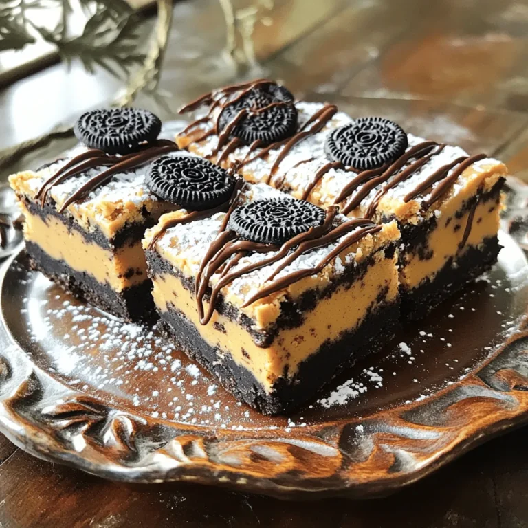 To make No-Bake Oreo Peanut Butter Bars, you need a few simple items. Here’s what you will need: - 1 package (15.5 oz) Oreo cookies, crushed - 1 cup creamy peanut butter - 1/4 cup unsalted butter, softened - 1 cup powdered sugar - 1 teaspoon vanilla extract - 1 cup semisweet chocolate chips - 1 tablespoon coconut oil (optional, for shiny finish) These ingredients blend to create a rich and tasty treat. The Oreo cookies give a chocolatey crunch. The peanut butter adds a creamy texture, while the butter and sugar make it sweet and soft. You can use coconut oil to make the chocolate topping shiny. Each ingredient plays a role in making these bars delicious. Start by taking a large mixing bowl. Add one package of crushed Oreo cookies and a quarter cup of softened unsalted butter. Mix these ingredients together. You want the cookies to be well-coated and crumbly. This helps form a tasty base for the bars. Next, line an 8x8 inch baking pan with parchment paper. Make sure the paper hangs over the edges. This makes it easy to lift the bars out later. Now, pack the cookie mixture into the pan. Use the back of a spatula to press it down firmly. You want an even layer for the base. For the chocolate topping, take a microwave-safe bowl. Add one cup of semisweet chocolate chips. If you want a shiny finish, add one tablespoon of coconut oil. Heat the bowl in the microwave in 30-second intervals. Stir between each interval until the chocolate is smooth and fully melted. Pour the melted chocolate over the peanut butter cookie layer in the pan. Spread it evenly with a spatula. Now, refrigerate the bars for at least two hours. This helps them set firmly. For the best results, make sure they are completely firm before cutting. To make your bars just right, you can adjust the sweetness. If you like your treats sweeter, add more powdered sugar. Start with a little extra, then mix and taste. This way, you can find the perfect balance for you. For a smooth chocolate topping, melt the chocolate carefully. Use a microwave and heat it in short bursts. Stir often to help it melt evenly. If you add coconut oil, it gives the chocolate a nice shine. This makes your bars look even more delicious. Presentation matters when serving these treats. Use a decorative plate to showcase your bars. Drizzle some extra melted chocolate on top for a fancy touch. It adds style and makes them look special. Garnishing is also fun! Crush some Oreos and sprinkle them on top. This adds a nice crunch and makes the bars even more appealing. Everyone will love how they look and taste. {{image_2}} You can change the nut butter for fun flavors. Almond or cashew butter works well. Each will give a new taste to your bars. If you want a nut-free option, try sunflower seed butter. It has a nice creaminess too! For those who need gluten-free options, use gluten-free Oreo cookies. They taste just as good! This small change makes the bars safe for everyone to enjoy. Adding nuts or seeds can boost the texture. Chopped walnuts or pecans add a nice crunch. You can also mix in chia seeds for extra nutrition. Just a handful goes a long way! Want to kick up the flavor? Sprinkle in a little sea salt. It pairs well with the sweet chocolate. For a coffee twist, add a bit of espresso powder. It gives a rich depth to your bars. To keep your No-Bake Oreo Peanut Butter Bars fresh, store them in the fridge. Use an airtight container to prevent them from drying out. Place parchment paper between layers if stacking. This helps keep the bars intact and easy to grab. You can freeze these bars for longer storage. Cut the bars into squares first, then wrap each piece tightly in plastic wrap. Place the wrapped bars in a freezer-safe bag or container. This prevents freezer burn and keeps them tasty. When you're ready to enjoy them, move the bars to the fridge to thaw overnight. They should stay fresh for up to three months in the freezer. Enjoy your sweet treat whenever you want! Can I use other types of cookies? Yes, you can use other cookies. Try chocolate wafers or graham crackers. Each cookie gives a new taste. Just crush them like you do with Oreos. How long do these bars last in the fridge? These bars can last up to one week in the fridge. Store them in an airtight container. They stay fresh and tasty, making them perfect for snacks. Can I make these dairy-free? Yes, you can make them dairy-free. Use dairy-free butter and chocolate. Look for brands that fit your needs. You can still enjoy all the flavor. What can I use instead of coconut oil? If you don't have coconut oil, use vegetable oil or melted butter. Both will work well. This change will not affect the taste much at all. You now have a simple guide for making no-bake Oreo peanut butter bars. We covered all the key ingredients and step-by-step instructions. Remember, adjusting the sweetness can improve your bars. You can also customize them with different nut butters or fun mix-ins. Store them properly to enjoy a fresh treat later. These bars are not just easy to make; they are a fun and tasty way to share joy. Try making them, and delight in each bite. Explore, enjoy, and let your creativity shine in the kitchen!