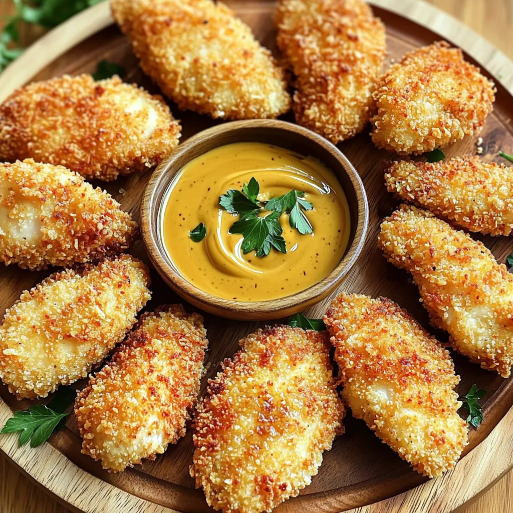 - 1 lb chicken tenderloins - 1 cup buttermilk - 1 teaspoon garlic powder - 1 teaspoon paprika - 1 cup all-purpose flour - 1 cup panko breadcrumbs - 1 teaspoon salt - 1 teaspoon black pepper - 1 teaspoon onion powder - 1/4 cup Dijon mustard - 1/4 cup honey - 1 tablespoon apple cider vinegar - Salt and pepper to taste These ingredients bring together the perfect balance of flavor and crunch. The chicken tenderloins are juicy and tender. The buttermilk helps them soak up flavor and stay moist. Garlic powder and paprika add great taste. For the breading, all-purpose flour gives a solid base. Panko breadcrumbs make the coating extra crispy. Salt, pepper, and onion powder add more seasoning to the mix. The honey mustard sauce is simple yet delicious. It combines sweet honey with tangy Dijon mustard. A splash of vinegar adds a nice kick. This sauce is perfect for dipping your crispy chicken tenders. Gather these ingredients, and you are ready to make a tasty meal. Enjoy the crunch and flavor in every bite! Start by taking 1 pound of chicken tenderloins. Place them in a bowl. Pour 1 cup of buttermilk over the chicken. Add 1 teaspoon of garlic powder and 1 teaspoon of paprika. Mix everything well. This helps to make the chicken juicy and flavorful. Cover the bowl and put it in the fridge. Let it marinate for at least 30 minutes. For the best taste, marinate overnight. Now, let’s get the breading ready. In a shallow dish, combine 1 cup of all-purpose flour, 1 teaspoon of salt, 1 teaspoon of black pepper, and 1 teaspoon of onion powder. Mix these dry ingredients well. In another dish, add 1 cup of panko breadcrumbs. This will give the chicken a nice crunch. Once the chicken is marinated, it’s time to coat it. Take the chicken from the buttermilk and let the excess drip off. First, dredge the chicken in the flour mixture. Then, dip it back into the buttermilk briefly. Finally, coat it well with the panko breadcrumbs. Press down gently so the breadcrumbs stick. Next, preheat your air fryer to 400°F (200°C) for about 5 minutes. Spray the air fryer basket with cooking spray. Place the chicken tenders in a single layer. You may need to cook in batches. Lightly spray the tops of the chicken tenders with cooking spray, too. Cook for 8 to 10 minutes. Flip halfway through. They should be golden brown and crispy when done. While the chicken cooks, let’s make the honey mustard sauce. In a small bowl, whisk together 1/4 cup of Dijon mustard, 1/4 cup of honey, and 1 tablespoon of apple cider vinegar. Add a pinch of salt and pepper to taste. Once the chicken is ready, let it cool slightly before serving. Enjoy your crispy chicken tenders with the honey mustard sauce! For the crispiest chicken tenders, use panko breadcrumbs. They add a light crunch. Press the breadcrumbs onto the chicken firmly. This helps them stick better during cooking. Don't skip the cooking spray; it gives you that golden finish. A light coat on top makes a big difference. Set your air fryer to 400°F (200°C). Cook the chicken for 8 to 10 minutes. Flip them halfway to get an even crisp. If they aren't golden brown yet, add a minute or two. Always check that the internal temperature reaches 165°F (75°C) for safety. Marinate your chicken in buttermilk. This makes the chicken tender and moist. Add garlic powder and paprika for flavor. Let it sit for at least 30 minutes, or overnight for the best taste. Cover it well in the fridge to keep it fresh. {{image_2}} If you love heat, you can spice up your chicken tenders easily. Just add cayenne pepper or chili powder to the flour mix. Start with half a teaspoon and adjust to your taste. This gives each bite a nice kick. Pair them with the honey mustard sauce to balance the spice. While honey mustard is a classic, don't be afraid to try other sauces. BBQ sauce adds a smoky flavor that can be very tasty. Ranch dressing offers a cool contrast to the crispy tenders. You can even mix sauces for a unique dip. Have fun experimenting to find your favorite! For those who need gluten-free options, swap all-purpose flour with gluten-free flour. Use gluten-free panko breadcrumbs instead of regular ones. The process remains the same, and you will still get crispy chicken tenders. Enjoy your meal without worry! To keep your chicken tenders fresh, store them in an airtight container. Place a paper towel at the bottom to absorb moisture. This helps maintain their crispiness. They can stay in the fridge for up to three days. Just make sure they cool completely before sealing. To reheat your chicken tenders, use the air fryer again. Preheat it to 350°F (175°C). Arrange the tenders in a single layer. Heat them for about 5-7 minutes. This method helps them regain their crunch. You can also use an oven, but the air fryer works best. If you want to freeze them, let the cooked tenders cool first. Then, place them in a freezer-safe bag. Remove as much air as possible before sealing. They can stay frozen for up to three months. When ready to eat, thaw them in the fridge overnight before reheating. Yes, you can use chicken breasts. Cut them into strips to match the size of tenderloins. This helps with even cooking. Chicken breasts may take a little longer to cook. Always check the internal temperature to ensure they reach 165°F for safety. To keep the breading intact, use the double-dip method. First, coat the chicken in flour, then dip it back into the buttermilk. Finally, roll it in panko breadcrumbs. Press down gently to help it stick. Also, avoid moving the chicken too much while cooking in the air fryer. Crispy chicken tenders pair well with many sides. Consider serving them with: - A fresh green salad - Crispy fries or sweet potato fries - Coleslaw for crunch - Veggie sticks with ranch dressing - Rice or a grain salad for something hearty These options add color and balance to your meal. We covered the key ingredients to make delicious chicken tenderloins and a great honey mustard sauce. I shared a simple step-by-step guide, tips for crispy texture, and tasty variations. Remember, proper marinating and cooking time make a big difference. Don't forget to store any leftovers well and reheat them for the best crunch. With these ideas, you'll impress everyone with your chicken tenders. Enjoy your cooking adventure!