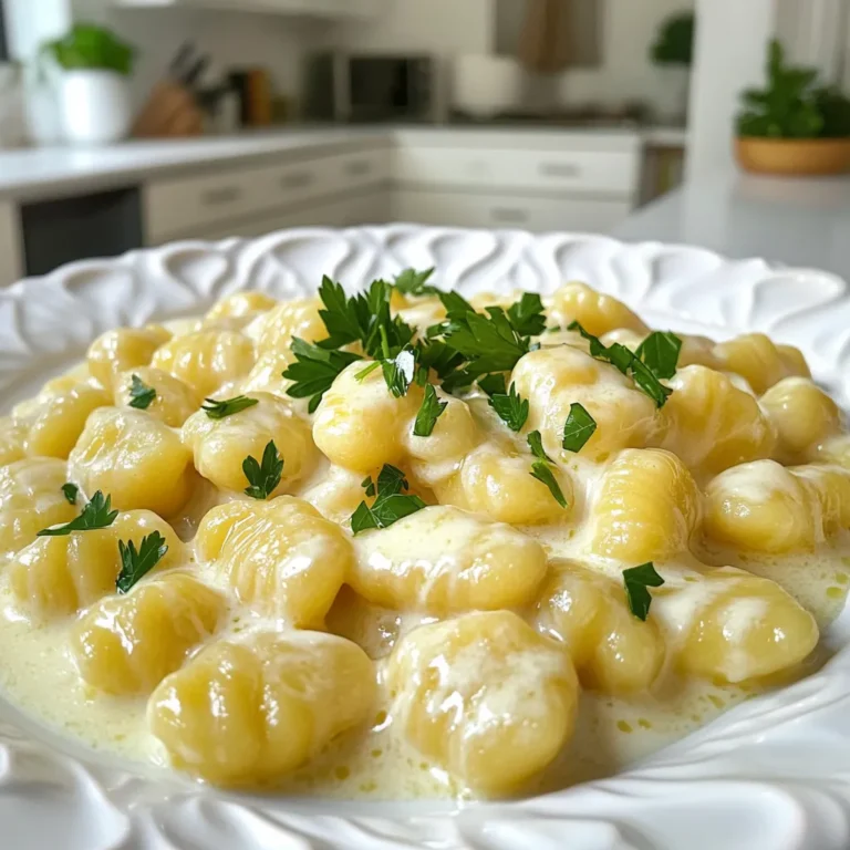 - Potato gnocchi - Unsalted butter - Garlic - Heavy cream - Grated Parmesan cheese - Italian seasoning - Salt and pepper - Fresh parsley To make Minute Creamy Garlic Butter Gnocchi, gather these simple ingredients. - Potato gnocchi is the star of the dish. It cooks quickly and has a soft texture. - Unsalted butter adds richness. It helps create a velvety sauce. - Garlic gives the dish a bold flavor. Fresh minced garlic works best for a strong taste. - Heavy cream makes the sauce creamy and smooth. It brings everything together in a delicious way. - Grated Parmesan cheese adds a salty, nutty flavor. It also helps thicken the sauce. - Italian seasoning brings in herbs that match well with garlic and cheese. - Salt and pepper enhance all the flavors. Use them to taste. - Fresh parsley adds a nice touch of color. Plus, it gives a fresh flavor on top. Make sure you have all these ingredients ready. Each one plays an important role in this quick meal. - Fill a large pot with salted water and bring it to a boil. - Once boiling, add a package of potato gnocchi. Cook for 2-3 minutes. The gnocchi will float to the top when done. - Drain the gnocchi in a colander and set it aside for later. - In a large skillet, place 4 tablespoons of unsalted butter over medium heat. - Once the butter melts, add 4 cloves of minced garlic. Sauté for 1-2 minutes. Watch it closely to avoid burning. - Pour in 1 cup of heavy cream and stir well to combine. Let it simmer for a couple of minutes to thicken. - Gradually whisk in 1 cup of grated Parmesan cheese. Mix until smooth and creamy. - Season with 1 teaspoon of Italian seasoning, salt, and pepper to taste. - Add the cooked gnocchi to the skillet. Gently toss to coat the gnocchi in the creamy sauce. Heat for an additional 1-2 minutes. - Remove from heat and garnish with fresh chopped parsley before serving. To get the right creaminess, you can adjust the amount of cream. If you want a richer sauce, add more cream. Start with one cup, then taste. If it needs more, go for it! You can also add extra cheese for flavor. Burnt garlic can ruin your sauce. To avoid it, keep an eye on your heat. Sauté the garlic on medium heat. Stir it often. Once it smells good, it's done. Don't let it turn brown. Garnishes can make your dish look fancy. Fresh parsley adds color and flavor. Just chop it finely and sprinkle it on top. You can also try grated cheese or crushed red pepper for some heat. For extra protein, consider adding grilled chicken or shrimp. They cook fast and mix well with gnocchi. You can also add cooked sausage for a hearty meal. Just make sure to cook the protein first, then toss it in with the gnocchi. {{image_2}} You can easily change the cheese in this recipe. While Parmesan adds a nice flavor, you might try mozzarella or goat cheese instead. Each cheese brings a unique taste. Mozzarella will make the dish milder, while goat cheese gives it a tangy kick. If you want a lighter dish, swap butter for olive oil. Olive oil adds a fruity flavor and is a great option for those who want to cut back on dairy. Simply heat the olive oil in the skillet and follow the steps as usual. Want to add more color and nutrition? Toss in some vegetables! Spinach, cherry tomatoes, or peas work well. Just add them to the skillet when you sauté the garlic. They will cook quickly and add great flavor. If you like heat, sprinkle in some red pepper flakes. Start with a pinch and add more if you like it spicy. This simple add-in can really wake up the dish and make it more exciting. You can mix and match these ideas to find your perfect version! To store any leftover creamy garlic butter gnocchi, first let it cool. Place it in an airtight container. It will stay fresh in the fridge for up to three days. Make sure to use a clean spoon to scoop it out. This keeps the dish safe and tasty. If you want to save it for longer, you can freeze it. Portion out the gnocchi into freezer-safe bags. Remove as much air as you can before sealing. This helps prevent freezer burn. You can freeze it for up to three months. When it's time to enjoy your leftovers, reheating is easy. The best way is to use a skillet. Heat the skillet over medium heat. Add a splash of water or cream to help it warm up. Then, add the gnocchi and stir gently. You can also use the microwave. Place the gnocchi in a microwave-safe bowl. Add a little cream or water to keep it moist. Cover it loosely with a lid or plastic wrap. Heat in short bursts, stirring in between, until it’s warm. These methods keep the gnocchi creamy and delicious! This dish is quick! You need just 15 minutes. The prep time is only 5 minutes. Cooking takes about 10 minutes. Boil the water, cook the gnocchi, and make the sauce. It’s perfect for busy days or quick dinners. Yes, you can! Use coconut cream instead of heavy cream. For cheese, try a dairy-free Parmesan. There are many great brands out there. You can also use cashew cream for a rich taste. These swaps keep the dish creamy and delicious. There are many tasty sides! A fresh green salad pairs well. You can also serve garlic bread for a nice crunch. Roasted vegetables add color and flavor. For protein, grilled chicken or shrimp works great. Choose sides that you love! This blog post covered how to make creamy garlic butter gnocchi. We discussed the main ingredients and the simple steps for cooking. I shared tips for perfecting the sauce and adding variations to make it your own. Storing and reheating tips ensure you enjoy leftovers too. This dish is easy to make and fun to adjust to your taste. I hope you now feel ready to create a delicious meal that everyone will love. Enjoy your cooking!