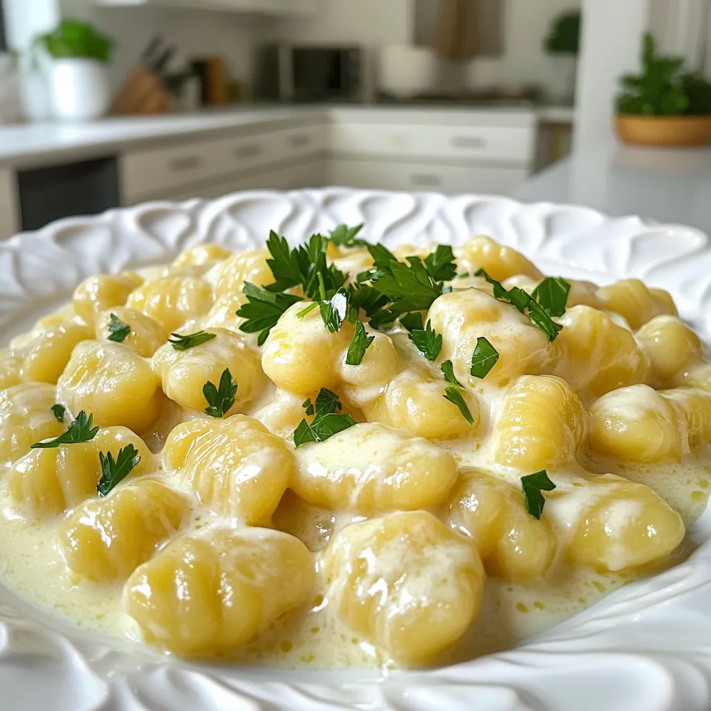 - Potato gnocchi - Unsalted butter - Garlic - Heavy cream - Grated Parmesan cheese - Italian seasoning - Salt and pepper - Fresh parsley To make Minute Creamy Garlic Butter Gnocchi, gather these simple ingredients. - Potato gnocchi is the star of the dish. It cooks quickly and has a soft texture. - Unsalted butter adds richness. It helps create a velvety sauce. - Garlic gives the dish a bold flavor. Fresh minced garlic works best for a strong taste. - Heavy cream makes the sauce creamy and smooth. It brings everything together in a delicious way. - Grated Parmesan cheese adds a salty, nutty flavor. It also helps thicken the sauce. - Italian seasoning brings in herbs that match well with garlic and cheese. - Salt and pepper enhance all the flavors. Use them to taste. - Fresh parsley adds a nice touch of color. Plus, it gives a fresh flavor on top. Make sure you have all these ingredients ready. Each one plays an important role in this quick meal. - Fill a large pot with salted water and bring it to a boil. - Once boiling, add a package of potato gnocchi. Cook for 2-3 minutes. The gnocchi will float to the top when done. - Drain the gnocchi in a colander and set it aside for later. - In a large skillet, place 4 tablespoons of unsalted butter over medium heat. - Once the butter melts, add 4 cloves of minced garlic. Sauté for 1-2 minutes. Watch it closely to avoid burning. - Pour in 1 cup of heavy cream and stir well to combine. Let it simmer for a couple of minutes to thicken. - Gradually whisk in 1 cup of grated Parmesan cheese. Mix until smooth and creamy. - Season with 1 teaspoon of Italian seasoning, salt, and pepper to taste. - Add the cooked gnocchi to the skillet. Gently toss to coat the gnocchi in the creamy sauce. Heat for an additional 1-2 minutes. - Remove from heat and garnish with fresh chopped parsley before serving. To get the right creaminess, you can adjust the amount of cream. If you want a richer sauce, add more cream. Start with one cup, then taste. If it needs more, go for it! You can also add extra cheese for flavor. Burnt garlic can ruin your sauce. To avoid it, keep an eye on your heat. Sauté the garlic on medium heat. Stir it often. Once it smells good, it's done. Don't let it turn brown. Garnishes can make your dish look fancy. Fresh parsley adds color and flavor. Just chop it finely and sprinkle it on top. You can also try grated cheese or crushed red pepper for some heat. For extra protein, consider adding grilled chicken or shrimp. They cook fast and mix well with gnocchi. You can also add cooked sausage for a hearty meal. Just make sure to cook the protein first, then toss it in with the gnocchi. {{image_2}} You can easily change the cheese in this recipe. While Parmesan adds a nice flavor, you might try mozzarella or goat cheese instead. Each cheese brings a unique taste. Mozzarella will make the dish milder, while goat cheese gives it a tangy kick. If you want a lighter dish, swap butter for olive oil. Olive oil adds a fruity flavor and is a great option for those who want to cut back on dairy. Simply heat the olive oil in the skillet and follow the steps as usual. Want to add more color and nutrition? Toss in some vegetables! Spinach, cherry tomatoes, or peas work well. Just add them to the skillet when you sauté the garlic. They will cook quickly and add great flavor. If you like heat, sprinkle in some red pepper flakes. Start with a pinch and add more if you like it spicy. This simple add-in can really wake up the dish and make it more exciting. You can mix and match these ideas to find your perfect version! To store any leftover creamy garlic butter gnocchi, first let it cool. Place it in an airtight container. It will stay fresh in the fridge for up to three days. Make sure to use a clean spoon to scoop it out. This keeps the dish safe and tasty. If you want to save it for longer, you can freeze it. Portion out the gnocchi into freezer-safe bags. Remove as much air as you can before sealing. This helps prevent freezer burn. You can freeze it for up to three months. When it's time to enjoy your leftovers, reheating is easy. The best way is to use a skillet. Heat the skillet over medium heat. Add a splash of water or cream to help it warm up. Then, add the gnocchi and stir gently. You can also use the microwave. Place the gnocchi in a microwave-safe bowl. Add a little cream or water to keep it moist. Cover it loosely with a lid or plastic wrap. Heat in short bursts, stirring in between, until it’s warm. These methods keep the gnocchi creamy and delicious! This dish is quick! You need just 15 minutes. The prep time is only 5 minutes. Cooking takes about 10 minutes. Boil the water, cook the gnocchi, and make the sauce. It’s perfect for busy days or quick dinners. Yes, you can! Use coconut cream instead of heavy cream. For cheese, try a dairy-free Parmesan. There are many great brands out there. You can also use cashew cream for a rich taste. These swaps keep the dish creamy and delicious. There are many tasty sides! A fresh green salad pairs well. You can also serve garlic bread for a nice crunch. Roasted vegetables add color and flavor. For protein, grilled chicken or shrimp works great. Choose sides that you love! This blog post covered how to make creamy garlic butter gnocchi. We discussed the main ingredients and the simple steps for cooking. I shared tips for perfecting the sauce and adding variations to make it your own. Storing and reheating tips ensure you enjoy leftovers too. This dish is easy to make and fun to adjust to your taste. I hope you now feel ready to create a delicious meal that everyone will love. Enjoy your cooking!
