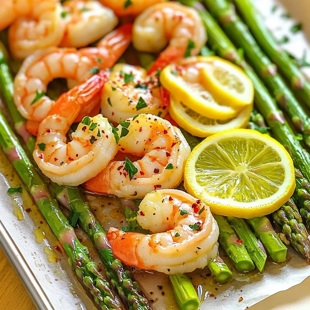 - 1 lb large shrimp, peeled and deveined - 1 bunch of asparagus, trimmed - 4 cloves garlic, minced - 2 lemons (one for zest and juice, one sliced) - 3 tablespoons olive oil - 1 teaspoon paprika - ½ teaspoon red pepper flakes - Salt and pepper to taste - Fresh parsley, chopped Gathering fresh ingredients is key to making this dish shine. First, choose large shrimp. They are best for this recipe since they cook quickly and stay juicy. Next, pick bright green asparagus. It should snap easily when fresh. Garlic adds a strong flavor. I recommend using four cloves, minced. Lemons bring brightness to the dish. One lemon will give zest and juice. The other will be sliced for garnish. Olive oil helps everything cook well and adds richness. For spices, paprika gives a nice color and depth. Red pepper flakes add a kick but feel free to adjust the amount. Lastly, season with salt and pepper to enhance the taste. Don’t forget the fresh parsley! It adds a lovely touch and color when you finish the dish. These ingredients make the Lemon Garlic Shrimp & Asparagus Sheet-Pan a delight for the senses. Enjoy the freshness and flavors! - Preheat your oven to 400°F (200°C). - Line a sheet pan with parchment paper for easy cleaning. - In a large bowl, mix together: - 1 lb large shrimp, peeled and deveined - 1 bunch of asparagus, trimmed - 4 cloves garlic, minced - 3 tablespoons olive oil - Zest and juice of 1 lemon - 1 teaspoon paprika - ½ teaspoon red pepper flakes - Salt and pepper to taste - Spread the shrimp and asparagus mixture evenly on the sheet pan. - Make sure the shrimp do not overlap. - Place lemon slices on top for added flavor. - Bake in the oven for 10-12 minutes. - Look for the shrimp to turn pink and opaque. - The asparagus should be tender-crisp by this time. - Remove the sheet pan from the oven. - Check the shrimp to ensure they are cooked through. - Garnish the dish with fresh parsley before serving. For great results, cook shrimp for 10 to 12 minutes. The asparagus needs about the same time to get tender but still crisp. To check if shrimp are cooked, look for a pink color. They should also be opaque and firm to the touch. If they curl tightly, they are overcooked. Using parchment paper helps a lot. It keeps food from sticking to the pan. Plus, it makes cleanup quick and easy. Just lift off the paper and toss it! For easy cleanup, use a large bowl to mix your ingredients. This keeps your workspace tidy and saves time later. You can serve this dish right on the sheet pan for a fun look. If you prefer, transfer it to a platter. For sides, try rice or a fresh salad. A glass of white wine goes well too. Enjoy your meal with some lemon wedges for added zing! {{image_2}} You can easily swap shrimp for other proteins. Chicken works well, or try tofu for a vegetarian option. For chicken, cut it into bite-sized pieces. For tofu, use firm tofu and press it to remove water. You can also add seasonal veggies to enhance this dish. Think about using bell peppers, zucchini, or cherry tomatoes. These add color and flavor. To change the taste, try different spice blends. Cajun seasoning or Italian herbs can give it a new twist. You can also add cheese for richness. A sprinkle of feta or Parmesan cheese before serving adds creaminess. Another idea is to top it with nuts for crunch. Sliced almonds or pine nuts work great. If you need a gluten-free option, this recipe already fits the bill! Just make sure your spices are gluten-free. For a low-carb or keto-friendly version, skip the asparagus and add more shrimp. You can also use cauliflower rice instead of pasta or rice as a base. This keeps it light and healthy while still being filling. To keep your Lemon Garlic Shrimp and Asparagus fresh, store leftovers in the fridge. Use airtight containers to prevent moisture loss. Glass or plastic containers work well. Let the dish cool before sealing it to avoid steam build-up. This helps keep your shrimp and asparagus tasty. If you want to save some for later, freezing is a great option. Place the cooled dish in freezer-safe containers. Leave some space at the top since liquids expand when frozen. Wrap the containers with plastic wrap for extra protection. To reheat, let the dish thaw in the fridge overnight. When ready, heat in the oven at 350°F (175°C) until warmed through. This keeps the shrimp and asparagus from becoming rubbery. In the fridge, your leftovers can last for about three days. Always check for freshness before eating. If the shrimp smell sour or the asparagus looks mushy, it’s time to toss it. You want to enjoy this dish at its best, so trust your senses! Yes, you can use frozen shrimp. Start by thawing them. Place the shrimp in a bowl of cold water for about 15-20 minutes. Change the water halfway through. This method keeps the shrimp tender. After thawing, pat them dry with paper towels. This step helps the shrimp absorb the lemon and garlic flavors better. This dish pairs well with various sides. Here are some ideas: - Rice or quinoa for a filling base. - A fresh green salad to add crunch. - Garlic bread to soak up the sauce. - White wine like Sauvignon Blanc for a nice drink. These sides complement the shrimp and asparagus flavors, making your meal more satisfying. You can easily change the heat level. If you like it spicy, add more red pepper flakes. Start with one teaspoon and taste. If you want it milder, reduce the flakes to a pinch or leave them out. You can also use sweet paprika instead of regular paprika. This swap will give a warm flavor without the heat. This blog post detailed a simple, tasty dish of Lemon Garlic Shrimp and Asparagus. You learned about fresh ingredients, cooking instructions, and useful tips. I shared easy swaps for different diets and flavors. Storing leftovers is simple, and you saw how to keep things fresh. Try this dish to impress your friends. It's quick and healthy. With the right herbs and spices, you’ll find new ways to enjoy this meal. Remember, cooking should be fun and satisfying!