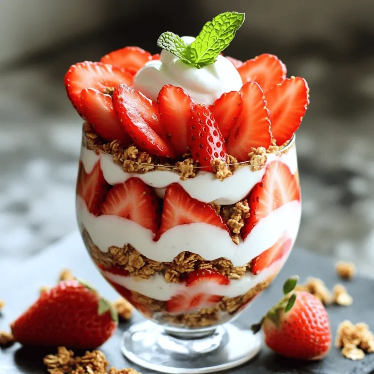 To make the Protein Strawberry Shortcake Parfait, gather these key items: - 2 cups Greek yogurt (plain or vanilla) - 1 scoop vanilla protein powder - 2 cups fresh strawberries, hulled and sliced - 1 cup granola (preferably low-sugar) - 1 teaspoon vanilla extract You can add your own twist with these options: - 1 tablespoon honey or maple syrup (for added sweetness) - Fresh mint leaves for garnish For Greek yogurt, I love using Fage or Chobani. They have a great texture and taste. For protein powder, Optimum Nutrition is my go-to. It blends well and adds nice flavor. Choose a low-sugar granola like Nature Valley for crunch without too much sweetness. Remember, the right brands can make your parfait even tastier! First, grab a medium bowl. Add 2 cups of Greek yogurt. This will make your parfait creamy and rich. Next, add one scoop of vanilla protein powder. This boosts protein and flavor. If you like, add 1 tablespoon of honey or maple syrup for sweetness. Finally, mix in 1 teaspoon of vanilla extract. Stir everything well until smooth. Your yogurt mixture should be thick and creamy. Now comes the fun part: layering! Start with a clear parfait glass or bowl. Add about 1/3 of the yogurt mixture as the first layer. Next, slice 2 cups of fresh strawberries. Place half of them on top of the yogurt. The berries add freshness and color. Sprinkle a layer of granola on top. This adds crunch and texture. Repeat the layers with the remaining yogurt, strawberries, and granola. Finish with a dollop of yogurt on top. Add a few extra strawberry slices as decoration. For a stunning look, use clear glasses. This shows off your beautiful layers. You can also garnish with fresh mint leaves for color. This adds a nice touch and aroma. Serve your parfaits right away for the best taste. If you want more sweetness, drizzle a bit more honey on top. Enjoy this tasty treat that is also healthy! When you layer your parfait, think about color and texture. Start with a layer of yogurt. Next, add strawberries for a bright red splash. Then, top it with granola for crunch. Repeat this process. Aim for three layers or more for a stunning look. For the top, add a final scoop of yogurt. Place a few sliced strawberries on top. This makes it pop! You can swap Greek yogurt for any yogurt you like. If you want it dairy-free, use coconut yogurt. For the protein powder, try chocolate for a twist. You can skip the sweetener if your berries are sweet. Want less sugar? Use unsweetened yogurt and skip the maple syrup. Granola can change too; use oats or nuts instead. If you have extras, store them in the fridge. Use an airtight container to keep them fresh. The parfait will last for two days, but the granola may get soggy. To avoid this, store granola separately. When you're ready, layer it fresh on top. Enjoy your delicious treat later! {{image_2}} Want to add a twist? Try the chocolate version! Just swap the vanilla protein powder for chocolate. This change gives the parfait a rich flavor. You can still use Greek yogurt and strawberries. Add chocolate granola for a crunchy bite. The layers will be chocolatey and fruity. It’s a fun way to enjoy your parfait! To make this parfait vegan, choose plant-based yogurt. Almond or coconut yogurt works well. Use vegan protein powder too. You can keep the strawberries and granola. Drizzle maple syrup for extra sweetness. This version is dairy-free but still tasty. You won’t miss the dairy with these flavors! If you want a low-carb option, use sugar-free yogurt. Choose a protein powder that is low in carbs. You can skip the granola or use a low-carb version. Layer the strawberries with the yogurt mix. This parfait is light but still fills you up. It’s perfect for anyone watching their carbs! This parfait packs a healthy punch. Here’s what you get in one serving: - Calories: About 250 - Protein: 25 grams - Carbohydrates: 30 grams - Fat: 5 grams The Greek yogurt and protein powder boost the protein content. Granola adds carbs, while the fat comes from yogurt. Overall, it’s a great balance. Each ingredient brings its own perks: - Greek yogurt: High in protein and probiotics. It aids digestion and builds muscle. - Strawberries: Full of vitamins and antioxidants. They support heart health and boost immunity. - Granola: Provides fiber and energy. It helps with fullness and keeps you going. - Honey or maple syrup: Natural sweeteners that offer some vitamins and minerals. These ingredients work together to offer nutrition and taste. You can enjoy this parfait any time. Here are some ideas: - Breakfast: Start your day with a protein boost. - Snack: Perfect for a midday pick-me-up. - Dessert: A sweet treat that’s still healthy. Pair it with a piece of fruit or a handful of nuts for extra nutrition. Enjoy this parfait as part of a balanced meal plan. Yes, you can use frozen strawberries. Just thaw them before using. They will be soft but still tasty. This option works well if fresh strawberries are not available. The flavor will still shine through in your parfait. Plus, frozen strawberries can save you time and effort. To make a vegan version, swap Greek yogurt for a plant-based yogurt. Look for options made from almond, coconut, or soy. Use a vegan protein powder instead of whey. For sweetness, maple syrup is a great choice. This way, you can enjoy a creamy and tasty parfait without animal products. You can increase protein by adding nuts or seeds. Chia seeds or hemp seeds work great. You can also layer in some nut butter. This adds flavor and boosts protein at the same time. Additionally, consider adding more protein powder to the yogurt mix. This keeps your parfait healthy and satisfying. Making a delicious parfait requires key ingredients, smart steps, and creative options. We covered essential and optional ingredients, plus brands that stand out. You now know how to prepare your yogurt mixture and layer it for a stunning look. Remember the tips for perfect layering and ingredient swaps. Don't forget the variations for chocolate lovers or those needing vegan options. Enjoy the nutritional boosts and health gains from your parfait. This dessert is simple, fun, and a great fit for any meal plan.