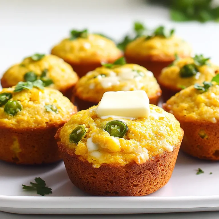 To make these savory cheddar jalapeño cornbread muffins, you will need: - 1 cup cornmeal - 1 cup all-purpose flour - 1 tablespoon baking powder - 1/2 teaspoon baking soda - 1/2 teaspoon salt - 1 cup buttermilk (or milk with 1 tablespoon lemon juice) - 1/4 cup unsalted butter, melted - 1 large egg - 1 cup sharp cheddar cheese, grated - 1-2 jalapeños, finely chopped (seeds removed for milder flavor) For a touch of sweetness, you can add: - 1 tablespoon honey This honey balances the heat from the jalapeños. You can also add spices like garlic powder or onion powder for more depth. If you don't have buttermilk, mix regular milk with lemon juice. If you lack sharp cheddar, feel free to use mild cheddar or pepper jack cheese. For a gluten-free option, use a gluten-free all-purpose flour blend. These swaps keep your muffins tasty and fun! Start by preheating your oven to 400°F (200°C). This high heat helps the muffins rise perfectly. Next, grab a muffin tin and line it with paper liners or lightly grease it. In a large bowl, mix the dry ingredients: cornmeal, all-purpose flour, baking powder, baking soda, and salt. This mix forms the base of your muffins. In another bowl, combine the wet ingredients. Whisk together buttermilk, melted butter, and one egg until smooth. Pour this mixture into the dry ingredients. Stir gently until just combined. Be careful not to overmix, or your muffins may turn out tough. Now it’s time to add flavor! Fold in the grated cheddar cheese and finely chopped jalapeños. If you like a hint of sweetness, add honey as well. Mix until everything is evenly distributed. Divide the muffin batter into your prepared tin. Fill each cup about three-quarters full for the best rise. Place the tin in your preheated oven. Bake for 15-20 minutes. The muffins should turn golden and a toothpick should come out clean when inserted in the center. Once baked, let the muffins cool in the tin for about five minutes. After that, transfer them to a wire rack to cool completely. For serving, enjoy these muffins warm, perhaps with a pat of butter on top. You can garnish them with fresh chopped cilantro or a slice of jalapeño for a pop of color. These simple touches make your muffins look and taste amazing. To get the best texture, mix your dry and wet ingredients gently. Overmixing makes muffins tough. Use fresh ingredients for better flavor. Sharp cheddar adds a nice kick. If you want a richer taste, try using buttermilk instead of regular milk. It gives a creamy texture and tangy flavor. One mistake is not measuring ingredients correctly. Too much flour can make your muffins dry. Another error is forgetting to preheat the oven. Baking in a cold oven can ruin the rise. Also, don’t skip the jalapeños. They bring a fantastic flavor. Lastly, let the muffins cool a bit before serving. This helps the flavors meld. To boost the jalapeño taste, consider using roasted jalapeños. Roasting brings out their natural sweetness and adds depth. You can also leave in a few seeds if you like heat. For a different twist, try adding jalapeño juice to the batter for extra zest. Pairing with fresh cilantro or lime also enhances the overall flavor. {{image_2}} You can swap sharp cheddar for other cheeses. Pepper jack adds heat and creaminess. Monterey Jack gives a mild flavor with a smooth texture. For a twist, try a mix of cheeses, like gouda or feta. This lets you play with flavors and find what you love. You can make these muffins vegetarian by simply omitting any meat. For gluten-free muffins, use a gluten-free flour blend. Be sure to check the blend has a good rise. You can also use almond flour or coconut flour mixed with cornmeal for a unique taste. If you want a sweeter muffin, add more honey. Start with an extra tablespoon and taste. For a more savory flavor, add herbs like thyme or rosemary. You can also add more jalapeños for extra spice. These tweaks let you create your perfect muffin. To keep your muffins fresh, let them cool fully. Place them in an airtight container. You can also use a resealable plastic bag. This keeps them moist. If you stack them, use parchment paper between layers. This helps prevent sticking. To reheat, preheat your oven to 350°F (175°C). Place the muffins on a baking sheet. Heat for about 10 minutes. You can also use a microwave. Heat each muffin for 15 to 20 seconds. This warms them up quickly, but it may make them a bit softer. You can freeze these muffins for up to three months. Wrap each muffin in plastic wrap. Then, place them in a freezer bag. Make sure to squeeze out the air before sealing. When ready to eat, thaw them in the fridge overnight. Reheat as described above for the best taste. Yes, you can use regular milk. To mimic buttermilk, add one tablespoon of lemon juice to one cup of milk. Let it sit for about five minutes. This trick gives your muffins a nice tang. It helps them rise well, too. To kick up the heat, add more jalapeños. You can also keep the seeds in for extra spice. Another option is to mix in some cayenne pepper or crushed red pepper flakes. These small changes make a big difference in flavor. These muffins pair well with chili or soup. They also taste great with butter or honey on top. For a fun twist, serve them with a dollop of sour cream. Consider adding a side salad for freshness. In this blog post, we explored making Savory Cheddar Jalapeño Cornbread Muffins. We covered key ingredients, easy steps for preparation, and helpful tips to get the best flavor. I shared variations to suit different tastes and ways to store leftovers. Each section guides you to bake muffins that are tasty and fun. With these insights, you can enjoy baking and sharing these muffins with others. Trust the process, and you’ll create a dish everyone loves. Dive into this experience and enjoy every bite!