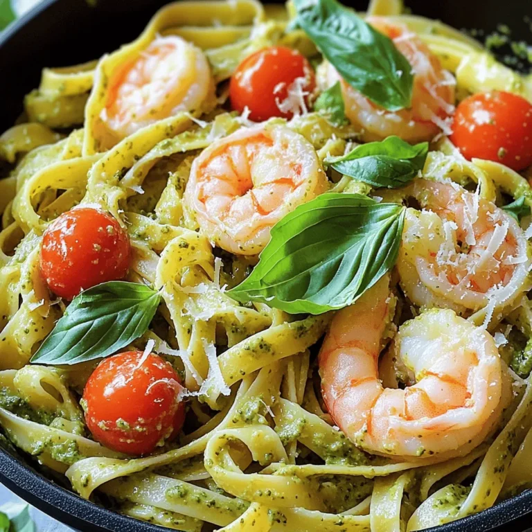 To make creamy pesto shrimp pasta, gather these simple ingredients: - 8 oz fettuccine or spaghetti - 1 lb jumbo shrimp, peeled and deveined - 2 tablespoons olive oil - 3 cloves garlic, minced - 1 cup heavy cream - 1/2 cup prepared basil pesto - 1/2 cup grated Parmesan cheese - Salt and pepper to taste - Fresh basil leaves for garnish - Cherry tomatoes, halved (for garnish) This creamy pesto shrimp pasta serves four and is a great choice for a weeknight meal. Each serving contains: - Calories: 550 - Protein: 30g - Carbohydrates: 50g - Fat: 25g - Fiber: 2g This dish offers a balance of protein, carbs, and healthy fats, making it a filling option. You can easily swap some ingredients for different flavors or dietary needs: - Use whole wheat or gluten-free pasta for a healthier option. - Substitute shrimp with chicken or tofu for a different protein. - Try a dairy-free cream alternative if you need a vegan dish. - Use homemade pesto for a fresher taste. These alternatives help you customize the dish to your liking while still keeping it delicious. Start by boiling water in a large pot. Add a pinch of salt to the water. Cook the pasta according to the package instructions for about 8-10 minutes. You want it to be al dente, meaning it should still have a slight bite. Once done, drain the pasta and save 1/2 cup of the pasta water. Set the pasta aside for now. In a large skillet, heat 2 tablespoons of olive oil over medium heat. Add 3 cloves of minced garlic and let it cook for about 1 minute. This will make your kitchen smell amazing! Next, add the pound of peeled and deveined shrimp to the skillet. Season the shrimp with salt and pepper. Cook each side for 2-3 minutes until the shrimp turns pink and opaque. Once cooked, remove the shrimp from the skillet and keep it warm on a plate. In the same skillet, lower the heat. Pour in 1 cup of heavy cream. Stir the cream gently and bring it to a simmer. Add 1/2 cup of prepared basil pesto and 1/2 cup of grated Parmesan cheese. Mix well until everything is combined and creamy. If the sauce feels too thick, add a bit of the reserved pasta water until you reach a smooth texture. Return the shrimp to the sauce and toss them gently to coat. Finally, add the cooked pasta to the skillet and mix until all the pasta is covered in that delicious creamy pesto sauce. Taste it, and if needed, add more salt and pepper. To make great pasta, start with a big pot of water. Use lots of salt in the water. This helps flavor the pasta. Cook the pasta until it's al dente. This means it’s firm, but not hard. Check the package for the right cooking time. Save half a cup of the pasta water. You can use this later to make the sauce even better. The key to a creamy sauce is heavy cream. When you add it to the garlic and oil, stir slowly. Let it heat up to a gentle simmer. This helps it blend well. If the sauce seems thick, add some pasta water. This will help it mix smoothly. Always stir in the pesto and cheese next. This adds flavor and creaminess. Taste is key! After mixing everything, taste the dish. Add salt and pepper as needed. You can also try garlic powder or red pepper flakes for more flavor. If you love herbs, fresh basil is great on top. Cherry tomatoes add a nice touch too. They give color and freshness to the dish. {{image_2}} You can easily make this dish vegetarian. Instead of shrimp, use mushrooms or zucchini. Both add great texture. You can also add more veggies like bell peppers or spinach. Just sauté them with garlic before adding the cream. This will give your dish a fresh and colorful look. If you need a gluten-free meal, swap regular pasta for gluten-free pasta. Many options are available, like rice or quinoa pasta. They cook similarly to regular pasta. Ensure you check the package for cooking times. The creamy pesto sauce works well with any pasta type. To boost flavor, try adding lemon juice or zest. This will brighten the dish and make it pop. For heat, add red pepper flakes while cooking the shrimp. You can also experiment with different herbs. Try adding fresh parsley or thyme for a unique twist. These small changes can make your meal even tastier! To keep your creamy pesto shrimp pasta fresh, store it in an airtight container. Make sure to cool the pasta to room temperature first. This way, it won't steam inside the container and create moisture. You can store it in the fridge for up to three days. If you want to keep it longer, consider freezing. When it's time to enjoy the leftovers, reheat the pasta gently. You can use the microwave or the stovetop. If using the microwave, heat it in short bursts. This prevents overcooking. If using the stovetop, add a splash of water or cream to help loosen the sauce. Stir frequently until it’s warm. To freeze this dish, first, let it cool completely. Then, place it in a freezer-safe container. It can last up to three months in the freezer. When you’re ready to eat, thaw it overnight in the fridge. Reheat as mentioned before. This keeps the flavors and texture intact. Yes, you can use frozen shrimp. Just remember to thaw them first. Place the shrimp in a bowl of cold water for about 15 minutes. Make sure they are fully thawed before cooking. This way, they will cook evenly. Cook the shrimp as you normally would in the recipe. They will turn pink and opaque when done. To add spice, try these simple tips. You can add red pepper flakes while cooking. Start with a pinch and taste as you go. You can also use spicy pesto instead of regular pesto. Another option is to add a dash of hot sauce to the creamy sauce. Adjust the spice to your taste. If you want to avoid heavy cream, you have options. You can use half-and-half for a lighter sauce. Another good choice is coconut milk for a dairy-free option. Greek yogurt can also work but will change the texture. Just mix it in slowly and adjust to your liking. This blog covered key steps to making a delicious creamy pesto shrimp pasta. We explored the ingredients, showed how to prepare the pasta, cook the shrimp, and create the sauce. I provided tips for cooking and options for different diets. Remember to store your dish correctly to keep it fresh. You can customize the recipe to suit your taste and needs. Enjoy trying new flavors! Happy cooking!