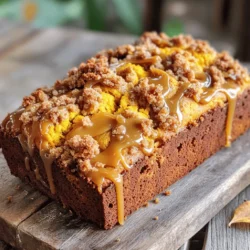 - 1 ½ cups all-purpose flour - 1 teaspoon baking soda - ½ teaspoon baking powder - ½ teaspoon salt - 1 teaspoon ground cinnamon - ½ teaspoon ground nutmeg - ¼ teaspoon ground ginger - ½ cup granulated sugar - ½ cup brown sugar, packed - ½ cup vegetable oil - 2 large eggs - 1 cup pumpkin puree - 1 teaspoon vanilla extract - ½ cup walnuts or pecans, chopped (optional) - ½ cup caramel sauce - ½ cup all-purpose flour - ¼ cup brown sugar, packed - ½ teaspoon ground cinnamon - ¼ cup unsalted butter, melted - Pinch of salt To make caramel pumpkin bread streusel, you need to gather your ingredients first. The dry ingredients include flour, baking soda, baking powder, salt, and spices. Ground cinnamon, nutmeg, and ginger give this bread its warm flavor. Next, for the wet ingredients, you will mix sugars and oil with eggs and pumpkin puree. Vanilla extract adds a nice touch. If you want some crunch, chop walnuts or pecans to add. Finally, caramel sauce will make the bread sweet and rich. The streusel topping is simple. Mix flour, brown sugar, cinnamon, melted butter, and a pinch of salt. This topping will give your bread a nice crunchy layer. Having all these ingredients ready will make your baking fun and easy. You can create a tasty, sweet treat that everyone loves! - Step 1: Preheat your oven to 350°F (175°C). Greasing a 9x5-inch loaf pan helps the bread pop out easily. You can also line it with parchment paper for easy removal. - Step 2: In a medium bowl, mix together 1 ½ cups of flour, 1 teaspoon of baking soda, ½ teaspoon of baking powder, ½ teaspoon of salt, 1 teaspoon of ground cinnamon, ½ teaspoon of ground nutmeg, and ¼ teaspoon of ground ginger. Make sure it’s well combined and set aside. - Step 3: In a large mixing bowl, combine ½ cup granulated sugar, ½ cup brown sugar, and ½ cup vegetable oil. Stir them together until they blend well. Add in 2 large eggs, 1 cup of pumpkin puree, and 1 teaspoon of vanilla extract. Beat until the mixture is smooth. - Step 4: Gradually add the dry ingredients to the wet mixture. Stir gently until just combined. If you want, fold in ½ cup of chopped walnuts or pecans for extra crunch. - Step 5: Pour half of the batter into the prepared loaf pan. Drizzle half of the ½ cup caramel sauce on top. Repeat with the remaining batter and caramel. You’ll create a lovely layered effect. - Step 6: To make the streusel topping, combine ½ cup of flour, ¼ cup of brown sugar, and ½ teaspoon of ground cinnamon in a small bowl. Add ¼ cup of melted unsalted butter and a pinch of salt. Mix with a fork until it looks crumbly. - Step 7: Evenly sprinkle the streusel topping over the batter in the loaf pan. This will give your bread a tasty crunch. Now you’re ready to bake! Enjoy the sweet aroma that fills your kitchen as it bakes. To ensure your caramel pumpkin bread has a moist texture, use fresh pumpkin puree. You can also add a bit more oil if needed. This will keep the bread soft and tender. Bake the bread at 350°F (175°C) for 55 to 65 minutes. Check for doneness by inserting a toothpick in the center. If it comes out with a few moist crumbs, it’s ready. Serve your bread warm for the best flavor. Drizzle extra caramel sauce on top for a sweet touch. You can also add a scoop of vanilla ice cream or a dollop of whipped cream for extra delight. Pair this treat with a hot cup of coffee or spiced chai. The flavors will blend perfectly, making every bite a joy. Avoid overmixing the batter when combining wet and dry ingredients. This can lead to a tough texture. Mix gently until just combined for the best results. Let the bread cool properly before slicing. If you cut it too soon, it may fall apart. Cooling for at least 10 minutes in the pan helps keep its shape. {{image_2}} You can easily make this recipe fit different diets. For a gluten-free option, use a gluten-free flour blend instead of all-purpose flour. This will keep the bread soft and tasty. If you want a vegan version, replace the eggs with flax eggs. Mix one tablespoon of ground flaxseed with three tablespoons of water. Let it sit for a few minutes until it thickens. You can swap vegetable oil with coconut oil or applesauce for moisture. You can boost the flavor of your caramel pumpkin bread. Adding chocolate chips gives a sweet twist. Try dark or semi-sweet chips for a rich taste. Dried fruit, like cranberries or raisins, can add a nice chewiness. You can also experiment with different nuts. Pecans and walnuts add a crunchy texture, but you could use almonds or hazelnuts for a change. Seasonal changes can make this bread even more fun. Swap pumpkin puree with sweet potato for a different base. Sweet potato has a lovely flavor and pairs well with the spices. You can also play with spices. Adding allspice or clove can give a warm, cozy taste. This is perfect for fall or winter gatherings. To keep your caramel pumpkin bread fresh, wrap it tightly in plastic wrap. This helps prevent air from drying it out. You can also place it in an airtight container. It keeps well for several days at room temperature. If you want to save some for later, freeze the bread. First, let it cool completely. Then, wrap it well in plastic wrap and foil. This protects it from freezer burn. When you are ready to eat it, thaw it in the fridge overnight. To warm it up, pop it in the oven at 350°F for about 10-15 minutes. At room temperature, this bread lasts for about 3-5 days. After that, it may start to spoil. Look for signs like a sour smell or mold. If you see any of these, it’s best to toss it. Enjoy this delightful treat while it’s fresh! Caramel pumpkin bread streusel is a sweet and moist bread. It blends pumpkin puree with warm spices like cinnamon and nutmeg. The caramel sauce adds a rich, sweet layer. When you take a bite, you feel the soft bread and crunchy streusel topping. The streusel has a buttery, crumbly texture that contrasts nicely with the bread. Together, they create a delightful mix of flavors and textures. Yes, you can prepare this recipe ahead. Bake the bread, then let it cool completely. Wrap it in plastic wrap or foil. Store it at room temperature for up to three days. If you want to keep it longer, you can freeze it. Slice the bread before freezing for easy servings. Just remember to thaw it in the fridge overnight before enjoying. To adjust the sweetness, you have a few options. You can reduce the amount of granulated sugar and brown sugar by ¼ cup. This change will still keep the bread tasty. Alternatively, you can use natural sweeteners like maple syrup or honey. Just remember, if you use liquids, you may need to adjust other wet ingredients. This way, you can find the perfect balance for your taste. In summary, making caramel pumpkin bread with streusel is easy and fun. You blend dry and wet ingredients, layer in caramel sauce, and top with a sweet streusel mix. Remember to avoid overmixing and let your bread cool before serving. Feel free to adjust for diet needs or explore new flavors. This recipe not only tastes great, but it also adds a cozy touch to any meal. Enjoy your baking journey and share this treat with others!