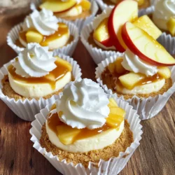 - 1 cup graham cracker crumbs - 3 tablespoons unsalted butter, melted - 2 cups cream cheese, softened - 1 cup powdered sugar - 1 teaspoon vanilla extract - 1 cup apple pie filling - 1/2 teaspoon cinnamon - 1/4 cup caramel sauce (plus extra for drizzling) - Whipped cream, for topping - Fresh apple slices, for garnish These ingredients come together to form tasty mini caramel apple cheesecakes. Each item plays a big role. Graham cracker crumbs create a crunchy base. They mix well with melted butter, giving a rich flavor. Cream cheese makes the filling creamy and smooth. It pairs perfectly with powdered sugar and vanilla extract. These add sweetness and flavor. Apple pie filling brings a delicious fruity taste. Adding cinnamon gives it a warm spice. Caramel sauce is what makes these cheesecakes special. You can drizzle extra on top for more sweetness. Finally, whipped cream and fresh apple slices add a beautiful finish. They make each cheesecake look and taste great. Gather these items before starting your mini cheesecake adventure! 1. Preheat the oven and prepare muffin tin: Start by preheating your oven to 325°F (160°C). This step is key for even baking. Line a muffin tin with cupcake liners. The liners help with easy removal later. 2. Prepare the crust with graham cracker mixture: In a medium bowl, mix 1 cup of graham cracker crumbs and 3 tablespoons of melted unsalted butter. Stir until the crumbs feel damp and crumbly. This mixture forms the base of your mini cheesecakes. 3. Bake the crust and cool: Press about 1 tablespoon of the crumb mixture into each cupcake liner. Bake these for 5-7 minutes until they are set. Once done, take them out and let them cool. 1. Mix cream cheese, sugar, and vanilla: In a large mixing bowl, beat 2 cups of softened cream cheese until it is smooth. Gradually add 1 cup of powdered sugar and 1 teaspoon of vanilla extract. Mix until it is well blended. 2. Add apple pie filling and cinnamon: Gently fold in 1 cup of apple pie filling and 1/2 teaspoon of cinnamon. This gives your filling a warm, cozy flavor. Make sure everything is combined well, but don't overmix. 1. Spoon filling into crusts: Now, spoon the cheesecake mixture into each cooled crust. Fill each liner about 2/3 of the way full. This allows room for rising. 2. Bake and allow to cool before chilling: Bake the mini cheesecakes for 20-25 minutes until the centers are set. Let them cool at room temperature. After that, refrigerate them for at least 2 hours to firm up. With these steps, you’ll create delightful mini caramel apple cheesecakes that are sure to impress! - Ensuring the cream cheese is at room temperature: Start with cream cheese that is soft. This makes mixing easy and helps you avoid lumps. Leave it out for about 30 minutes before you start. - Avoiding overmixing the filling: Mix until it is smooth. Overmixing can introduce too much air, leading to cracks in your cheesecakes. Blend just until combined for a creamy texture. - Checking for doneness: When baking, look for a slight jiggle in the center. They will continue to set as they cool. If they puff up too much, they might dry out. - Presentation ideas with whipped cream and caramel drizzle: Top each cheesecake with a swirl of whipped cream. Drizzle caramel sauce over it for a sweet touch. This makes each cheesecake look extra special. - Using various garnish options such as nuts: Sprinkle chopped nuts, like pecans or walnuts, on top for added crunch. Fresh apple slices also add color and a fresh taste. Choose your favorite toppings to make them unique. {{image_2}} You can have fun with flavors in your mini caramel apple cheesecakes. Instead of apple pie filling, try different pie fillings. Cherry and pumpkin fillings work great too. Each option brings a new taste that can surprise your guests. You can also swap out spices. If you want a twist, use nutmeg instead of cinnamon. This small change can give your cheesecakes a warm and cozy vibe. Mixing flavors keeps things exciting and lets you create a special treat. If you need gluten-free options, you can change the crust. Use gluten-free graham cracker crumbs or almond flour for a tasty base. This way, everyone can enjoy the dessert without worry. For those watching their sugar intake, consider using sugar-free sweeteners. Look for options like stevia or erythritol. These substitutes can help keep the flavor while lowering the sugar content, making it easier to enjoy this treat guilt-free. To keep your mini caramel apple cheesecakes fresh, refrigerate them right away. Place them in an airtight container. This keeps out air and moisture. The cheesecakes stay tasty for up to five days. Always check for any signs of spoilage before eating. If you notice any off smells or colors, it's best to throw them away. You can freeze these mini cheesecakes to enjoy later. Start by letting them cool completely. Once cool, place them in a single layer in an airtight container. You can also wrap them in plastic wrap first for extra protection. They can last up to three months in the freezer. When you want to eat one, take it out and thaw it in the fridge overnight. This helps keep the texture smooth and creamy. Enjoy your treat when it's ready! Yes, you can make mini caramel apple cheesecakes ahead of time. They taste great when chilled overnight. Just follow the recipe and let them cool. After that, store them in the fridge. This makes them easy to serve for parties or gatherings. If you need a substitute for cream cheese, try using Greek yogurt or ricotta cheese. Both options give a creamy texture. You can also use vegan cream cheese for a dairy-free version. Adjust the sweetness in the recipe, as these substitutes might be less sweet than cream cheese. Leftover mini cheesecakes can last about 4 to 5 days in the fridge. Store them in an airtight container to keep them fresh. If they have caramel or whipped cream, they may not last as long. Always check for signs of spoilage before eating. These mini caramel apple cheesecakes are easy to make and fun to enjoy. We talked about the ingredients, preparation steps, and baking tips. We even covered variations and storage options. Now, you can impress your friends with these delicious treats. Don’t hesitate to try different flavors or adjust for dietary needs. With these simple steps, you’ll create a dessert that delights every time. Happy baking!