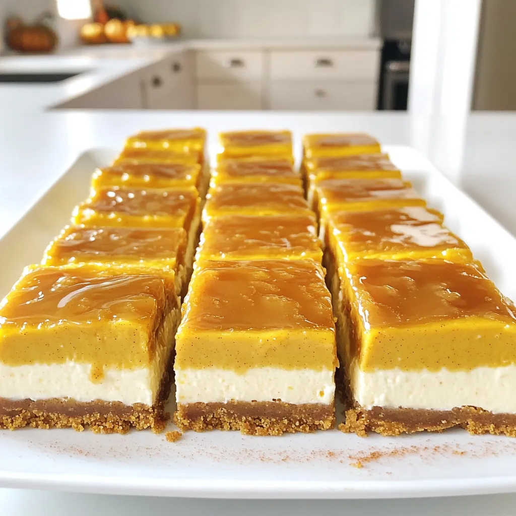 To make these delicious caramel drizzle pumpkin cheesecake bars, gather these key items: - 1 ½ cups graham cracker crumbs - ½ cup unsalted butter, melted - ¼ cup brown sugar - 2 cups cream cheese, softened - 1 cup pumpkin puree - 1 cup granulated sugar - 3 large eggs - 1 teaspoon vanilla extract - 1 teaspoon ground cinnamon - ½ teaspoon ground nutmeg - ½ teaspoon ground ginger - ¼ teaspoon salt - ½ cup caramel sauce (plus extra for drizzling) These ingredients create a rich and creamy cheesecake with a sweet crust that pairs perfectly with caramel. If you have dietary needs, you can swap some ingredients: - Use gluten-free graham cracker crumbs to make the crust gluten-free. - Swap out cream cheese for a dairy-free cream cheese for a vegan option. - Replace eggs with flax eggs (1 tablespoon ground flaxseed + 2.5 tablespoons water per egg) for an egg-free version. - Use coconut sugar instead of granulated sugar for a less processed sweetener. These changes keep the essence of the bars while making them more inclusive. You might not have all ingredients at hand. Here are some easy substitutes: - For graham cracker crumbs, use crushed cookies like Digestive biscuits or vanilla wafers. - If you run out of brown sugar, mix white sugar with a bit of molasses for a quick fix. - Pumpkin puree can be replaced with mashed sweet potatoes or butternut squash. - For caramel sauce, homemade or store-bought works well. You can even use chocolate sauce for a twist. These substitutions ensure you can still enjoy the bars, even if you're missing an ingredient. To start, preheat your oven to 350°F (175°C). This step is key for a great crust. Next, take a medium bowl and mix together the graham cracker crumbs, melted butter, and brown sugar. Use a spoon and stir until the mix looks like wet sand. Now, press this mixture firmly into the bottom of a lined 9x13 inch baking dish. Make sure it’s even. Bake this crust for about 8-10 minutes until it turns slightly golden. After baking, let it cool for a bit. In a large bowl, beat the softened cream cheese until it’s smooth. I like to use a hand mixer for this part. Next, slowly add in the pumpkin puree and granulated sugar. Mix until you see no lumps. Now, it’s time to add the eggs. Add them one by one, mixing well after each. This helps keep the filling creamy. Then, mix in the vanilla extract, ground cinnamon, nutmeg, ginger, and salt. Make sure everything blends well. Carefully pour the cheesecake filling over the cooled crust. Spread it out evenly. Bake in the oven for 28-32 minutes. The edges should be set, but the center can still jiggle a little. Once done, take it out and let it cool in the dish for at least one hour. After that, place it in the fridge for at least four hours, or overnight if you can wait. When chilled, lift the cheesecake bars out of the dish using the parchment paper edges. Cut them into squares. Drizzle with caramel sauce just before serving to add that sweet touch! To make a great crust, use fresh graham cracker crumbs. This adds a nice flavor. Mix them with melted butter and brown sugar. It should feel like wet sand. Press this mixture firmly into the baking dish. Make sure it is even and compact. Bake it until it turns golden, which takes about 8-10 minutes. Let it cool before adding the filling. A cool crust helps keep the cheesecake from getting soggy. For a smooth filling, use softened cream cheese. Beat it until it is fluffy. Add pumpkin puree and sugar slowly. Mix until everything blends well. Add eggs one at a time. This helps keep the mixture light. Don’t forget the spices: cinnamon, nutmeg, and ginger. These flavors make the bars special. Mix until the filling is creamy and smooth. Pour it gently over the crust for a nice layer. Drizzling caramel sauce is simple and fun. Warm the caramel slightly to make it easier to pour. Use a spoon or squeeze bottle to drizzle it. Start at one edge and move across the bars. This creates a beautiful pattern. Drizzle just before serving to keep it fresh. You can also add a little extra on the plate for flair. Don’t be shy with the caramel; it adds sweetness and richness! {{image_2}} You can add fun flavors to your bars. Try mixing in chocolate chips for a sweet twist. You can also include chopped nuts like pecans or walnuts for added crunch. If you love spices, add a pinch of allspice or cloves to the filling. This can create a warm, cozy flavor that pairs well with pumpkin. Want a gluten-free version? Use gluten-free graham crackers for the crust. For a vegan twist, swap the cream cheese for vegan cream cheese. Use flax eggs instead of regular eggs. This means mixing one tablespoon of ground flaxseed with three tablespoons of water for each egg. You can also replace the butter with coconut oil. This keeps the bars creamy while making them plant-based. These bars shine when served with a few extras. Pair them with whipped cream for a rich taste. A scoop of vanilla ice cream also works well. You can serve them on a platter with a sprinkle of cinnamon. Drizzle extra caramel sauce on top for a sweet finish. For a drink, serve with warm apple cider or a spiced latte. This will enhance the cozy autumn vibe of your dessert. To keep your caramel drizzle pumpkin cheesecake bars fresh, store them in the fridge. Use an airtight container to prevent drying. If you have leftovers, place them in the container after they cool completely. This way, they stay moist and tasty for your next snack. You can freeze these cheesecake bars for long-term storage. Cut them into squares and wrap each piece tightly in plastic wrap. Then, place them in a freezer-safe bag or container. Make sure to label the bag with the date. They last up to three months in the freezer. When you're ready to enjoy them, let them thaw in the fridge overnight. How long do these bars last in the fridge? They last about five days when stored correctly. If you notice any change in smell or texture, it’s best to toss them. Can you freeze them? Yes, freezing is a great option for longer storage. Just remember to wrap them well! Yes, you can use pumpkin pie filling. It adds spices and sugar. This can change the flavor a bit. If you prefer a less sweet taste, stick with pumpkin puree. It gives a more natural pumpkin flavor. These bars last about five days in the fridge. Keep them in an airtight container. This helps them stay fresh and tasty. You can also freeze them for up to three months. Just wrap them well before freezing. Yes, you can prepare these bars ahead of time. Make them a day or two before serving. Just remember to chill them for at least four hours. This lets the flavors meld together. Drizzle the caramel just before serving to keep it fresh. You learned about the key ingredients for pumpkin cheesecake bars and how to adjust them. We explored step-by-step instructions for the crust and creamy filling. You gained tips for a perfect texture and a delicious caramel drizzle. Remember, you can customize flavors and meet dietary needs with easy swaps. Store leftovers properly to enjoy these treats later. Embrace the joy of baking, and make these bars your own! Happy baking!