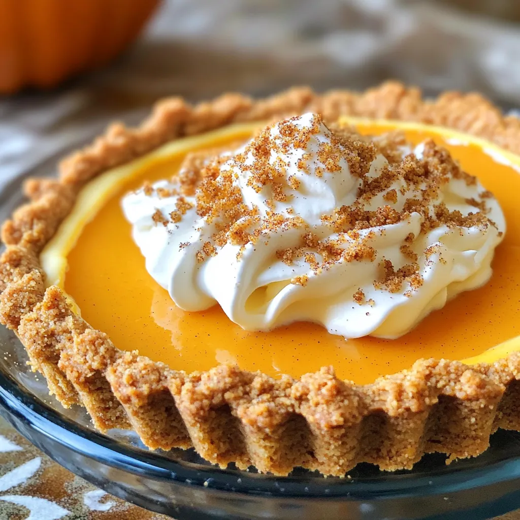 - 1 pre-made graham cracker or shortcrust pastry shell - 1 cup cream cheese, softened - 1 cup pumpkin puree (canned or freshly made) - 1/2 cup granulated sugar - 1/4 cup brown sugar - 2 large eggs - 1 teaspoon vanilla extract - 1 tablespoon pumpkin pie spice - 1/2 teaspoon salt - 1/2 cup all-purpose flour - 1/4 cup oats - 1/4 cup brown sugar - 1/4 cup unsalted butter, melted - 1/2 teaspoon cinnamon - Whipped cream - Pumpkin pie spice for sprinkling Gathering the right ingredients is key to making this pumpkin cream cheese tart shine. You start with a pre-made pastry shell. This saves time and keeps things simple. Next, the cream cheese needs to be softened. Soft cream cheese blends easily with other ingredients. Pumpkin puree adds that rich flavor. You can use canned puree or make your own. After that, you will mix in granulated and brown sugar. The sugars sweeten the tart and add depth. Two large eggs act as a binder. They help hold the filling together. Vanilla extract adds warmth, while pumpkin pie spice brings that classic fall flavor. Finally, a pinch of salt balances the sweetness and enhances taste. For the streusel topping, you’ll need flour, oats, brown sugar, melted butter, and cinnamon. This mixture creates a crunchy topping that contrasts nicely with the creamy filling. Optional garnishes like whipped cream and a sprinkle of pumpkin pie spice make the tart look beautiful and festive. These simple touches elevate each slice into a treat. With these ingredients, you are ready to create a delicious pumpkin cream cheese tart that everyone will love. - Preheat the oven to 350°F (175°C). This helps the tart bake evenly. - Prepare the pastry shell by placing it in a tart pan. This makes it easy to fill. - Beat the softened cream cheese until smooth. This creates a nice base for your filling. - Incorporate pumpkin puree and sugars. Mix well to combine all the flavors. - Pour the pumpkin cream cheese mixture into the pastry shell. Spread it evenly for a nice look. - Prepare and sprinkle the streusel topping over the filling. This adds a crunchy layer. - Bake for 45-50 minutes until set. The filling should be firm and the top golden. - Allow the tart to cool for at least 30 minutes before slicing. This helps the filling set up better. For best results, refrigerate for about an hour before serving. To get the best texture, start with softened cream cheese. Cold cream cheese makes it hard to mix. Let it sit out for about 30 minutes before you use it. This way, it blends well with the other ingredients. Use an electric mixer to beat the cream cheese until it's smooth and creamy. Mix slowly at first to avoid splatter, then speed up as it combines. Adding spices can take your tart to the next level. Pumpkin pie spice is a great start, but don’t stop there. You can add a pinch of nutmeg or ginger for a warm kick. Check the sweetness, too. Taste the mixture before pouring it into the crust. If it needs more sweetness, add a bit more granulated sugar or brown sugar. Presentation makes your tart look fancy. Serve each slice with a dollop of whipped cream on top. A sprinkle of pumpkin pie spice adds a nice touch. For drinks, pair it with a warm spiced cider or a cup of coffee. The flavors complement each other well. Enjoy your delicious creation! {{image_2}} If you want a gluten-free crust, use almond flour or gluten-free biscuits. Many stores sell gluten-free options that taste great. You can also make your own with ground nuts and butter. For a dairy-free version, swap the cream cheese with a plant-based cream cheese. Look for brands that use cashews or coconut. These options work well and keep the tart creamy. Want to switch it up? Try flavored tarts like chocolate or caramel. Adding cocoa powder to the cream cheese mix gives a rich twist. You can also fold in toasted nuts, like pecans or walnuts, for a crunchy texture. Consider adding a hint of citrus. A little orange or lemon zest brightens the flavor. Just a teaspoon can change the whole taste of the tart. Spices can change with the seasons. Add nutmeg or ginger for a warm winter feel. For spring, try a fresh herb like mint for a cool taste. Deciding between fresh or canned pumpkin? Fresh pumpkin gives a pure flavor. Canned pumpkin is easy and still tasty. Both work well, so use what you have. To store the pumpkin cream cheese tart in the fridge, cover it tightly with plastic wrap or aluminum foil. This keeps it fresh and prevents it from absorbing other smells. You should store it in the fridge for up to five days. If you want to save some tart for later, freezing is a great option. First, let the tart cool completely. Then, wrap it well in plastic wrap and aluminum foil to stop freezer burn. You can freeze the tart for up to three months. When you're ready to enjoy it, thaw it in the fridge overnight. To check if your tart is still good, look for any off smells, mold, or a change in texture. If it smells sour or has a watery layer, it's best to toss it. To keep the flavor and texture nice, slice and store pieces separately. This way, you can enjoy it fresh each time! Yes, you can make this tart ahead of time. It stays fresh for days. I recommend baking it a day before you serve it. After baking, let it cool completely. Then, cover it with plastic wrap and place it in the fridge. This will help the flavors blend well. Just remember to let it sit at room temperature for a bit before slicing. If you need a substitute for cream cheese, there are a few options. You can use mascarpone cheese for a similar taste. Greek yogurt is another great option. It will make the tart a bit tangy but still creamy. Silken tofu can work too if you want a dairy-free choice. Just blend it until smooth. The tart can last about 4 to 5 days in the fridge. Make sure to store it in an airtight container. This keeps it fresh and safe to eat. If you notice any strange smells or changes in texture, it’s best to throw it away. Always trust your senses when it comes to food safety. Absolutely! A homemade pastry shell can be even better. It lets you control the flavor and texture. You can use a basic pie crust recipe or a graham cracker crust. Just make sure it is baked and cooled before adding the filling. This step will ensure the tart holds its shape and tastes fresh. This pumpkin cream cheese tart brings together rich flavors and a perfect texture. You learned how to prepare it step-by-step, from mixing the filling to creating a crunchy streusel topping. I shared tips on enhancing flavors, dietary tweaks, and storage methods to keep it fresh. In the end, this tart is a versatile treat for any occasion. Whether you stick to the classic recipe or try a twist, you can't go wrong. Enjoy the process and the delicious result!