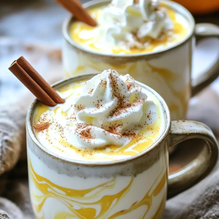 To make rich Pumpkin Spice White Hot Chocolate, you need: - 2 cups whole milk - 1 cup heavy cream - 1 cup white chocolate chips - 1/2 cup pumpkin puree - 1 teaspoon vanilla extract - 1 teaspoon pumpkin pie spice (plus extra for garnish) - Whipped cream for topping - Cinnamon sticks for garnish (optional) These ingredients create a warm, creamy drink that warms your heart. You can swap out some ingredients if needed. Here are some ideas: - Use almond milk or oat milk instead of whole milk for a lighter option. - Coconut cream can replace heavy cream for a dairy-free version. - If you don't have white chocolate chips, try using white chocolate bars. Just chop them up. - Use pumpkin spice mix if you lack pumpkin pie spice. These swaps can still give you a delicious drink! You'll need a few tools to make this drink: - A medium saucepan to heat your ingredients. - A whisk or spoon to stir everything well. - Mugs for pouring and serving your hot chocolate. Having the right equipment makes the process easier and more enjoyable! Start by pouring 2 cups of whole milk and 1 cup of heavy cream into a medium saucepan. Set the stove to medium heat. Stir gently to mix the milk and cream. Keep stirring until it’s warm but not boiling. This step is key. You want a smooth base for your drink. Next, add 1 cup of white chocolate chips to the warm milk mix. Stir continuously to help the chocolate melt. It should become smooth and creamy. This part adds a sweet richness to your drink. Keep stirring until all the chips melt completely. Now it's time for the fun flavors! Add 1/2 cup of pumpkin puree to the mix. Then add 1 teaspoon of vanilla extract. Finally, sprinkle in 1 teaspoon of pumpkin pie spice. Stir well to combine everything. Heat this mixture until it’s warm to your liking, but don’t let it boil. Once you have a smooth and flavorful blend, take it off the heat. Pour the pumpkin spice white hot chocolate into mugs. Top each mug with whipped cream. For a pretty touch, sprinkle extra pumpkin pie spice on top. You can even add a cinnamon stick for garnish if you like! To make your pumpkin spice white hot chocolate super creamy, you need whole milk and heavy cream. These two create a rich base. Heat them gently in a pot. Always stir so they do not scorch. When you add white chocolate chips, keep stirring until they melt fully. This step is key. The smoother your mixture, the creamier your drink. Everyone has their own taste. You can adjust the sweetness to fit your needs. If you like it sweet, add more white chocolate chips. For a less sweet drink, use less. You can also add a bit of sugar if needed. Taste as you go. This way, you find the right balance for you. Presentation can make your drink special. Serve the hot chocolate in nice mugs. Top it with a generous swirl of whipped cream. A sprinkle of pumpkin pie spice adds flavor and visual appeal. For an extra touch, add a cinnamon stick to each mug. It looks great and adds more flavor. Enjoy this cozy drink with friends or family for a warm gathering. {{image_2}} You can easily make this drink dairy-free. Use almond milk or oat milk instead of whole milk. Coconut cream works great in place of heavy cream. For a rich taste, try using dairy-free white chocolate chips. It gives that sweet flavor without the dairy. You can boost the flavor of your pumpkin spice white hot chocolate. Add a pinch of nutmeg for warmth. A splash of maple syrup can add sweetness and depth. If you love a bit of spice, try adding a dash of cayenne pepper. This adds a fun kick to your drink. You can also mix in some caramel sauce for a sweet twist. Want a cold treat? You can turn this hot drink into an iced version. First, make the hot chocolate as usual. Then let it cool completely. Pour it over ice in a large glass. Top with whipped cream and a sprinkle of pumpkin pie spice. This is a refreshing twist for warm days or if you just love iced drinks. To keep your pumpkin spice white hot chocolate fresh, pour any leftovers into a clean container. Make sure the container has a lid. Store it in the fridge for up to three days. If you want to keep it longer, consider freezing it. Use freezer-safe bags or containers. Leave some space for the liquid to expand. When you are ready to enjoy your drink again, take it out of the fridge. Pour the pumpkin spice white hot chocolate into a saucepan. Heat it over low to medium heat. Stir often until it's warm. Avoid boiling it, as this can change the texture. If frozen, let it thaw overnight in the fridge before reheating. The white hot chocolate lasts about three days in the fridge. However, for the best taste, drink it within two days. If you see any changes in color or smell, it’s best to discard it. Always check for freshness before enjoying. Keeping it sealed tight helps maintain its creamy delight. Yes, you can use milk alternatives. Almond, oat, and soy milk work well. Each option adds a unique taste. Choose one that you enjoy. Make sure it’s unsweetened for the best flavor balance. You can use white chocolate bars, chopped into small pieces. If you're looking for dairy-free, try vegan white chocolate. You could also use sweetened condensed milk for a rich flavor. Just adjust the amount of sugar in the recipe. To make this recipe vegan, swap the whole milk and heavy cream for coconut or almond milk. Use vegan white chocolate chips, too. Pumpkin puree is already vegan, so it works perfectly. Follow the same steps to make your creamy delight! We explored all the key steps to make a great Pumpkin Spice White Hot Chocolate. From the ingredients and substitutions to the tools you'll need, each part plays a vital role. You learned how to heat your milk, melt white chocolate, and combine flavors for the perfect blend. Remember to customize your drink and consider the suggested variations. Store extras correctly for best flavor. With this knowledge, you can create a delicious treat. Enjoy every sip!