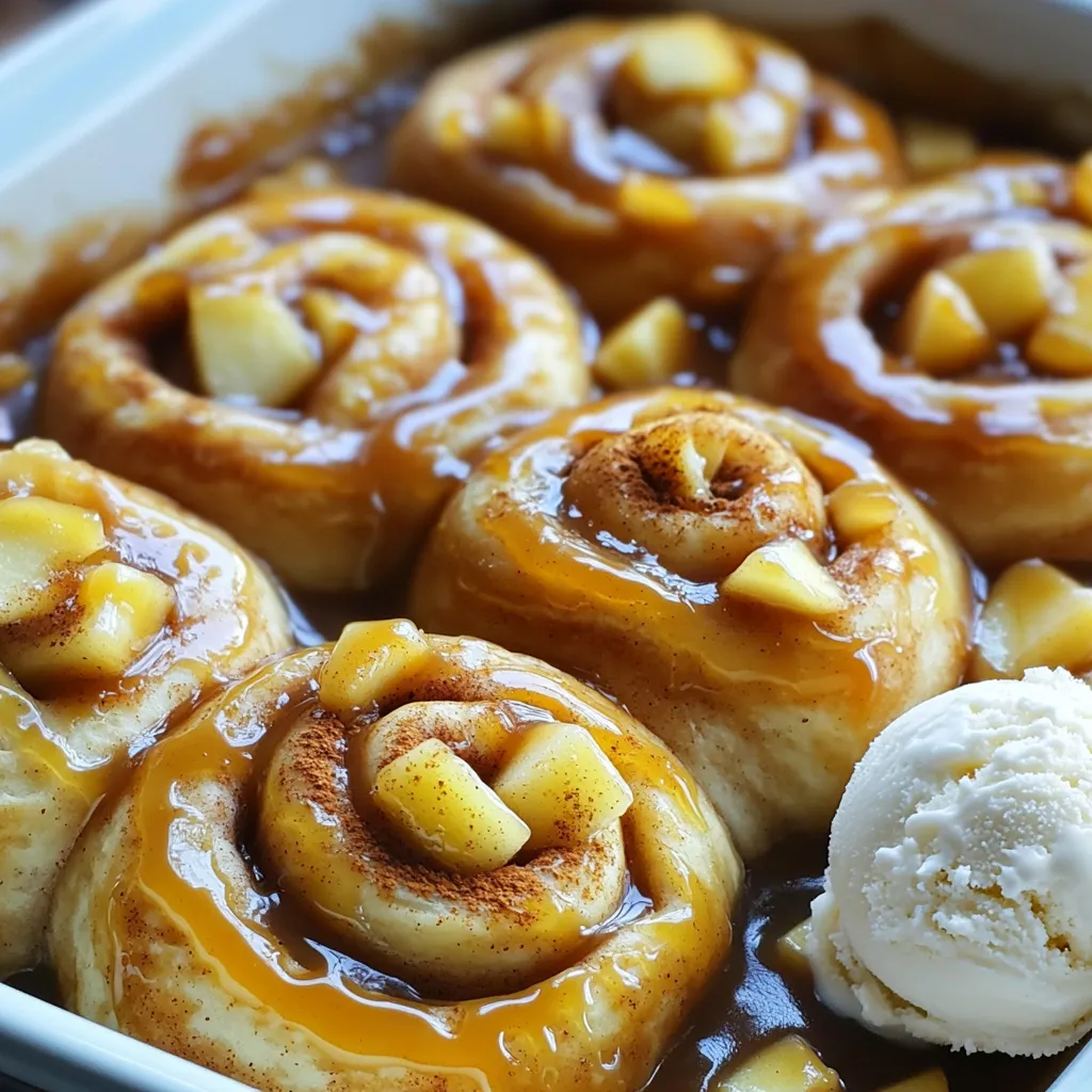 - 4 cups all-purpose flour - 1 packet active dry yeast (2 1/4 teaspoons) - 1/2 cup warm milk - 1/4 cup granulated sugar - 1/2 cup unsalted butter, melted - 1/2 teaspoon salt - 2 large eggs - 2 large apples, peeled and diced - 1/2 cup brown sugar - 2 teaspoons ground cinnamon - 1/4 cup unsalted butter, softened - 1 cup brown sugar - 1/2 cup heavy cream - 1/4 cup unsalted butter - 1 teaspoon vanilla extract - Pinch of salt Creating caramel apple cinnamon rolls starts with these essential ingredients. You need to prepare the dough first. Start with flour and yeast. Warm milk helps bring the yeast to life. Add sugar to sweeten your dough. Melted butter gives it richness. Salt enhances all the flavors. Finally, eggs add structure and moisture. Next comes the filling. Choose two large apples. They should be firm and sweet, like Honeycrisp or Granny Smith. Diced apples mix well with brown sugar and cinnamon. This mixture will give your rolls a warm, spicy flavor. Softened butter makes it easy to spread over the dough. Lastly, the caramel sauce ties everything together. Brown sugar creates a deep sweetness. Heavy cream adds richness and a smooth texture. Butter helps the sauce thicken, while vanilla extract gives a lovely aroma. A pinch of salt brightens all the flavors. These ingredients come together to make a soft and sweet delight. You can imagine the aroma filling your kitchen as they bake. 1. Combine milk, sugar, and yeast: In a big bowl, mix warm milk, sugar, and yeast. Let it sit for about 5 to 10 minutes. You want it to get frothy. This means the yeast is alive and ready to work. 2. Add melted butter, salt, and eggs: Next, add the melted butter, salt, and eggs to your yeast mix. Stir until combined. 3. Knead the dough until smooth: Gradually add the flour to the mixture. Knead the dough for about 5 to 7 minutes on a floured surface. When it feels smooth and elastic, it’s ready. 4. Let it rise: Place the dough in a greased bowl. Cover it with a kitchen towel. Let it rise in a warm spot for about 1 hour. It should double in size. 1. Mix diced apples with sugar and cinnamon: In a medium bowl, combine the diced apples with brown sugar and cinnamon. Set this aside. 2. Make the caramel sauce on the stovetop: In a saucepan over medium heat, mix brown sugar, heavy cream, butter, vanilla extract, and a pinch of salt. Stir until it thickens and is smooth. Remove from heat. 1. Roll out the dough and spread apple filling: Once the dough has risen, punch it down. Roll it out on a floured surface into a rectangle, about 1/2 inch thick. Spread the softened butter over the dough. Then sprinkle the apple mixture evenly across the top. 2. Cut and arrange the rolls in the baking dish: Roll the dough tightly from one long edge to the other. Cut the log into 12 equal slices. Place these rolls in a greased 9x13 inch baking dish. 3. Let rise and bake until golden brown: Pour half of the caramel sauce into the bottom of the dish. Place the sliced rolls on top and pour the rest of the sauce over them. Cover the dish with a towel and let the rolls rise again for 30 minutes. Preheat the oven to 350°F (175°C). Bake for 25 to 30 minutes, or until they turn golden brown. These steps lead you to warm, sweet rolls full of caramel and apples. Using warm milk helps activate the yeast. This step gives your rolls a nice rise. Make sure the milk is not too hot. A temperature around 110°F works well. Kneading the dough properly is key. I like to knead for about 5 to 7 minutes. You want the dough to feel smooth and elastic. If it sticks to your hands, use a little flour. Choosing the right apples makes a big difference. I recommend using sweet apples like Fuji or Honeycrisp. These apples hold their shape and add great flavor. To make the caramel sauce smooth, stir constantly as it cooks. This helps avoid lumps. If it gets too thick, add a splash of cream to loosen it up. For toppings, a sprinkle of cinnamon adds warmth. A scoop of vanilla ice cream pairs perfectly. You can also drizzle extra caramel sauce on top for a sweet touch. To present your caramel apple cinnamon rolls, place them on a nice plate. Arrange them in a circle and drizzle caramel over each roll. This makes for a lovely display that is sure to impress! {{image_2}} You can make these rolls gluten-free. Simply replace all-purpose flour with a gluten-free flour blend. Choose a blend that works well for baking. Look for one with xanthan gum added for better texture. This swap keeps the rolls soft and tasty. If you want a vegan version, it's easy to swap out dairy and eggs. Use almond milk or oat milk instead of regular milk. For the butter, try coconut oil or vegan butter. Replace eggs with flaxseed meal mixed with water. This keeps the dough moist and fluffy. Want to jazz up your rolls? Add some nuts, like chopped pecans or walnuts, for crunch. You can also mix in dried fruits, such as raisins or cranberries, for sweetness. Try adding extra spices like nutmeg or ginger for a warm flavor boost. To store leftover caramel apple cinnamon rolls, let them cool first. Place them in an airtight container. You can keep them at room temperature for up to two days. This keeps them soft and sweet. For longer shelf life, refrigerate them. In the fridge, they stay fresh for about a week. Just make sure to wrap them tightly. This helps prevent them from drying out. When it’s time to enjoy your rolls again, you want them warm. The best way is to use the oven. Preheat it to 350°F (175°C). Place the rolls on a baking sheet. Cover them with foil to keep them moist. Heat for about 10-15 minutes. You can also microwave them for a quick fix. Just warm them for 15-20 seconds. Check to see if they are hot enough. If you want to save some rolls for later, freezing is a great option. First, let the rolls cool completely. Wrap each roll in plastic wrap. Then, place them in a freezer bag. Remove as much air as possible. This helps keep them fresh. You can freeze them for up to three months. When you're ready to eat, thaw them overnight in the fridge. Reheat them as described above to enjoy that fresh-baked taste again! To check if the rolls are done, look for a golden brown color. The rolls should also feel firm to the touch. You can use a thermometer for a precise check. The inside temperature should be about 190°F (88°C). If you see these signs, your rolls are ready to enjoy! Yes, you can make the dough ahead of time. After kneading, let it rise for one hour. Then, punch it down and wrap it tightly in plastic wrap. Store it in the fridge for up to 24 hours. When you're ready, take it out and let it warm up before rolling it out. You can swap some ingredients for others based on your needs. If you have allergies, use gluten-free flour instead of all-purpose flour. For a dairy-free option, try almond milk and vegan butter. If you want a twist, add nuts or dried fruit to the filling. In this blog post, we explored how to make delicious caramel apple cinnamon rolls. We went through each step, from mixing the dough to baking the rolls. I shared tips for perfecting your dough and enhancing flavor. Remember, you can make this recipe gluten-free or vegan too. Store leftovers properly to keep them fresh. Enjoy baking these tasty rolls, and impress your friends and family with your delicious creation. Happy baking!