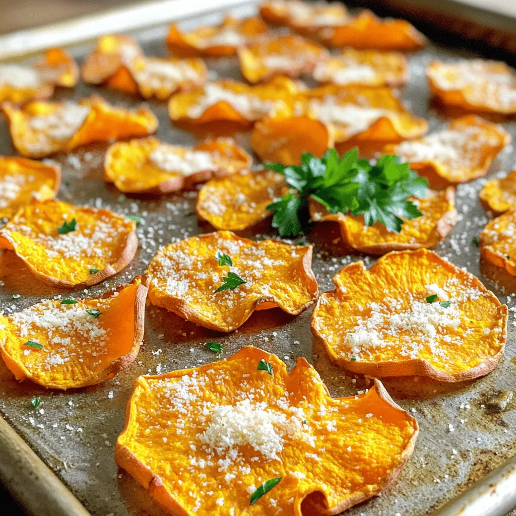 To make Parmesan garlic sweet potato chips, you need a few simple items. Here’s what you'll gather: - 2 large sweet potatoes, thinly sliced - 3 tablespoons olive oil - 3 cloves garlic, minced - 1 teaspoon smoked paprika - ½ teaspoon salt - ¼ teaspoon black pepper - ½ cup grated Parmesan cheese - Fresh parsley, chopped (for garnish) Each ingredient plays a key role. The sweet potatoes add natural sweetness and a lovely texture. Olive oil helps the chips crisp up nicely. Fresh garlic gives a bold flavor that pairs well with the Parmesan. Smoked paprika adds a hint of smokiness, while salt and black pepper enhance all the flavors. Finally, the Parmesan cheese brings a rich, savory taste. Fresh parsley adds color and freshness when you serve the chips. Gather these items, and you are ready to create a tasty snack! Start by preheating your oven to 400°F (200°C). This heat makes the chips crispy. Next, line two baking sheets with parchment paper. This helps the chips not stick. You want them to bake evenly and get nice and crunchy. In a large bowl, mix together the olive oil, minced garlic, smoked paprika, salt, and black pepper. Stir it well until all the ingredients blend together. Then, add the thinly sliced sweet potatoes to the bowl. Toss the sweet potatoes in the oil mixture. Make sure every slice gets coated well. This adds flavor to each chip. Place the sweet potato slices on the prepared baking sheets. Spread them out in a single layer. Avoid overlapping so they cook evenly. Now, sprinkle the grated Parmesan cheese over the slices. This adds a rich, cheesy flavor. Bake the sheets in the oven for about 20-25 minutes. Flip the chips halfway through to ensure they crisp up on both sides. Keep an eye on them. You want them golden brown and crispy. Once the chips are done, take them out of the oven. Let them cool for a few minutes. This helps them crisp up even more. Before serving, garnish with chopped fresh parsley. This adds a burst of color and flavor. Serve these chips warm as a snack or side dish. Enjoy their delicious taste! To get your sweet potato chips extra crispy, follow these steps: - Use a mandoline: This tool helps you slice sweet potatoes thinly and evenly. - Soak in water: Soaking slices in cold water for 30 minutes removes starch. This helps them crisp up better. - Dry the slices: Pat them dry with a towel after soaking. This step removes excess moisture. - Spread them out: Make sure the chips don’t touch when you lay them on the baking sheet. This allows hot air to circulate. - Bake in batches: If you have many slices, bake them in two or more batches. This keeps them from steaming. Even slices make a big difference. When slices are the same thickness, they cook evenly. Some chips get burnt while others stay soft if they are uneven. Use a mandoline for more uniform cuts. If you don’t have one, use a sharp knife and try to keep your slices about 1/8 inch thick. This simple step helps you achieve perfect chips every time. While Parmesan and garlic are great, you can mix things up with different flavors. Here are some ideas: - Herbs: Try rosemary or thyme for a fresh taste. - Cheese: Use cheddar or feta for a different cheese kick. - Spices: Add chili powder or cayenne pepper for some heat. - Sweeten it up: Try a sprinkle of cinnamon and sugar for a sweet treat. Experiment with these options to find your favorite flavor combination! {{image_2}} If you want to change the cheese, try using a mix of cheddar and Parmesan. You can also use vegan cheese if you prefer a plant-based option. Nutritional yeast is a great choice too. It adds a cheesy flavor without dairy. Each option will give your chips a different taste, so feel free to experiment. To boost the flavor, consider adding herbs like thyme or rosemary. You can sprinkle them on before baking. For a tangy twist, try adding lemon zest. If you love heat, toss in some crushed red pepper flakes. Each add-in can change the flavor profile of your chips. If you enjoy spiciness, increase the smoked paprika or add cayenne pepper. Start with a pinch and taste. You can always add more heat later. For a milder version, skip the smoked paprika altogether. Adjusting the spice level makes your chips fit your taste perfectly. To keep your leftover chips fresh, place them in an airtight container. Make sure the container is completely dry. Add a piece of paper towel inside to absorb any moisture. This will help keep them crispy. Store them at room temperature for up to two days. Avoid the fridge, as this can make them soggy. To reheat your chips and regain that crunch, use the oven. Preheat it to 350°F (175°C). Spread the chips on a baking sheet in a single layer. Heat for about 5-10 minutes. Keep an eye on them to avoid burning. This method will help restore their crispiness. If you want to save your chips for later, freezing is a good option. First, let the chips cool completely. Then, spread them out on a baking sheet. Freeze them for 1-2 hours until solid. After that, transfer them to a freezer-safe bag. Remove as much air as possible before sealing. They can last up to three months in the freezer. Yes, you can use regular potatoes. However, sweet potatoes add a natural sweetness. This sweetness pairs well with garlic and Parmesan. Regular potatoes will work but may taste different. They will also have a different texture. If your chips are not crispy, check a few things. First, ensure you sliced the sweet potatoes thinly. Thicker slices won’t crisp up well. Second, make sure to coat them evenly in oil. Finally, bake them long enough and flip halfway. If they still lack crunch, try baking them a bit longer. These chips are best fresh. You can store them in an airtight container for about 2-3 days. After this, they may get soft. To keep them crispy, reheat in the oven or air fryer for a few minutes. Yes, you can make these in an air fryer! Preheat the air fryer to 375°F (190°C). Place the sweet potato slices in a single layer. Cook for 15-20 minutes, shaking the basket halfway. This method gives a nice crisp without much oil. You now have a clear plan for making sweet potato chips. We covered the key ingredients, step-by-step instructions, and helpful tips. You learned about variations and storage methods too. Remember, the secret to great chips is in even slicing and seasoning. Whether serving for a snack or side dish, you can enjoy tasty, crispy chips at home. Go ahead and try this easy recipe. Enjoy your cooking adventure!