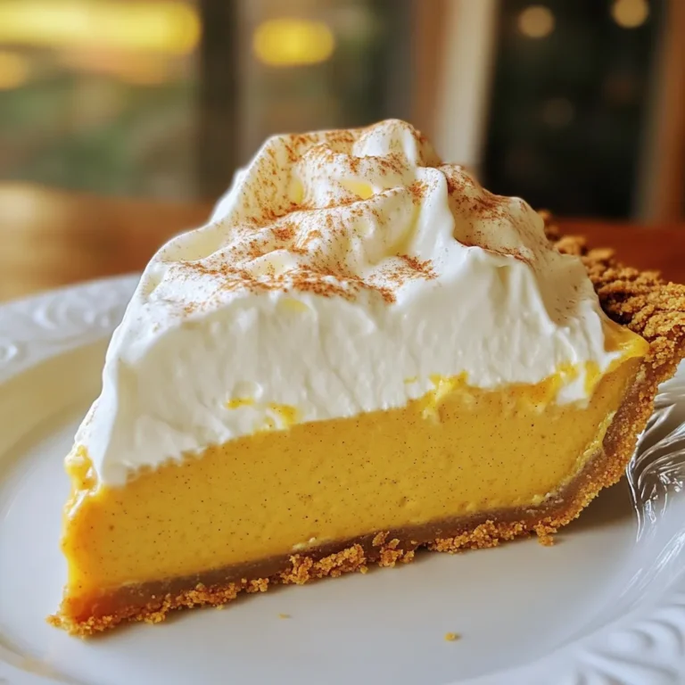 - 1 pre-made graham cracker crust - 1 cup canned pumpkin puree - 1 cup heavy cream - 3/4 cup powdered sugar, divided - 1 teaspoon vanilla extract - 1 teaspoon ground cinnamon - 1/2 teaspoon ground nutmeg - 1/4 teaspoon ground ginger - 1/4 teaspoon salt - 1 tablespoon cornstarch - 1/2 cup cream cheese, softened - 1/2 cup whipped cream (for topping) - Optional: pumpkin spice for garnish To make pumpkin cream pie, gather these simple ingredients. I love using a pre-made graham cracker crust. It saves time and tastes great. Canned pumpkin puree gives you that classic pumpkin flavor. Heavy cream adds richness and helps make the filling light and fluffy. You will need powdered sugar, vanilla extract, and ground spices like cinnamon, nutmeg, and ginger. These spices bring warmth and flavor. Cornstarch helps set the filling, while softened cream cheese adds creaminess. Finally, you top the pie with whipped cream for a lovely finish. If you like, sprinkle some pumpkin spice on top for extra flair. These ingredients are easy to find in most stores. With them, you can whip up a delicious pumpkin cream pie that everyone will love! 1. Mixing the pumpkin filling In a medium bowl, add 1 cup of canned pumpkin puree. Mix in 1/4 cup of powdered sugar, 1 teaspoon of vanilla extract, 1 teaspoon of ground cinnamon, 1/2 teaspoon of ground nutmeg, 1/4 teaspoon of ground ginger, and 1/4 teaspoon of salt. Whisk until smooth. 2. Whipping the cream In a separate bowl, beat 1 cup of heavy cream with an electric mixer. Start at low speed and increase it until soft peaks form. Slowly add the remaining 1/2 cup of powdered sugar. Continue mixing until you see stiff peaks. 3. Combining pumpkin and cream cheese In another bowl, blend 1/2 cup of softened cream cheese with 1 tablespoon of cornstarch. Whisk until smooth. Gently fold the pumpkin mixture into the cream cheese until fully mixed. 4. Folding in the whipped cream Carefully add the whipped cream to the pumpkin mixture. Use a spatula to fold it in gently. This keeps the mixture light and airy, which is key for a great texture. 5. Filling the crust and chilling Spoon the pumpkin cream filling into the pre-made graham cracker crust. Smooth the top with your spatula. Place the pie in the fridge for at least 4 hours, or overnight for the best results. By following these steps, you create a delightful pumpkin cream pie that is both easy and tasty! Enjoy your cooking! To ensure the right texture of the filling, combine the pumpkin puree and spices well. Mix until smooth. This step helps to blend flavors and achieve a creamy texture. Use room temperature cream cheese for easy mixing. This also helps avoid lumps. For achieving stiff peaks in whipped cream, start with cold heavy cream. Use an electric mixer on medium speed. Gradually add powdered sugar as you whip. Keep mixing until the peaks hold their shape. This gives your pie a light, airy topping. To properly fold mixtures without losing air, use a spatula. Gently scoop from the bottom and fold over the top. Repeat this motion until well combined. Avoid stirring too hard, as this can deflate the whipped cream. For ideal toppings and garnishes, add a dollop of whipped cream on each slice. Sprinkle with pumpkin spice for extra flavor. This enhances the pie's look and taste. For recommended accompaniments, serve your pie with coffee or tea. The warmth of these drinks pairs well with the cool pie. A touch of cinnamon in your drink can tie the flavors together beautifully. {{image_2}} You can easily change up the flavor of your pumpkin cream pie. Here are a couple of fun ideas: - Adding chocolate or caramel: Drizzle some melted chocolate or caramel on top of the pie. This adds a rich taste. You can even mix some chocolate chips into the filling for a sweet twist. - Incorporating different spices: Try adding allspice or cloves to the mix. These spices can boost the flavor. Just use a small amount to keep the pumpkin taste strong. If you want to switch up the crust, here are some options: - Gluten-free options: Use a gluten-free graham cracker crust. You can find these at many stores. This way, more people can enjoy your pie. - Homemade crust options: You can make your own crust with crushed cookies or nuts. Mix them with melted butter and press them into a pie dish. This gives your pie a personal touch. These small changes can make your pumpkin cream pie even more delightful! To keep your pumpkin cream pie fresh, refrigerate it. Cover it with plastic wrap or foil. This keeps it safe from other odors in the fridge. Store the pie in the fridge for up to four days. If you have leftover pie, you can freeze it. Wrap it tightly in plastic wrap and then in aluminum foil. This way, your pie can last up to three months in the freezer. How long does pumpkin cream pie last in the fridge? It stays good for about four days. After that, it may not taste fresh. Check for signs that it has gone bad. If the pie smells off or has a change in texture, it’s best to throw it away. Always trust your senses; if it doesn’t look or smell right, don’t eat it. Can I use fresh pumpkin instead of canned? Yes, you can use fresh pumpkin. First, cook the pumpkin until it is soft. Then, mash it and strain any excess water. This gives you a nice, creamy texture. How do I make a dairy-free version? To make this pie dairy-free, swap heavy cream for coconut cream. Use dairy-free cream cheese as well. Both will keep the pie rich and tasty. What if I want to make it ahead of time? You can prepare the pie a day ahead. Make the filling and crust, then refrigerate. It will taste even better after chilling overnight. Can I use a different type of crust? Absolutely! You can use a homemade pie crust, an Oreo crust, or even a gluten-free crust. Each option adds its own flavor and texture. We covered how to make a delicious pumpkin cream pie using simple ingredients. You learned the steps for mixing the filling and whipping the cream. I shared tips for perfect texture and best ways to serve your pie. You also discovered fun variations and storage tips. When you make this pie, I hope it brings joy and warmth. Enjoy every bite and share it with friends and family!