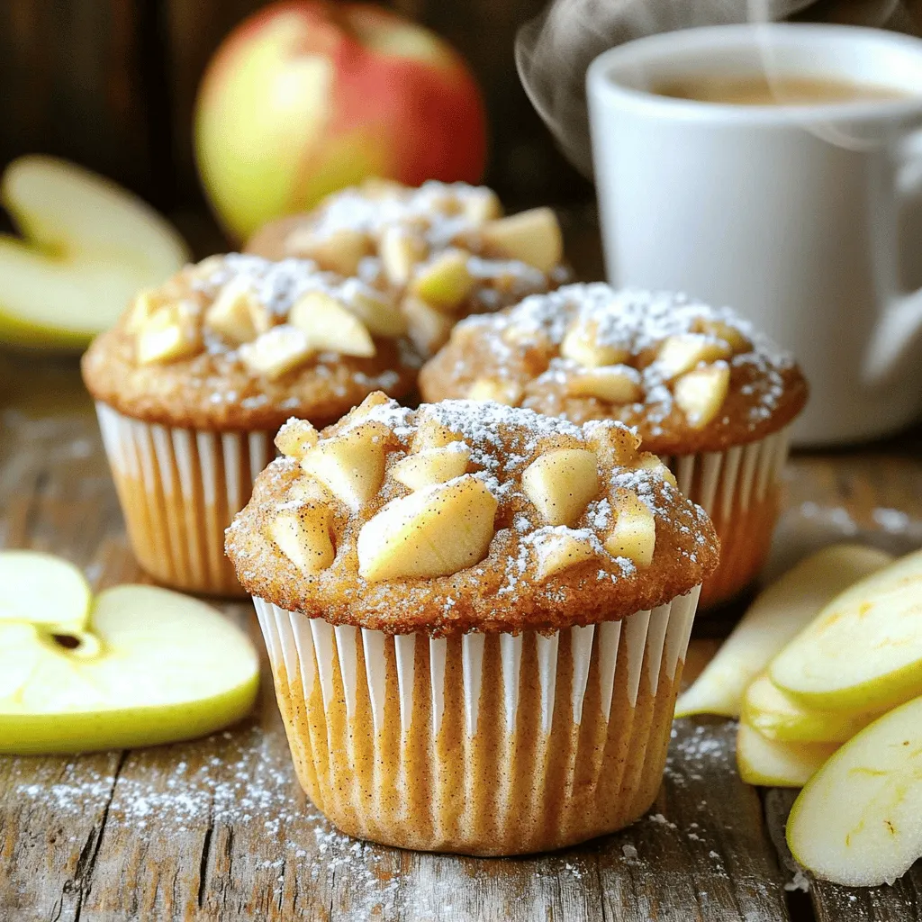 To make Apple Cinnamon Coffee Cake Muffins, gather these main ingredients: - 2 cups all-purpose flour - 1 cup granulated sugar - 1 tablespoon baking powder - 1 teaspoon ground cinnamon - ½ teaspoon salt - ½ cup unsalted butter, softened - 2 large eggs - 1 cup milk - 1 teaspoon vanilla extract - 2 cups apples, peeled and diced (preferably Granny Smith or Honeycrisp) These ingredients blend perfectly to create muffins that are soft and flavorful. You can add extra flavor with these optional ingredients: - ½ cup chopped pecans or walnuts - ¼ cup brown sugar (for topping) - Extra cinnamon (for topping) Using nuts adds a nice crunch. The brown sugar topping gives a sweet finish. If you need to convert measurements, here is a quick guide: - 1 cup = 8 fluid ounces - ½ cup = 4 fluid ounces - 1 tablespoon = 3 teaspoons These conversions help when you need precise measurements for your baking. Start by preheating your oven to 350°F (175°C). Line your muffin tin with paper liners. If you prefer, grease the cups with cooking spray. This helps prevent sticking and makes cleanup easier. In a large mixing bowl, add 2 cups of all-purpose flour. Then, mix in 1 cup of granulated sugar, 1 tablespoon of baking powder, 1 teaspoon of ground cinnamon, and ½ teaspoon of salt. Whisk them together until well combined. This forms the base for your muffins. In a separate bowl, cream ½ cup of softened butter using an electric mixer. Once it’s smooth, add 2 large eggs, mixing well after each one. Then, pour in 1 cup of milk and 1 teaspoon of vanilla extract. Mix until everything is blended. This gives your muffins their rich flavor. Now, slowly add the wet mixture to the dry ingredients. Stir gently until just combined. It’s okay if the batter is a bit lumpy. Overmixing can make your muffins tough, so mix until you see no dry flour. Fold in 2 cups of peeled and diced apples. If you like nuts, add ½ cup of chopped pecans or walnuts now. Use a spoon or ice cream scoop to divide the batter evenly among the muffin cups. Fill each cup about ⅔ full. In a small bowl, mix together ¼ cup of brown sugar and some extra cinnamon. Sprinkle this topping generously over your muffins. Then, place the muffin tin in the oven. Bake for 18-22 minutes. Check if they are done by inserting a toothpick in the center. If it comes out clean, they’re ready. Once baked, let the muffins cool in the pan for about 5 minutes. After that, transfer them to a wire rack. Allow them to cool completely before serving. Enjoy the warm, sweet smell filling your kitchen! To keep the muffins moist, do not overbake them. Bake until a toothpick comes out clean. Also, use fresh ingredients. Fresh apples add moisture and flavor. You can also add a little extra milk to the batter for a softer texture. Granny Smith and Honeycrisp apples are my top picks. They hold their shape well and have a nice balance of sweet and tart. Other good options include Fuji and Braeburn. These apples add great flavor to your muffins. Mix the batter gently. When combining wet and dry ingredients, stir just until combined. It’s okay if there are lumps. Overmixing will lead to tough muffins. Remember, a light hand makes for fluffy treats. I love serving these muffins warm. Dust them with powdered sugar for a sweet touch. Pair them with coffee or tea for a delightful snack. You can also add fresh apple slices on the side for extra crunch. Enjoy them fresh out of the oven for the best flavor! {{image_2}} To make gluten-free apple cinnamon muffins, swap the all-purpose flour with a gluten-free blend. Look for a blend that includes xanthan gum, as it helps the muffins rise. You can follow the same recipe steps. The muffins will still be soft and moist. You won’t miss the gluten at all! To create vegan apple coffee cake muffins, replace the eggs with flaxseed meal or applesauce. Use a plant-based milk like almond or oat milk instead of regular milk. Substitute the butter with coconut oil or vegan butter. The flavor will remain rich, and the muffins will still be fluffy and delicious. Feel free to mix in other fruits for extra flavor. Pears, blueberries, or cranberries work well. You can also add spices like nutmeg or ginger for a twist. Just keep the apple amount the same. This will keep the muffins moist and tasty. Experimenting with flavors makes baking fun! To keep your apple cinnamon coffee cake muffins fresh, store them in an airtight container. This prevents them from drying out. Place a piece of parchment paper between layers if you stack them. It helps reduce sticking. Keep them at room temperature for the best taste. Avoid direct sunlight or heat sources, as they can change the texture. When stored properly, these muffins can last for about three days at room temperature. If you want to keep them longer, consider refrigerating them. In the fridge, they can last up to a week. However, they may lose some moisture. If you notice any mold or an off smell, it’s best to toss them. Freezing muffins is a great way to enjoy them later. To freeze, let them cool completely first. Wrap each muffin tightly in plastic wrap or foil. Place wrapped muffins in a freezer-safe bag or container. They can stay frozen for up to three months. When you’re ready to eat, thaw them in the fridge overnight or microwave them for a quick warm-up. Enjoy your muffins anytime! Yes, you can use other sweeteners. Maple syrup or honey can work. If you choose to use these, reduce the liquid a bit. You can also try coconut sugar for a different taste. Each sweetener gives a unique flavor. You can use applesauce as an egg substitute. Use 1/4 cup of applesauce for each egg. This keeps the muffins moist. You can also use mashed bananas for a sweet twist. Ground flaxseed mixed with water is another good option. Mix 1 tablespoon of flaxseed with 2.5 tablespoons of water and let it sit. To make the tops crunchy, add more brown sugar. Mix it with extra cinnamon and sprinkle it on top before baking. You can also add oats to the topping for extra texture. This gives a nice crunch that pairs well with the soft muffin inside. Yes, you can use different nuts. Almonds or pistachios are great options. If you prefer no nuts, just leave them out. The muffins will still taste amazing. The apples bring plenty of flavor, even without nuts. This blog covered all you need to make delicious apple muffins. You learned about essential ingredients and optional toppings. We shared clear steps for mixing and baking the muffins just right. Helpful tips ensured they stay moist and tasty. Many variations fit different diets and tastes. Lastly, we detailed how to store muffins for later enjoyment. Now, with this knowledge, you can bake with confidence and explore new flavors. Enjoy your baking journey!