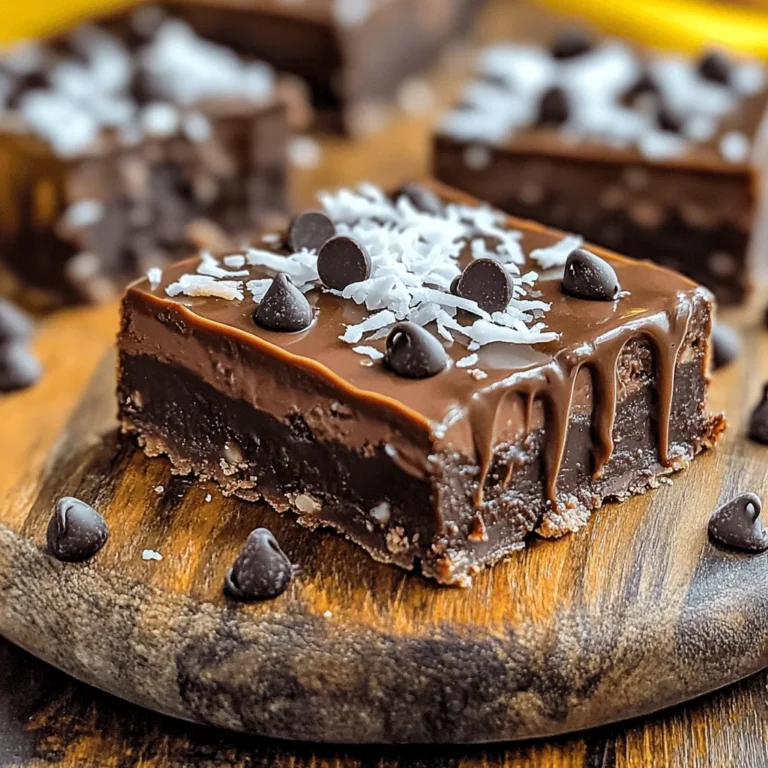 To make Chocolate Almond Coconut No Bake Bars, you need: - 1 cup almond flour - 1 cup unsweetened shredded coconut - 1/2 cup natural almond butter - 1/4 cup pure maple syrup - 1/4 cup cocoa powder - 1 tablespoon coconut oil, melted - 1 teaspoon vanilla extract - A pinch of sea salt - 1/4 cup dark chocolate chips (dairy-free if desired) Choosing high-quality ingredients makes a big difference in flavor. Here are some tips: - Almond flour: Look for finely ground almond flour for a smooth texture. - Shredded coconut: Choose unsweetened coconut for a pure taste. - Almond butter: Go for natural almond butter without added sugars or oils. - Maple syrup: Use pure maple syrup for the best sweetness and flavor. - Cocoa powder: Select unsweetened cocoa powder with a rich chocolate taste. - Dark chocolate chips: Pick dairy-free chips if you want to keep it vegan. You can easily adjust this recipe to fit different diets: - Nut-free: Use sunflower seed butter instead of almond butter. - Gluten-free: This recipe is already gluten-free since it uses almond flour. - Sugar-free: Substitute maple syrup with a sugar-free syrup or a sweetener like stevia. - Coconut-free: Replace shredded coconut with more almond flour or oats for texture. These changes let everyone enjoy these tasty bars! Start by gathering all your ingredients. You need almond flour, shredded coconut, cocoa powder, almond butter, maple syrup, coconut oil, vanilla extract, sea salt, and dark chocolate chips. In a large bowl, mix the almond flour, shredded coconut, and cocoa powder. Stir until everything is mixed well. In another bowl, whisk the almond butter, maple syrup, melted coconut oil, vanilla, and sea salt. Keep whisking until the mixture is smooth. Now, pour this wet mix into the dry ingredients. Stir until you have a sticky dough. Make sure you mix well to blend all the flavors. If the mix feels too dry, add a bit more almond butter. If it’s too wet, add a little more almond flour. When you add the dark chocolate chips, fold them in gently. This way, they spread evenly in the dough. A spatula can help you press the mixture firmly into the baking dish. This step is key for a nice, firm bar. After chilling for at least one hour, remove the bars using the parchment paper. Cut them into squares or rectangles. For a lovely presentation, serve on a rustic wooden board. Drizzle some melted dark chocolate on top for an elegant look. You can also sprinkle extra shredded coconut for a nice touch. These bars are perfect for sharing or enjoying all by yourself! When making Chocolate Almond Coconut No Bake Bars, watch out for some common issues. First, don’t forget to measure your ingredients carefully. Too much flour or coconut can make the bars dry. Also, be sure to mix the wet and dry ingredients well. If they don't blend, the bars might fall apart. Finally, don't skip chilling them. Skipping this step leads to soft, crumbly bars. To make the bars firmer, add a bit more almond flour. You can also increase the cocoa powder for a richer taste. If you want softer bars, use a little less almond flour. You can also add more almond butter for extra moisture. Adjusting the maple syrup can help, too. More syrup makes the bars sweeter and softer. Serve these bars on a rustic wooden board for a nice touch. Drizzle some melted dark chocolate on top for extra flavor. You can also sprinkle extra shredded coconut for a beautiful look. For a fun twist, try adding fresh fruit or nuts on the side. These bars pair well with a cold glass of almond milk or coconut milk for a sweet treat. {{image_2}} If you want to make these bars nut-free, swap almond flour with sunflower seed flour. You can also use sunflower seed butter instead of almond butter. This way, you keep the creamy texture and flavor without any nuts. To add a twist, try spices or extracts. A dash of cinnamon can warm the bars nicely. You might enjoy a hint of orange zest for freshness. If you love mint, add a drop of peppermint extract. These small changes can make a big impact! Feel free to customize your bars with different mix-ins. Dried fruits like cranberries or raisins add sweetness. Chopped dates or figs offer a chewy texture. If you want extra crunch, throw in some seeds like pumpkin or sunflower seeds. Each mix-in brings new flavors and fun! To keep your Chocolate Almond Coconut No Bake Bars fresh, store them in an airtight container. Line the container with parchment paper to avoid sticking. Keep the bars in the refrigerator. This keeps them firm and tasty. If you plan to eat them within a week, this is best. For longer storage, freezing works well. These bars can last up to one week in the fridge. If you freeze them, they can last for up to three months. Cut the bars before freezing. Wrap each piece tightly in plastic wrap. Then, place them in a freezer bag. This prevents freezer burn and keeps the flavor intact. To enjoy your frozen bars, simply take them out of the freezer. Let them sit at room temperature for about 10 to 15 minutes. This softens them nicely. You can also place them in the fridge overnight to thaw. Enjoy them as a snack, dessert, or energy boost! Yes, you can use other nut butters. Peanut butter works great, too. Cashew butter adds a nice creaminess. Just pick a nut butter you love. The flavor may change a bit, but that’s okay! To make these bars vegan-friendly, ensure your chocolate chips are dairy-free. Use a plant-based butter if you choose to swap almond butter. The maple syrup is already vegan, so you’re all set! Just follow the recipe as is, and enjoy your treat! These bars pair well with fresh fruit. Try serving them with berries or banana slices. You can also add a scoop of coconut yogurt on the side. Drizzling extra melted chocolate on top is a fun touch! Enjoy serving these bars any way you like. This article covered key points for making delicious bars. We discussed choosing quality ingredients and offered tips for substitutions. You learned step-by-step instructions for mixing and serving them well. We also explored common mistakes and variations to suit your taste. Lastly, we shared storage tips and answered your FAQs. Remember, the right ingredients and methods lead to great results. Enjoy experimenting with flavors to find your favorites.