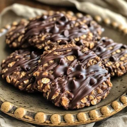 - 1 cup natural peanut butter - 1/2 cup honey or maple syrup - 1 teaspoon vanilla extract - 2 cups rolled oats - 1/2 cup dark chocolate chips - 1/4 cup unsweetened cocoa powder - 1/2 teaspoon sea salt - Optional: 1/4 cup chopped nuts (such as walnuts or almonds) These ingredients come together to create a tasty cookie. Each one plays a key role. Natural peanut butter gives a rich, creamy base. Honey or maple syrup adds sweetness and binds everything. Vanilla extract brings a warm flavor. Rolled oats add texture and chewiness. Dark chocolate chips melt slightly, creating pockets of chocolate bliss. Cocoa powder gives a deep chocolate taste. Sea salt enhances all the flavors, making them pop. If you want more crunch, add chopped nuts. Walnuts or almonds work well. They give a nice contrast to the chewy oats. This mix of flavors and textures makes these cookies special. You can find these ingredients at your local store. Always choose high-quality items for the best taste. Fresh ingredients make a big difference in your cookies. Enjoy mixing these simple yet delicious ingredients! 1. Melt peanut butter mixture In a medium saucepan, add 1 cup of natural peanut butter, 1/2 cup of honey or maple syrup, and 1 teaspoon of vanilla extract. Heat this over low heat. Stir it well until it melts, which takes about 2-3 minutes. Remove it from the heat once it’s smooth. 2. Combine oat mixture Grab a large bowl and mix 2 cups of rolled oats, 1/2 cup of dark chocolate chips, 1/4 cup of cocoa powder, and 1/2 teaspoon of sea salt. Stir until all the dry ingredients blend together. 3. Mix wet and dry ingredients Pour the warm peanut butter mixture over the oat mixture. Stir this well until everything combines. If you want a crunch, fold in 1/4 cup of chopped nuts like walnuts or almonds. 4. Form cookies on baking sheet Line a baking sheet with parchment paper. Use a cookie scoop or a spoon to drop heaping tablespoons of the mix onto the sheet. Shape them into cookie mounds. 5. Refrigerate to set Flatten each mound slightly with a fork or your fingers. Then place the baking sheet in the refrigerator for at least 30 minutes. This will help the cookies set. - For each step, take clear images. This helps you see how the mixture should look. - Consider adding a video tutorial link that shows the whole process. Watching can make it easier to follow along. - Alternatives for sweeteners: If you want a different sweet taste, try agave syrup or brown sugar. Both options work well in this recipe. They add sweetness without changing the flavor much. - Nut-free options: If you need nut-free cookies, use sun butter instead of peanut butter. It gives a similar creamy texture and taste. You can also skip the nuts entirely for a simpler cookie. - Adjusting oats and cocoa ratio: You can tweak the oats and cocoa powder to get your favorite texture. If you want a chewier cookie, add more oats. For a richer chocolate taste, increase the cocoa powder. Just remember to keep the balance right. - Ensuring proper cooling time: Let the cookies chill in the fridge for at least 30 minutes. This step is key for the cookies to hold their shape. If you skip this, they may turn out too soft and crumbly. {{image_2}} You can make these cookies even more tasty. Try adding spices like cinnamon. Just a pinch gives warm flavor. It pairs well with chocolate and peanut butter. You can also switch up the chocolate types. Use milk chocolate or white chocolate chips. This changes the taste and look of the cookies. Each chocolate adds its own sweet touch. These cookies can fit many diets. If you want a vegan option, swap honey for maple syrup. This makes them sweet and still yummy. For a gluten-free version, choose gluten-free oats. This way, everyone can enjoy them. Just make sure the oats are certified gluten-free. To keep your Chocolate Peanut Butter Oatmeal Cookies fresh, use an airtight container. This helps maintain their taste and texture. A glass or plastic container with a tight seal works well. Make sure to place a piece of parchment paper between layers if stacking. Store the cookies in the refrigerator to keep them firm and tasty. These cookies last up to one week in the fridge. After that, they may lose their great taste. Look for signs of spoilage, like an off smell or a change in texture. If they feel too soft or have a strange taste, it’s time to toss them out. Enjoy these cookies fresh for the best flavor! Can I freeze no-bake cookies? Yes, you can freeze no-bake cookies. Place them in an airtight container. Layer parchment paper between cookies to prevent sticking. They will stay fresh for up to three months. Just thaw them in the fridge before enjoying. What can I use instead of peanut butter? If you need a substitute for peanut butter, try almond butter or sunflower seed butter. Both options work well and bring their unique flavors. You can also use tahini for a nut-free choice. How do I know when the cookies are set? You can tell the cookies are set when they feel firm to touch. They should not be sticky or soft. After chilling for 30 minutes, check them in the fridge. If they hold shape, they're ready to eat! No-bake cookies are simple to make with just a few ingredients. We covered natural peanut butter, oats, and dark chocolate chips. You now know how to combine and shape the cookies, plus tips for texture and storage. For a personal touch, try different flavors or dietary options. Enjoy your cookies fresh or stored, and remember to check for spoilage. No-bake cookies are easy and fun to create, making them a great treat anytime.
