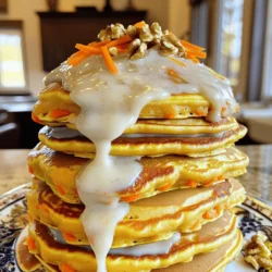 - 1 cup all-purpose flour - 1 teaspoon baking powder - 1/2 teaspoon baking soda - 1/2 teaspoon ground cinnamon - 1/4 teaspoon ground nutmeg - 1/4 teaspoon salt - 1 cup grated carrots (about 2 medium carrots) - 1/4 cup granulated sugar - 1/4 cup brown sugar, packed - 1 large egg - 1 cup buttermilk - 2 tablespoons vegetable oil - 1 teaspoon vanilla extract - 1/2 cup chopped walnuts - Ingredients for cream cheese glaze In this recipe, we use a mix of dry and wet ingredients to create our pancake batter. The dry ingredients include flour, baking powder, baking soda, and spices. These add flavor and help the pancakes rise. I love to use fresh spices like cinnamon and nutmeg. They make the pancakes smell amazing. The wet ingredients feature grated carrots, which give the pancakes their signature taste and texture. You’ll also find sugars, egg, buttermilk, and oil among them. Each one plays a vital role in making the pancakes moist and rich. Buttermilk adds a nice tang, too. If you want to add extra crunch, consider walnuts. They blend perfectly with the spices and sweetness. Remember, the cream cheese glaze is a must! It adds a creamy, delightful touch to every bite. Trust me, it complements the pancakes beautifully. Enjoy gathering these ingredients; they set the stage for a fun cooking experience! - In a large bowl, whisk together: - 1 cup all-purpose flour - 1 teaspoon baking powder - 1/2 teaspoon baking soda - 1/2 teaspoon ground cinnamon - 1/4 teaspoon ground nutmeg - 1/4 teaspoon salt This mix of dry ingredients gives the pancakes a great rise and flavor. - In another bowl, mix the wet ingredients until smooth: - 1 cup grated carrots (about 2 medium carrots) - 1/4 cup granulated sugar - 1/4 cup brown sugar, packed - 1 large egg - 1 cup buttermilk - 2 tablespoons vegetable oil - 1 teaspoon vanilla extract Combining these ingredients adds moisture and sweetness. - Pour the wet mix into the dry mix. Whisk gently until just combined. It’s okay if there are a few lumps. If you like, fold in 1/2 cup chopped walnuts for extra crunch and flavor. - Preheat a non-stick skillet over medium heat. Lightly grease it with cooking spray or a bit of oil. - Pour 1/4 cup of batter onto the skillet for each pancake. Cook for 2-3 minutes until bubbles form on the surface and edges look dry. - Carefully flip each pancake and cook for another 2-3 minutes until golden brown. Transfer them to a warm plate while you cook the rest. - In a bowl, combine the glaze ingredients: - 4 oz cream cheese, softened - 1/2 cup powdered sugar - 2 tablespoons milk - 1 teaspoon vanilla extract Mix well using a hand mixer or whisk until smooth and creamy. - If you want a thinner glaze, adjust the consistency by adding more milk as needed. Serve the warm pancakes drizzled with the cream cheese glaze for a delightful treat! To get the best texture, avoid overmixing the batter. When you mix, stop once you see a few lumps. This helps keep the pancakes fluffy. Also, use a hot non-stick skillet. Preheat it over medium heat for even cooking. A hot skillet ensures the pancakes brown nicely. If you have leftover pancakes, let them cool first. Place them in an airtight container. They will last in the fridge for about three days. To reheat, pop them in the microwave for 20-30 seconds. For the cream cheese glaze, store it in the fridge too. Keep it in a sealed container. It should last for up to a week. When ready to use, stir it to bring back the smooth texture. Garnishing your pancakes can make them more appealing. Try adding extra grated carrots on top. Chopped walnuts also add a nice crunch. Stack the pancakes high on a plate for a beautiful display. Serve them with a drizzle of maple syrup for extra sweetness. These pancakes are perfect for breakfast or brunch. Enjoy them with friends or family! {{image_2}} You can change up your carrot cake pancakes with seasonal spices. Try adding ginger for warmth or cardamom for a unique twist. You can also mix in fruits like pineapple or raisins. Pineapple gives a sweet and juicy bite, while raisins add chewy texture and extra sweetness. If you need gluten-free pancakes, use almond or coconut flour. These flours work great and keep the pancakes light. For a vegan option, replace the egg with a flaxseed meal or a ripe banana. Swap buttermilk for almond milk mixed with vinegar. This keeps the taste rich and creamy. Infuse your batter with citrus zest. A bit of orange or lemon zest brightens up the flavor. You can also add chocolate chips or coconut flakes for fun surprises in every bite. Chocolate pairs well with the sweetness of the carrots, while coconut gives a tropical feel. Carrot cake pancakes stay fresh in the fridge for about three days. Store them in an airtight container to keep them moist and tasty. For the cream cheese glaze, store it separately in the fridge. It lasts about a week. Just make sure to cover it tightly. To freeze pancakes, stack them with parchment paper between each one. Place the stack in a freezer bag or container. This keeps them from sticking together. When you want to eat them, reheat in the microwave or toaster. Heat them for about 30 seconds, or until warm. This method works well for long-term use. Do you have extra grated carrots? You can add them to salads or smoothies for a nutrient boost. They also work well in muffins or bread. If you have leftover cream cheese glaze, try it on brownies or as a dip for fruit. It adds a sweet touch to many desserts. Yes, you can make these pancakes ahead of time. To prep in advance: - Cook the pancakes and let them cool. - Stack them with parchment paper between each one. - Store them in an airtight container in the fridge for up to three days. - To reheat, place them in a toaster or microwave until warm. If you don’t have buttermilk, you can use: - Milk mixed with vinegar or lemon juice. Use 1 cup of milk and add 1 tablespoon of vinegar or lemon juice. - Yogurt, thinned with a bit of water or milk, works well too. - You can also use plant-based milk with a splash of vinegar for a dairy-free option. To check if pancakes are done, look for these signs: - Bubbles will form on the surface of the batter. - The edges of the pancakes will look slightly dry. - When flipped, they should be golden brown. These signs mean your pancakes are ready to enjoy! In this blog post, I covered how to make delicious carrot pancakes. You learned about the essential dry and wet ingredients, plus optional add-ins. I shared step-by-step cooking instructions and tips for storage. You can also explore variations and creative uses for leftovers. Now, it’s time to enjoy your pancakes! With these recipes and tips, you’ll impress everyone at breakfast or brunch. So grab those ingredients and get cooking!
